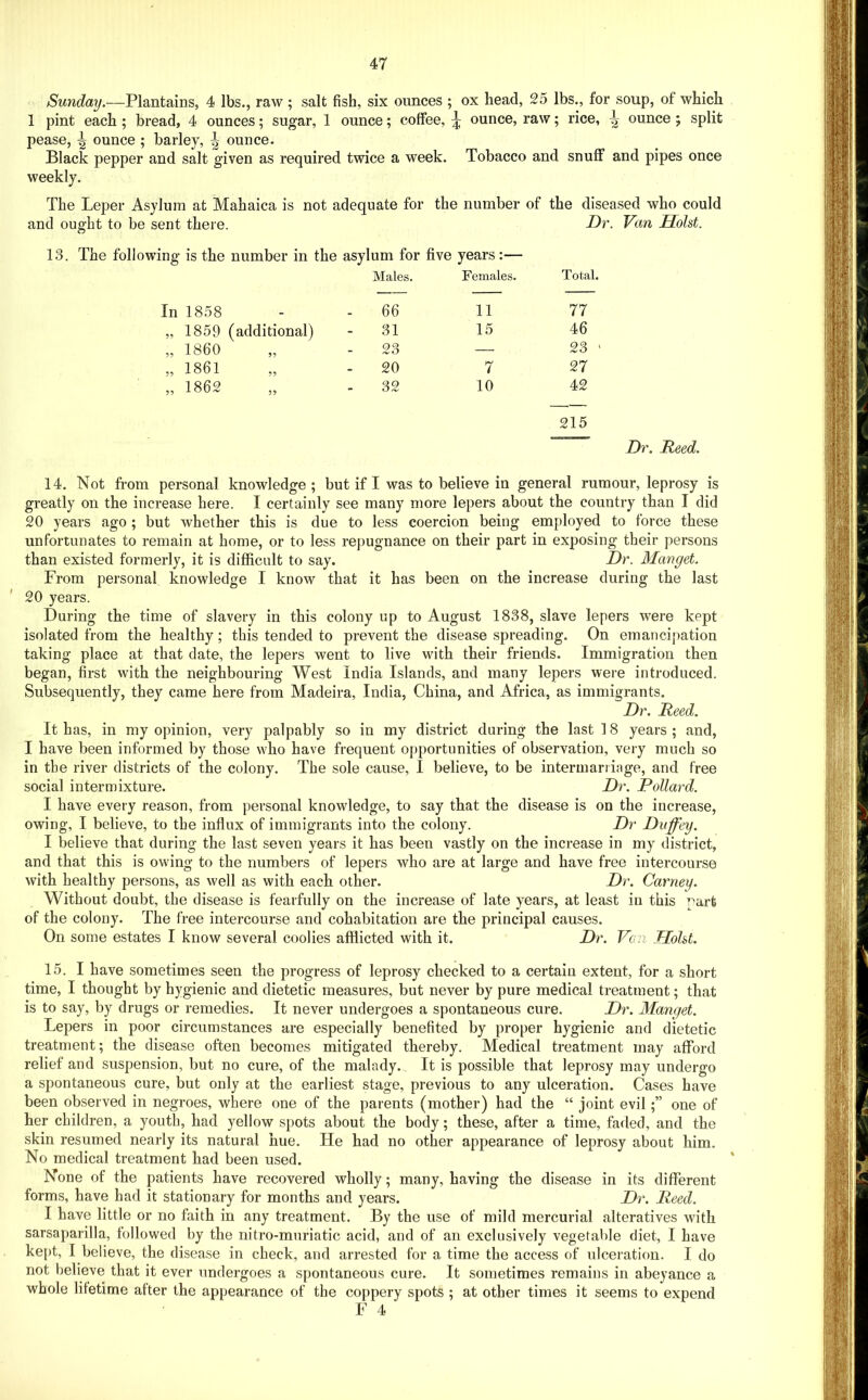 Sunday.—Plantains, 4 lbs., raw; salt fish, six ounces ; ox head, 25 lbs., for soup, of which 1 pint each; bread, 4 ounces; sugar, 1 ounce; coffee, ^ ounce, raw; rice, ^ ounce ; split pease, ^ ounce ; barley, ^ ounce. Black pepper and salt given as required twice a week. Tobacco and snuff and pipes once weekly. The Leper Asylum at Mahaica is not adequate for the number of the diseased who could and ought to be sent there. L)r. Van Holst. 13. The following is the number in the asylum for five years:— Males. Females. Total. In 1858 - 66 11 77 „ 1859 (additional) 31 15 46 „ I860 23 — 23 ' „ 1861 20 7 27 „ 1862 32 10 42 215 Dr. Reed. 14. Not from personal knowledge ; but if I was to believe in general rumour, leprosy is greatly on the increase here. I certainly see many more lepers about the country than I did 20 years ago ; but whether this is due to less coercion being employed to force these unfortunates to remain at home, or to less repugnance on their part in exposing their persons than existed formerly, it is difficult to say. Dr. Mangel. From personal knowledge I know that it has been on the increase during the last 20 years. During the time of slavery in this colony up to August 1838, slave lepers were kept isolated from the healthy; this tended to prevent the disease spreading. On emancipation taking place at that date, the lepers went to live with their friends. Immigration then began, first with the neighbouring West India Islands, and many lepers were introduced. Subsequently, they came here from Madeira, India, China, and Africa, as immigrants. Dr. Reed. It has, in my opinion, very palpably so in my district during the last 18 years ; and, I have been informed by those w'ho have frequent opportunities of observation, very much so in the river districts of the colony. The sole cause, I believe, to be intermarriage, and free social intermixture. Dr. Pollard. I have every reason, from personal knowledge, to say that the disease is on the increase, owing, I believe, to the influx of immigrants into the colony. Dr Diiffey. I believe that during the last seven years it has been vastly on the increase in my district, and that this is owing to the numbers of lepers who are at large and have free intercourse with healthy persons, as well as with each other. Dr. Carney. Without doubt, the disease is fearfully on the increase of late years, at least in this part of the colony. The free intercourse and cohabitation are the principal causes. On some estates I know several coolies afflicted with it. Dr. Van HoUt. 15. I have sometimes seen the progress of leprosy checked to a certain extent, for a short time, I thought by hygienic and dietetic measures, but never by pure medical treatment; that is to say, by drugs or remedies. It never undergoes a spontaneous cure. Dr. Mangel. Lepers in poor circumstances are especially benefited by proper hygienic and dietetic treatment; the disease often becomes mitigated thereby. Medical treatment may afford relief and suspension, but no cure, of the malady. It is possible that leprosy may undergo a spontaneous cure, but only at the earliest stage, previous to any ulceration. Cases have been observed in negroes, where one of the parents (mother) had the “ joint evilone of her children, a youth, had yellow spots about the body; these, after a time, faded, and the skin resumed nearly its natural hue. He had no other appearance of leprosy about him. No medical treatment had been used. None of the patients have recovered wholly; many, having the disease in its different forms, have had it stationary for months and years. Dr. Reed. I have little or no faith in any treatment. By the use of mild mercurial alteratives with sarsaparilla, followed by the nitro-muriatic acid, and of an exclusively vegetal)le diet, I have ke[)t, I believe, the disease in check, and arrested for a time the access of ulceration. I do not believe that it ever undergoes a spontaneous cure. It sometimes remains in abeyance a whole litetime after the appearance of the coppery spots ; at other times it seems to expend F 4