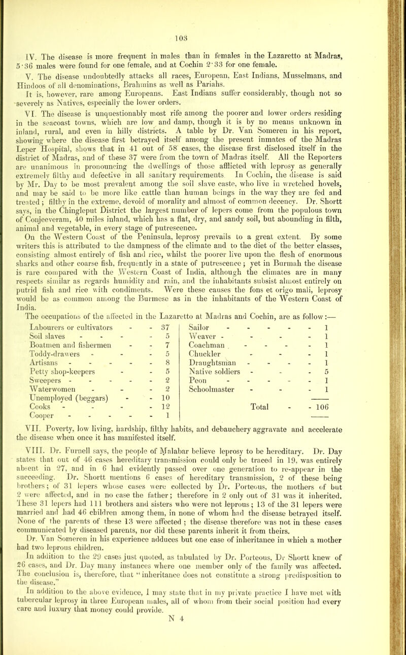IV. The disease is more frequent in males than in females in the Lazaretto at Madras, 5-36 males were found for one female, and at Cochin 2'33 for one female. V. The disease undoubtedly attacks all races, European, East Indians, Musselmans, and Hindoos of all denominations. Brahmins as well as Pariahs. It is, however, rare among Europeans. East Indians suffer considerably, though not so 'Severely as Natives, especially the lower orders. VI. The disease is unquestionably most rife among the poorer and lower orders residing in the seacoast towns, which are low and damp, though it is by no means unknown in inland, rural, and even in hilly districts. A table by Ur. Van Someren in his report, showing where the disease first betrayed itself among the present inmates of the Madras Leper Hospital, shows that in 41 out of 58 cases, the disease first disclosed itself in the district of Madras, and of these 37 were from the town of Madras itself. All the Reporters are unanimous in pronouncing the dwellings of those afflicted with leprosy as generally extremely filthy and defective in all sanitary requirements In Cochin, the disease is said by Mr. Day to be most prevalent among the soil slave caste, who live in wretched hovels, and may be said to be more like cattle than human beings in the way they are fed and treated ; filthy in the extreme, devoid of morality and almost of common decency. Dr. Shortt says, in the Chingleput District the largest number of lepers come from the populous town of Conjeeveram, 40 miles inland, which has a flat, dry, and sandy soil, but abounding in filth, animal and vegetable, in every stage of putrescence. On the Western Coast of the Peninsula, leprosy prevails to a great extent. By some writers this is attributed to the dampness of the climate and to the diet of the better classes, consisting almost entirely of fish and rice, whilst the poorer live upon the flesh of enormous sharks and other coarse fish, frequently in a state of putrescence ; yet in Burmah the disease is I’are comjDared with the .Western Coast of India, although the climates are in many respects similar as regards humidity and rain, and the inhabitants subsist almost entirely on putrid fish and rice with condiments. Were these causes the fons et origo mali, le])rosy would be as common among the Burmese as in the inhabitants of the Western Coast of India. The occupations of the affected in the Lazaretto at Madras and Cochin, are as follow:— Labourers or cultivators - - 37 Soil slaves ... -5 Boatmen and fishermen - - 7 Toddy-drawers - - - 5 Artisans ----- 8 Petty shop-keepers - - 5 Sweepers ----- 2 Waterwomen - - - 2 Unemployed (beggars) - - 10 Cooks - - - - 12 Cooper ----- 1 Sailor ----- j Weaver - - - - 1 Coachman . - - - - 1 Chuckler - - - 1 Draughtsman . - - - 1 Native soldiers - - - 5 Peon ----- 1 Schoolmaster - - - 1 Total - - 106 VII. Poverty, low living, hardship, filthy habits, and debauchery aggravate and accelerate the disease when once it has manifested itself. VIII. Dr. Furnell says, the people of Malabar believe leprosy to be hereditary. Dr. Day states that out of 46 cases hereditary transmission could only be traced in 19, was entirely absent in 27, and in 6 had evidently passed over one generation to re-ap])ear in the succeeding. Dr. Shortt mentions 6 cases of hereditary transmission, 2 of these being brothers; of 31 lepers whose cases were collected by Dr. Porteous, the mothers of but 2 were affected, and in no case the father; therefore in 2 only out of 31 was it inherited. These 31 lepers had 111 brothers and sisters who were not leprous; 13 of the 31 lepers were married and had 46 children among them, in none of whom had the disease betrayed itself. None of the parents of these 13 were affected ; the disease therefore was not in these cases communicated by diseased parents, nor did these parents inherit it from theirs. Dr. Van Someren in his experience adduces but one case of inheritance in which a mother had two leprous children. In addition to the 29 cases just quoted, as tabulated by Dr. Porteous, Dr Shortt knew of 26 cases, and Dr. Day many instances where one member only of the family was affected. The conclusion is, therefore, that “ inheritance does not constitute a strong predisposition to the disease.” In addition to the above evidence, 1 may state that in iny private practice I have met with tubercular leprosy in three European males, all of whom from their social position had every care and luxury that money could pz’ovide. N 4