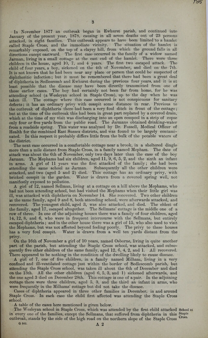 In November 1877 an outbreak began in Ewhurst parish, and continued into January of the present year, 1878, causing in all seven deaths out of 23 persons attacked, in eight families. This outbreak appears to have been limited to a hamlet called Staple Cross, and the immediate vicinity. The situation of the hamlet is remarkably exposed, on the top of a clayey hill, from which the ground falls in all directions except eastward. The first case occurred in the family of a widow named Jarman, living in a small cottage at the east end of the hamlet. There were three children in the house, aged 10, 7, and 4 years. The first two escaped attack. The child of four years, a boy, sickened on the 4th of November, and died on the 7th. It is not known that he had been near any place or person that could be suspected of diphtheritic infection; but it must be remembered that there had been a great deal of diphtheria in Sedlescomb and Ewhurst during the previous four years, and it is at least possible that the disease may have been directly transmitted from one of those earlier cases. The boy had certainly not been far from home, for he was attending school (a Wesleyan school in Staple Cross), up to the day when he was taken ill. The cottage where this case occurred is not conspicuous for sanitary defects; it has an ordinary privy with cesspit some distance in rear. Previous to the outbreak of diphtheria there had been a very foul ditch in front of the cottage; but at the time of the outbreak this had been in great part replaced by a covered drain, which at the time of my visit was discharging into an open cesspool in a strip of copse only four or five yards from the public road. The Jarmans obtained drinking-water from a roadside spring. This water was analysed by Dr. Fussell, Medical Officer of Health for the combined East Sussex districts, and was found to be largely contami- nated. In this respect it probably differs little from the bulk of the potable waters of the district. The next case occurred in a comfortable cottage near a brook, in a sheltered dingle more than a mile distant from Staple Cross, in a family named Mepham. The date of attack was about the 6th of November, only two days later than the case of the boy Jarman. The Mephams had six children, aged 11, 9, 6, 5, 2, and the sixth an infant in arms. A girl of 11 years was the first attacked of the family; she had been attending the same school as Jarman. Subsequently all the other children were attacked, and two (aged 5 and 2) died. This cottage has an ordinary privy, with bricked cesspit in the garden. Water is drawn from a covered spring well, not manifestly exposed to pollution. A girl of 12, named Sellman, living at a cottage on a hill above the Mephams, who had not been attending school, but had visited the Mephams when their little girl was ill, was attacked with diphtheria on November 14. She recovered. Two other children in the same family, aged 9 and 8, both attending school, were afterwards attacked, and recovered. The youngest child, aged 3, was also attacked, and died. The eldest of the family, aged 17, escaped altogether. The Sellmans’ cottage is the middle one of a row of three. In one of the adjoining houses there was a family of four children, aged 14, 12, 8, and 6, who were in frequent intercourse with the Sellmans, but entirely escaped diphtheria; and in the other house there was a girl of 15, who also used to visit the Mephams, but was not affected beyond feeling poorly. The privy to these houses has a very foul cesspit. Water is drawn from a well ten yards distant from the privy. On the 16th of November a girl of 10 years, named Osborne, living in quite another part of the parish, but attending the Staple Cross school, was attacked, and subse- quently five other children of the same family, aged 12, 6, 4, 2, and 1. All recovered. There appeared to be nothing in the condition of the dwelling likely to cause disease. A girl of 7, one of five children, in a family named Milham, living in a very confined and ill-ventilated cottage just within the border of Sedlescomb parish, but attending the Staple Cross school, was taken ill about the 6th of December and died on the 13th. All the other children (aged 6, 5, 3, and 1) sickened afterwards, and the one aged 3 died on December 28th. This cottage is one of a pair. In the adjoining cottage there were three children, aged 5, 3, and the third an infant in arms, who were frequently in the Milhams’ cottage but did not take the disease. Cases of diphtheria appeared in three other families in December, in and around Staple Cross. In each case the child first affected was attending the Staple Cross school. A table of the cases here mentioned is given below. The Wesleyan school in Staple Cross, which was attended by the first child attacked School at in every one of the families, except the Sellmans, that suffered from diphtheria in this Staple outbreak, stands by the side of the high road on the northern slope of the Staple Cross r083' G 582. A 2