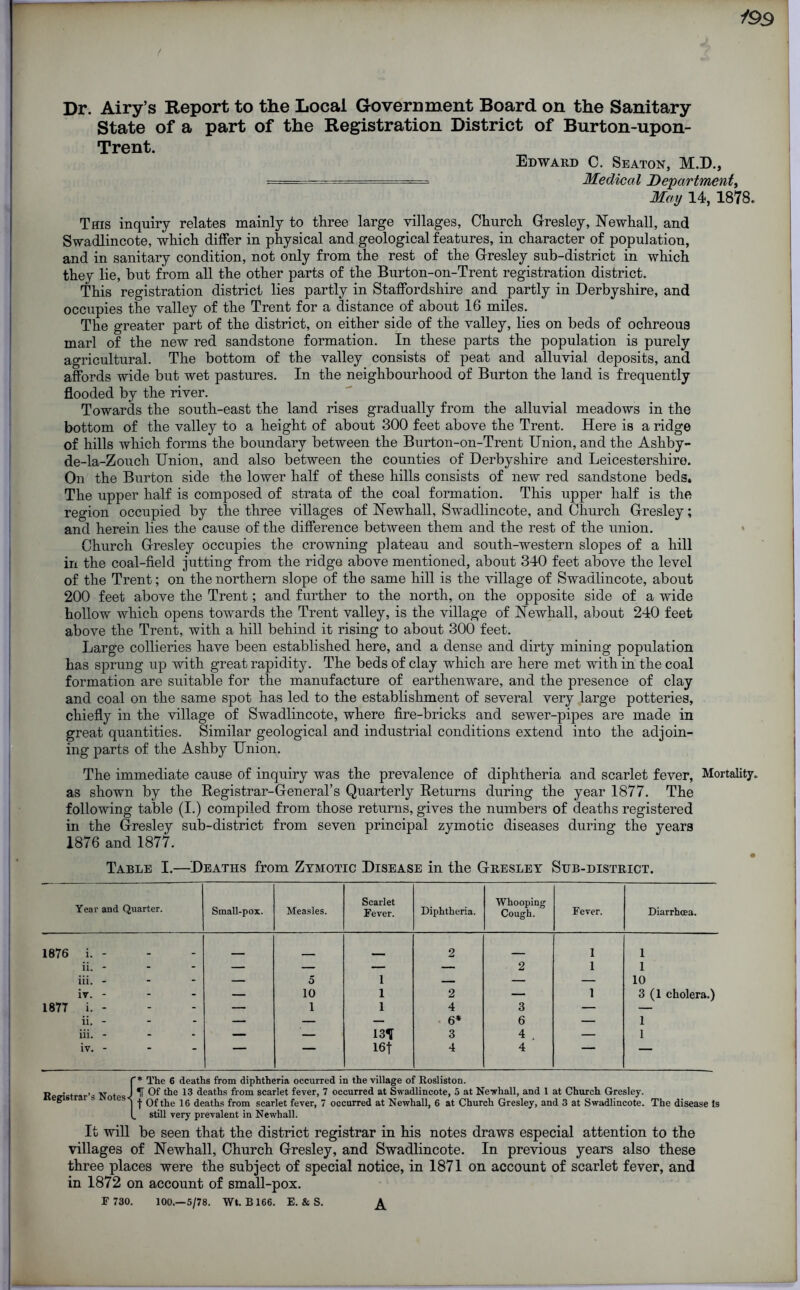 Dr. Airy’s Report to the Local Government Board on the Sanitary State of a part of the Registration District of Burton-upon- Trent. Edward C. Seaton, M.D., ■- ——- ■- - Medical Department, May 14, 1878. This inquiry relates mainly to three large villages, Church Gresley, Newhall, and Swadlincote, which differ in physical and geological features, in character of population, and in sanitary condition, not only from the rest of the Grresley sub-district in which they lie, but from all the other parts of the Burton-on-Trent registration district. This registration district lies partly in Staffordshire and partly in Derbyshire, and occupies the valley of the Trent for a distance of about 16 miles. The greater part of the district, on either side of the valley, lies on beds of ochreous marl of the new red sandstone formation. In these parts the population is purely agricultural. The bottom of the valley consists of peat and alluvial deposits, and affords wide but wet pastures. In the neighbourhood of Burton the land is frequently flooded by the river. Towards the south-east the land rises gradually from the alluvial meadows in the bottom of the valley to a height of about 300 feet above the Trent. Here is a ridge of hills which forms the boundary between the Burton-on-Trent Union, and the Ashby- de-la-Zouch Union, and also between the counties of Derbyshire and Leicestershire. On the Burton side the lower half of these hills consists of new red sandstone beds. The upper half is composed of strata of the coal formation. This upper half is the region occupied by the three villages of Newhall, Swadlincote, and Church Grresley; and herein lies the cause of the difference between them and the rest of the union. Church Gresley occupies the crowning plateau and south-western slopes of a hill in the coal-field jutting from the ridge above mentioned, about 340 feet above the level of the Trent; on the northern slope of the same hill is the village of Swadlincote, about 200 feet above the Trent; and further to the north, on the opposite side of a wide hollow which opens towards the Trent valley, is the village of Newhall, about 240 feet above the Trent, with a hill behind it rising to about 300 feet. Large collieries have been established here, and a dense and dirty mining population has sprung up with great rapidity. The beds of clay which are here met with in the coal formation are suitable for the manufacture of earthenware, and the presence of clay and coal on the same spot has led to the establishment of several very large potteries, chiefly in the village of Swadlincote, where fire-bricks and sewer-pipes are made in great quantities. Similar geological and industrial conditions extend into the adjoin- ing parts of the Ashby Union. The immediate cause of inquiry was the prevalence of diphtheria and scarlet fever, Mortality, as shown by the Registrar-General’s Quarterly Returns during the year 1877. The following table (I.) compiled from those returns, gives the numbers of deaths registered in the Gresley sub-district from seven principal zymotic diseases during the years 1876 and 1877. Table I.—Deaths from Zymotic Disease in the Gresley Sub-district. Year and Quarter. Small-pox. Measles. Scarlet Fever. Diphtheria. Whooping Cough. Fever. Diarrhoea. 1876 i. - _ ■ - _ . 2 1 1 ii. - - — — — — 2 1 1 iii. - - - — 5 1 — — — 10 iv. - - - — 10 1 2 — 1 3 (1 cholera.) 1877 i. - - - — 1 1 4 3 — ii. - - - — — — 6* 6 — 1 iii. - - - — — 13f 3 4 — 1 iv. - “ “ — 16f 4 4 — f* The 6 deaths from diphtheria occurred in the village of Rosliston. RetriKtrar’- N t J If Of the 13 deaths from scarlet fever, 7 occurred at Swadlincote, 5 at Newhall, and 1 at Church Gresley. g so es< j Of the 16 deaths from scarlet fever, 7 occurred at Newhall, 6 at Church Gresley, and 3 at Swadlincote. The disease Is f still very prevalent in Newhall. It will be seen that the district registrar in his notes draws especial attention to the villages of Newhall, Church Gresley, and Swadlincote. In previous years also these three places were the subject of special notice, in 1871 on account of scarlet fever, and in 1872 on account of small-pox. F 730. 100.—5/78. Wt. B166. E. & S. A
