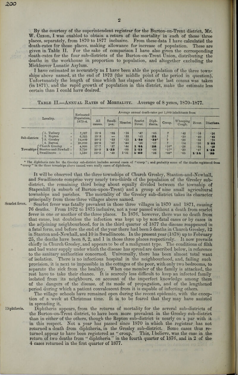 ZOO 2 By the courtesy of the superintendent registrar for the Burton-on-Trent district, Mr. W. Coxon, I was enabled to obtain a return of the mortality in each of those three places, separately, from 1870 to 1877 inclusive. From these data I have calculated the death-rates for those places, making allowance for increase of population. These are given in Table II. For the sake of comparison I have also given the corresponding death-rates for the four sub-districts of the Burton-on-Trent Union, distributing the deaths in the workhouse in proportion to population, and altogether excluding the Mickleover Lunatic Asylum. I have estimated as accurately as I have been able the population of the three town- ships above named, at the end of 1873 (the middle point of the period in question). Unfortunately the length of time which has elapsed since the last census was taken (in 1871), and the rapid growth of population in this district, make the estimate less certain than I could have desired. Table II.—Annual Rates of Mortality. Average of 8 years, 1870-1877. Locality. Estimated Population, 1873-4. Average annual death-rates per 1,000 inhabitants from All causes. Small- pox. Measles. Scarlet Fever. Diph- theria. Croup. Whooping Cough. Fever. Diarrhoea. Cl. Tutbury 7,127 18-6 •05 •16 •47 •05 ? •42 •16 •26 Sub-districts J 2‘ U'U011 6,225 19-8 — •32 •42 •24 9 •20 •40 •42 3. Gresley 14,000 20-5 •53 •55 1-50 •39* ? •38 •33 •78 (_4. Burton 28,890 20-6 •07 •44 •56 •17 9 •54 •26 1-05 C Church Gresley 4,000 17'7 •37 •44 144 •28 •16* •28 ■34 •28 Townships < Stanton-and-Newhall - 3,750 20-0 1*23 •80 1*53 •00 •17* •30 •27 123 1. Swadlincote - 1,530 23*5 •49 1-31 180 •08 •08* •65 H H 98 * The diphtheria rate for the Gresley sub-district includes several cases of “croup”; and probably some of the deaths registered from “croup ” in the three townships above named were really cases of diphtheria. It will be observed that the three townships of Church Gresley, Stanton-and-Newhall, and Swadlincote comprise very nearly two-thirds of the population of the Gresley sub- district, the remaining third being about equally divided between the township of Stapenhill (a suburb of Burton-upon-Trent) and a group of nine small agricultural townships and parishes. The mortality of the Gresley sub-district takes its character principally from those three villages above named. •Scarlet fever. Scarlet fever was fatally prevalent in those three villages in 1870 and 1871, causing 76 deaths. From 1872 to 1875 inclusive, not a year passed without a death from scarlet fever in one or another of the three places. In 1876, however, there was no death from that cause, but doubtless the infection was kept up by non-fatal cases or by cases in the adjoining neighbourhood, for in the third quarter of 1877 the disease reappeared in a fatal form, and before the end of the year there had been 5 deaths in Church Gresley, 12 in Stanton and-Newhall, and 10 in Swadlincote. In the present year (1878) up to February 25, the deaths have been 8, 2, and 1 in those three places respectively. It now prevails chiefly in Church Gresley, and appears to be of a malignant type. The conditions of filth and bad water supply under which the disease has spread are described below, in reference to the sanitary authorities concerned. Universally, there has been almost total want of isolation. There is no infectious hospital in the neighbourhood, and, failing such provision, it is next to impossible in the cottages of the poor, with only two bedrooms, to separate the sick from the healthy. When one member of the family is attacked, the rest have to take their chance. It is scarcely less difficult to keep an infected family isolated from its neighbours, on account of the imperfect knowledge among them of the dangers of the disease, of its mode of propagation, and of the lengthened period during which a patient convalescent from it is capable of infecting others. The village schools have remained open during the recent epidemic, with the excep- tion of a week at Christmas time. It is to be feared that they may have assisted in spreading it. Diphtheria. Diphtheria appears, from the returns of mortality for the several sub-districts of the Burton-on-Trent district, to have been more prevalent in the Gresley sub-district than in either of the others, though the Repton sub-district is nearly on a par with it in this respect. Not a year has passed since 1870 in which the registrar has not returned a death from diphtheria, in the Gresley sub-district. Some cases thus re- turned appear to have been registered as “ croup.” This, I believe, was the case in the return of two deaths from “ diphtheria ” in the fourth quarter of 1876, and in 2 of the 4 cases returned in the first quarter of 1877.