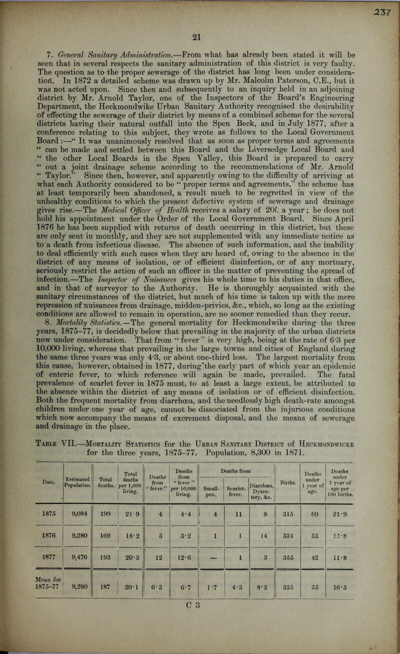 7. General Sanitary Administration.—From what has already been stated it will be seen that in several respects the sanitary administration of this district is very faulty. The question as to the proper sewerage of the district has long been under considera- tion. In 1872 a detailed scheme was drawn up by Mr. Malcolm Paterson, C.E., but it was not acted upon. Since then and subsequently to an inquiry held in an adjoining district by Mr. Arnold Taylor, one of the Inspectors of the Board’s Engineering Department, the Heckmondwike Urban Sanitary Authority recognised the desirability of effecting the sewerage of their district by means of a combined scheme for the several districts having their natural outfall into the Spen Beck, and in July 1877, after a conference relating to this subject, they wrote as follows to the Local Government Board :—“ It was unanimously resolved that as soon as proper terms and agreements “ can be made and settled between this Board and the Liversedge Local Board and “ the other Local Boards in the Spen Valley, this Board is prepared to carry “ out a joint drainage scheme according to the recommendations of Mr. Arnold “ Taylor.” Since then, however, and apparently owing to the difficulty of arriving at what each Authority considered to be “ proper terms and agreements,” the scheme has at least temporarily been abandoned, a result much to be regretted in view of the unhealthy conditions to which the present defective system of sewerage and drainage gives rise.—The Medical Officer of Health receives a salary of 201. a year; he does not hold his appointment under the Order of the Local Government Board. Since April 1876 he has been supplied with returns of death occurring in this district, but these are only sent in monthly, and they are not supplemented with any immediate notice as to a death from infectious disease. The absence of such information, and the inability to deal efficiently with such cases when they are heard of, owing to the absence in the district of any means of isolation, or of efficient disinfection, or of any mortuary, seriously restrict the action of such an officer in the matter of preventing the spread of infection.—The Inspector of Nuisances gives his whole time to his duties in that office, and in that of surveyor to the Authority. He is thoroughly acquainted with the sanitary circumstances of the district, but much of his time is taken up with the mere repression of nuisances from drainage, midden-privies, &c., which, so long as the existing conditions are allowed to remain in operation, are no sooner remedied than they recur. 8. Mortality Statistics. — The general mortality for Heckmondwike during the three years, 1875-77, is decidedly below that prevailing in the majority of the urban districts now under consideration. That from “ fever ” is very high, being at the rate of 6-3 per 10,000 living, whereas that prevailing in the large towns and cities of England during the same three years was only 43, or about one-third less. The largest mortality from this cause, however, obtained in 1877, during’the early part of which year an epidemic of enteric fever, to which reference will again be made, prevailed. The fatal prevalence of scarlet fever in 1875 must, to at least a large extent, be attributed to the absence within the district of any means of isolation or of efficient disinfection. Both the frequent mortality from diarrhoea, and the needlessly high death-rate amongst children under one year of age, cannot be dissociated from the injurious conditions which now accompany the means of excrement disposal, and the means of sewerage and drainage in the place. Table VII.—Mortality Statistics for the Urban Sanitary District of Heckmondwicke for the three years, 1875-77. Population, 8,300 in 1871. Date. Estimated Population. Total deaths. Total deaths per 1,000 living. Deaths from “ fever.” Deaths from “ fever ” per 10,000 living. Deaths from Births. Deaths under 1 year of age. Deaths under 1 year of age per 100 births. Small- pox. Scarlet- fever. Diarrhoea, Dysen- tery, &c. 1875 9,084 | 199 219 I 4 4-4 i 4 i 11 8 315 69 21-9 1876 9,280 169 18-2 3 3-2 1 1 14 334 53 15-8 1877 9,476 193 20-3 12 12-6 i 1 3 355 42 11-8 Mean for 1875-77 9,280 187 20-1 6-3 6-7 1-7 4-3 8-3 335 55 16-5