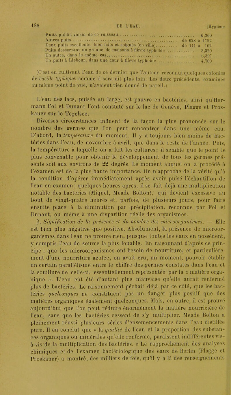 Puits public voisin do co ruisseau Autres puits Doux puits excellents, bien faits et soignés (en ville) Puits dessorvant un groupe de maisons à fièvre typhoïde., Un autre, dans le môme cas Un puits h. Liebour, dans une cour à fièvre typhoïde de 628 à 1792 de lit à 162 0,260 (C’est en cultivant l’eau de ce dernier que l’auteur- reconnut quelques colonies de bacille typhique, comme il sera dit plus loin. Les deux précédents, examinés au même point de vue, n’avaient rien donné de pareil.) L’eau des lacs, puisée au large, est pauvre en bactéries, ainsi qu’Her- mann Fol et Dunant l’ont constaté sur le lac de Genève, Plagge et Pros- kauer sur le Tegelsee. Diverses circonstances influent de la façon la plus prononcée sur le nombre des germes que l’on peut rencontrer dans une môme eau. D’abord, la température du moment. Il y a toujours bien moins de bac- téries dans l’eau, de novembre à avril, que dans le reste de l’année. Puis, la température à laquelle on a fait les cultures; il semble que le point le plus convenable pour obtenir le développement de tous les germes pré- sents soit aux. environs de 22 degrés. Le moment auquel on a procédé à l’examen est de la plus haute importance. On n’approche de la vérité qu’à la condition d’opérer immédiatement après avoir puisé l’échantillon de l’eau en examen ; quelques heures après, il se fait déjà une multiplication notable des bactéries (Miquel, Meade Bolton), qui devient excessive au bout de vingt-quatre heures et, parfois, de plusieurs jours, pour faire ensuite place à la diminution par précipitation, reconnue par Fol el Dunant, ou même à une disparition réelle des organismes. |â. Signification de la présence et du nombre des microorganismes. — Elle est bien plus négative que positive. Absolument, la présence de microor- ganismes dans l’eau ne prouve rien, puisque toutes les eaux en possèdent, y compris l’eau de source la plus louable. En raisonnant d'après ce prin- cipe : que les microorganismes ont besoin de nourriture, et particulière- ment d’une nourriture azotée, on avait cru, un moment, pouvoir établir un certain parallélisme entre le chiffre des germes constatés dans l’eau et la souillure de celle-ci, essentiellement représentée par la « matière orga- nique ». L’eau eût été d’autant plus mauvaise qu’elle aurait renfermé plus de bactéries. Le raisonnement péchait déjà par ce côté, que les bac- téries quelconques ne constituent pas un danger plus positif que des matières organiques également quelconques. Mais, en outre, il est prouvé aujourd’hui que l’on peut réduire énormément la matière nourricière de l’eau, sans que les bactéries cessent de s’y multiplier. Meade Bolton a pleinement réussi plusieurs séries d’ensemencements dans l’eau distillée pure. Il en conclut que « la qualité de l’eau et la proportion des substan- ces organiques ou minérales qu’elle renferme, paraissent indifférentes vis- à-vis de la multiplication des bactéries. » Le rapprochement des analyses chimiques et de l’examen bactériologique des eaux de Berlin (Plagge et Proskauer) a montré, des milliers de fois, qu’il y a là des renseignements