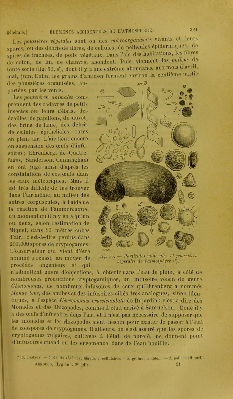 Les poussières végétales sont ou dos microorganismes vivants et leur» spores, ou des débris de fibres, de cellules, de pellicules épidermiques, de spires de trachées, de poils végétaux. Dans l’air des habitations, les libres de coton, de lin, de chanvre, abondent. Puis viennent les pollens de toute sorte (fig. 50, d), dont il y a une extrême abondance aux mois d avril, mai, juin. Enfin, les grains d’amidon forment environ la centième partio des poussières organisées, ap- portées par les vents. Les poussières animales com- prennent des cadavres de petits insectes ou leurs débris, des écailles de papillons, du duvet, des brins de laine, des débris de cellules épithéliales, rares en plein air. L’air tient encore en suspension des œufs d’infu- soires ; Ehrenberg, de Quatre- fages, Sanderson, Cunningham en ont jugé ainsi d’après les constatations de ces œufs dans les eaux météoriques. Mais il est très difficile de les trouver dans l’air même, au milieu des autres corpuscules, à l’aide de la réaction de l’ammoniaque, du moment qu’il n’y en a qu’un ou deux, selon l’estimation de Miquel, dans 10 mètres cubes d’air, c’est-à-dire perdus dans 200,000 spores de cryptogames. L’observateur qui vient d’être nommé a réussi, au moyen de procédés ingénieux et qui n’admettent guère d’objections, à obtenir dans l’eau de pluie, à côté de nombreuses productions cryptogamiques, un infusoire voisin du genre Chætomonas, de nombreux infusoires de ceux qu’Ehrenberg a nommés Monas lens, des amibes et des infusoires ciliés très analogues, sinon iden- tiques, à l’espèce Cercomonas crassicaudata de Dujardin ; c’est-à-dire des Monades et des Rhizopodes, comme il était arrivé à Samuelson. Donc il y a des œufs d’infusoires dans l’air, et il n’est pas nécessaire de supposer que les monades et les rhizopodes aient besoin pour exister de passer à l’état de zoospores de cryptogames. D’ailleurs, on s’est assuré que les spores de cryptogames vulgaires, cultivées à l’état de pureté, ne donnent point d’infusoires quand on les ensemence dans de l’eau bouillie. () a, cristaux. b. débris végétaux, fibreux et cellulaires. — c, grains d'amidon. —d, pollens Miquel). Arnould, Hygiène. ‘2e édit. 21 Fig. 50. — Particules minérales et poussières végétales clc Vatmosphère (’).