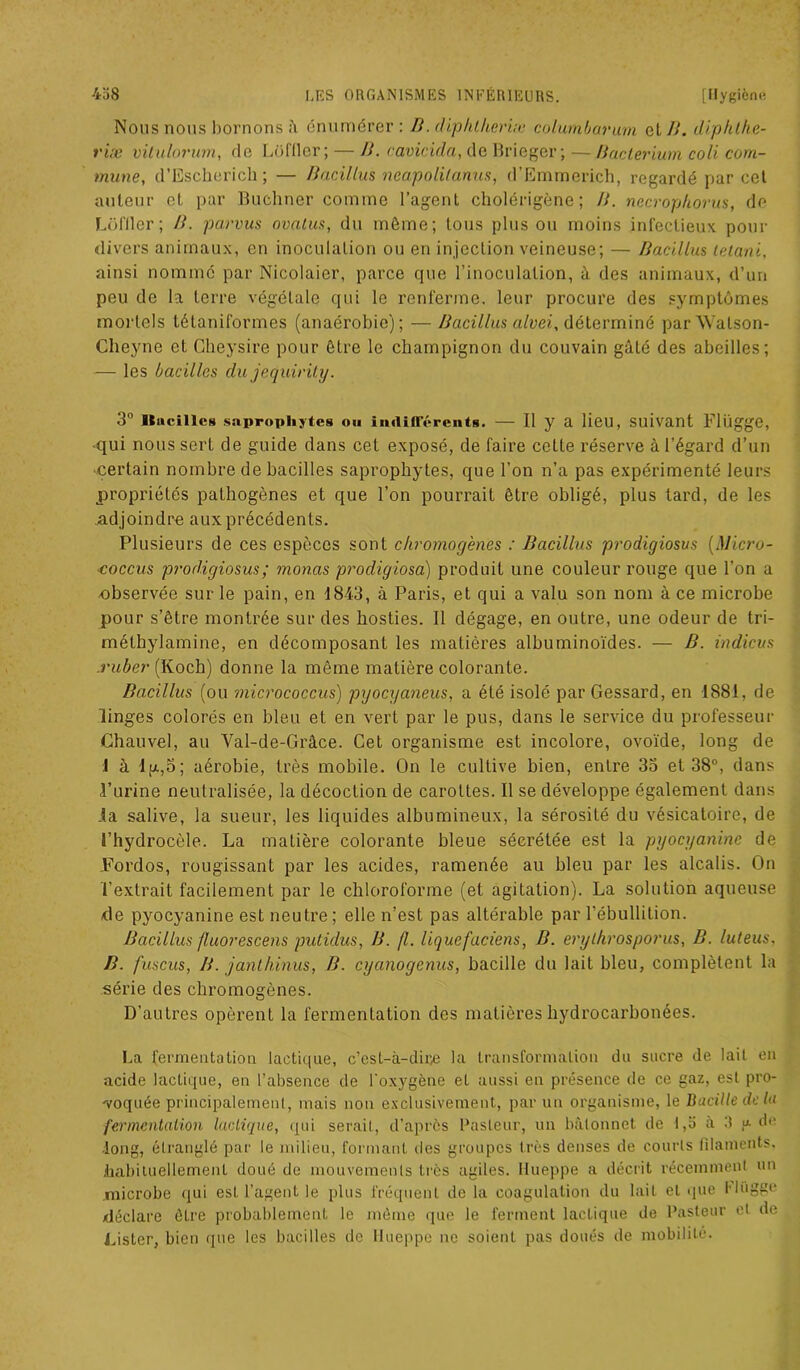 Nous nous bornonsâ énumérer: B. diphtherix columbarium el B. diphlhe- rix vitulorum, de Lofiler; — B. cavicida, de Brieger; — fJaclerium coli com- mune, d’Escherich; — BacilLm neapolilanus, d’Emmerich, regardé par cet auteur el par Buchner comme l’agenL cholérigène; B. necrophorus, de Lofiler; B. parvus ovatus, du même; tous plus ou moins infectieux pour divers animaux, en inoculation ou en injection veineuse; — Bacillus tetani, ainsi nommé par Nicolaier, parce que l'inoculation, à des animaux, d’un peu do la terre végétale qui le renferme, leur procure des symptômes mortels tétaniformes (anaérobie); — Bacillus alvei, déterminé parWatson- Cheyne et Cheysire pour être le champignon du couvain gâté des abeilles; — les bacilles du jequirily. 3° Jlucillcs saprophytes ou indifférents. — Il y a lieu, suivant Flügge, •qui nous sert de guide dans cet exposé, de faire cette réserve à l’égard d’un certain nombre de bacilles saprophytes, que l’on n’a pas expérimenté leurs propriétés pathogènes et que l’on pourrait être obligé, plus tard, de les Adjoindre aux précédents. Plusieurs de ces espèces sont chromogènes : Bacillus prodigiosus (Micro- coccus prodigiosus ; monas prodigiosa) produit une couleur rouge que l’on a observée sur le pain, en 1843, à Paris, et qui a valu son nom à ce microbe pour s’être montrée sur des hosties. Il dégage, en outre, une odeur de tri- mélbylamine, en décomposant les matières albuminoïdes. — B. indicus ruber (Koch) donne la même matière colorante. Bacillus (ou ?nicrococcus) pyocyaneus, a été isolé par Gessard, en 1881, de linges colorés en bleu et en vert par le pus, dans le service du professeur Chauve], au Val-de-Grâce. Cet organisme est incolore, ovoïde, long de 1 à lg.,5; aérobie, très mobile. On le cultive bien, entre 33 et 38°, dans l’urine neutralisée, la décoction de carottes. Il se développe également dans la salive, la sueur, les liquides albumineux, la sérosité du vésicatoire, de l’hydrocèle. La matière colorante bleue sécrétée est la pyocyanine de Fordos, rougissant par les acides, ramenée au bleu par les alcalis. On l’extrait facilement par le chloroforme (et agitation). La solution aqueuse de pyocyanine est neutre ; elle n’est pas altérable par l’ébullition. Bacillus fluor escens putidus, B. fl. liquefaciens, B. erylhrosporus, B. lut eus. B. fuscus, B. janthinus, B. cyanogenus, bacille du lait bleu, complètent la série des chromogènes. D'autres opèrent la fermentation des matières hydrocarbonées. La fermentation lactique, c’esl-â-dice la transformation du sucre de lait en acide lactique, en l’absence de l’oxygène et aussi en présence de ce gaz, est pro- voquée principalement, mais non exclusivement, par un organisme, le Bacille de lu fermentation lactique, qui serait, d’après Pasteur, un bâtonnet de 1,5 à R jj- de long, étranglé par le milieu, formant des groupes très denses de courts filaments, .habituellement doué de mouvements très agiles. Hueppe a décrit récemment un microbe qui est l’agent le plus fréquent de la coagulation du lait el que Miigge déclare êLre probablement le même que le ferment lactique de Pasteur el de Lister, bien que les bacilles de Hueppe ne soient pas doués de mobilité.