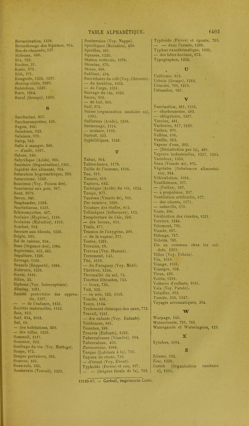 Revaccination, 1336. Reverdissage des légumes, 994. Rez-de-chaussée, 337. Rideaux, 668. Riz, 925. Roches, 21. Rosée, 375. Rôti, 971. Rougeole, 1233, 1297. Mowing-clubs, 1099. Rubéoleux, 1339. Rues, 1214. Rural (Groupe), 1203. S Saccharine, 937. Saccharomycètes, 436. Sagou, 941. Saindoux, 923. Salaison, 978. Salep, 942. Salle à manger, 540. — d’asile, 1167. Salons, 540. Salycilique (Acide), 980. Sanitaire (Organisation), 1361. Sapidité des aliments, 954. Saturation hygrométrique, 293. Saturnisme, 1242. Saucisses (Voy. Poison des). Saucissons aux pois, 987. Saut, 1079. Savon, 841. Scaphandre, 1236. Scarlatineux, 1339. Schizomycètes, 437. Scolaire (Hygiène), 1168. Scolaires (Maladies), 1193. Scorbut, 952. Secours aux blessés, 1226. Seigle, 925. Sel de cuisine, 958. Sens (Organes des), 1084. Septicémie, 455, 481. Sépulture, 1228. Sevrage, 1166. Sexuels (Rapports), 1086. Siderosis, 1238. Sieste, 1116. Silice, 22. Siphons (Voy. Intercepteurs). Skating, 1081. Société protectrice des appren- tis, 1257. — — de l'enfance, 1155. Sociétés maternelles, 1162. Soie, 810. Soir, 854, 1003. Sol, 16. — des habitations, 509. — des villes, 1216. Sommeil, 1117. Sommier, 823. Soufrage du vin (Voy. Muttage). Soupe, 972. Soupes portatives, 985. Sources, 163. Sous-sols, 535. Souterrain (Travail), 1239. TABLE ALPHABÉTIQUE. Souterraine (Voy. Nappe). Spécifiques (Maladies), 429. Spirilles, 461. Squares, 1220. Station verticale, 1076. Stéarine, 670. Stores, 668. Sublimé, 494. Succédanés du café (Voy. Chicorée). — du houblon, 1052. — de l’orgo, 1051. Sucrage du vin, 1029. Sucre, 936. — de lait, 906. Suif, 670. Suisse (organisation sanitaire en), 1395. Sulfureux (Acide), 1238. Surmenage, 1114. — scolaire, 1192. Surtoit, 533. Syphilitiques, 1343. T Tabac, 964. Tables-bancs, 1179. Taille de l'homme, 1106. Tau, 811. Tannée, 619. Tapioca, 642. Tartrique (Acide) du vin, 1024. Tasajo, 977. Taureau (Viande de), 861. Tee totaters, 1069. Teinture des étoffes, 812. Telluriques (Influences), 115. Température de l'air, 338. — des locaux, 611. Ténia, 877. Tension de l’oxygène, 399. — de la vapeur, 377. Tentes, 1291. Terrains, 19. Terreau (Voy. Humus). Terrement, 143. Thé, 1010. — du Paraguay (Voy. Maté). Théâtres, 1244. Thermalité du sol, 73. Tinettes filtrantes, 733. — Goux, 730. Toit, 532. — en scie, 532, 1 169. Tourbe, 618. Tours, 1164. Traitement chimique des eaux, 773. Travail, 1241. — des enfants (Voy. Enfants). Trichinose, 881. Trombes, 388. Trouvés (Enfants), 1163. Tuberculeuses (Viandes), 884. Tuberculose, 450. Turnvereine, 1098. Turque (Latrines à la), 765. Tuyaux de chute, 710. — d’évent (Voy. Event). Typhoïde (Fièvre) et eau, 197. — — (Origine fécale do la), 702. 1403 Typhoïde (Fièvre) et égouts, 755. — — dans l'armée, 1296. Typhus exanthématique, 1001. — des bètos bovines, 873. Typographes, 1252. U Uniforme, 813. Urbain (Groupe), 1210. Urinoirs, 708, 1219. Ustensiles, 967. V Vaccination, 481, 1336. — charbonneuse, 483. — obligatoire, 1337. Vaccins, 481. Vacheries, 817, 1220. Vaches, 871. Vallées, 106. Vanille, 962. Vapeur d'eau, 293. — (Désinfection par la), 489. Vapeurs industrielles, 1237, 1264. Varioleux, 1333. Veau (Viande de), 871. Végétales (Substances alimentai- res), 924. Véhiculation, 1081. Ventilateurs, 577. — (Poêles), 587. — à propulsion, 537. Ventilation artificielle, 577. — des classes, 1171. — naturelle, 570. Vents, 380. Vérification des viandes, 1221. Verriers, 1244. Vêtement, 795. Viande, 867. Vidange, 717. Vidoirs, 761. Vie en commun chez les sol- dats, 1283. Villes (Voy. Urbain). Vin, 1018. Vinage, 1033. Vinaigre, 959. Virus, 429. Voirie, 1218. Voitures d’enfants, 1161. Voix (Voy. Parole). Volailles, 893. Vomito, 356, 1347. Voyages aéronautiques, 394. W Warpage, 143. Waterclosets, 739, 763. Watergands et Wateriugues, 129. X Xylofers, 109V. Z Zéismc, 952. Zinc, 1238. Zurich (Organisation sanitaire à), 1395. 10129-87. — Corbeil, imprimerie Crète.