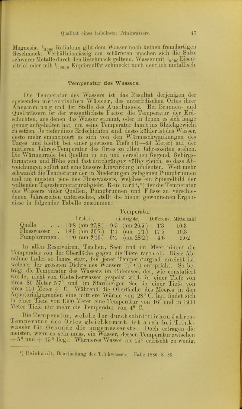 Magnesia, '.,000 Kalialaun gibt dem Wasser noch keinen fremdartigen Geschmack. Verhältnismässig am schärfsten machen sich die Salze schwerer Metalle durch den Geschmack geltend. Wasser mit 18000 Eisen- vitriol oder mit 10000 Kupfersulfat schmeckt noch deutlich metallisch. Temperatur des Wassers. Die Temperatur des Wassers ist das Resultat derjenigen der speisenden meteorischen Wässer, des unterirdischen Ortes ihrer Ansammlung und der Stelle des Ausflusses. Bei Brunnen- und Quellwässern ist der wesentlichste Factor die Temperatur der Erd- schichten, aus denen das Wasser stammt, oder in denen es sich lange genug aufgehalten hat, um seine Temperatur damit ins Gleichgewicht zu setzen. Je tiefer diese Erdschichten sind, desto kühler ist das Wasser, desto mehr emancipiert es sich von den Wärmeschwankungen des Tages und bleibt bei einer gewissen Tiefe (19—24 Meter) auf der mittleren Jahres-Temperatur des Ortes zu allen Jahreszeiten stehen. Die Wärmegrade bei Quellen in ein und derselben Gegend, Gebirgs- formation und Höhe sind fast durchgängig völlig gleich, so dass Ab- weichungen sofort auf eine äussere Einwirkung hindeuten. Weit mehr schwankt die Temperatur der in Niederungen gelegenen Pumpbrunnen und am meisten jene des Flusswassers, welches ein Spiegelbild der waltenden Tagestemperatur abgiebt. R ei c har dt,*) der die Temperatur des Wassers vieler Quellen, Pumpbrunnen und Flüsse zu verschie- denen Jahreszeiten untersuchte, stellt die hiebei gewonnenen Ergeb- nisse in folgender Tabelle zusammen: Temperatur höchste, niedrigste, Differenz, Mittelzahl Quelle . . . 10-8 (am 27/8.) 9'5 (am 26/5.) 13 10.3 Flusswasser . 18*9 (am 30/7.) 1‘4 (am 1/1.) 17*5 10.3 Pumpbrunnen. 1 PO (am 2/10.) 6*4 (am 28/2.) 4'6 9.02 In allen Reservoiren, Teichen, Seen und im Meer nimmt die Temperatur von der Oberfläche gegen die Tiefe rasch ab. Diese Ab- nahme findet so lange statt, bis jener Temperaturgrad erreicht ist, welcher der grössten Dichte des Wassers (4° C.) entspricht. So be- trägt die Temperatur des Wassers im Chiemsee, der, wie constatiert wurde, nicht von Gletscherwasser gespeist wird, in einer Tiefe von circa 80 Meter 5'7° und im Starnberger See in einer Tiefe von circa 110 Meter 4° C. Während die Oberfläche des Meeres in den Äquatorialgegenden eine mittlere Wärme von 28° C. hat, findet sich in einer Tiefe von 1300 Meter eine Temperatur von 16° und in 1900 Meter Tiefe nur mehr die Temperatur von 4° C. Die Temperatur, welche der durchschnittlichen Jahres- temperatur des Ortes gleichkommt, ist auch bei Trink- wasser für Gesunde die angemessenste. Doch ertragen die meisten, wenn es sein muss, ein Wasser, dessen Temperatur zwischen -j-50 und —j— 15 liegt. Wärmeres Wasser als 15° erfrischt zuwenig, *) Reichardt, Beurtlieüung des Trinkwassers. Halle 1880, S. 80.