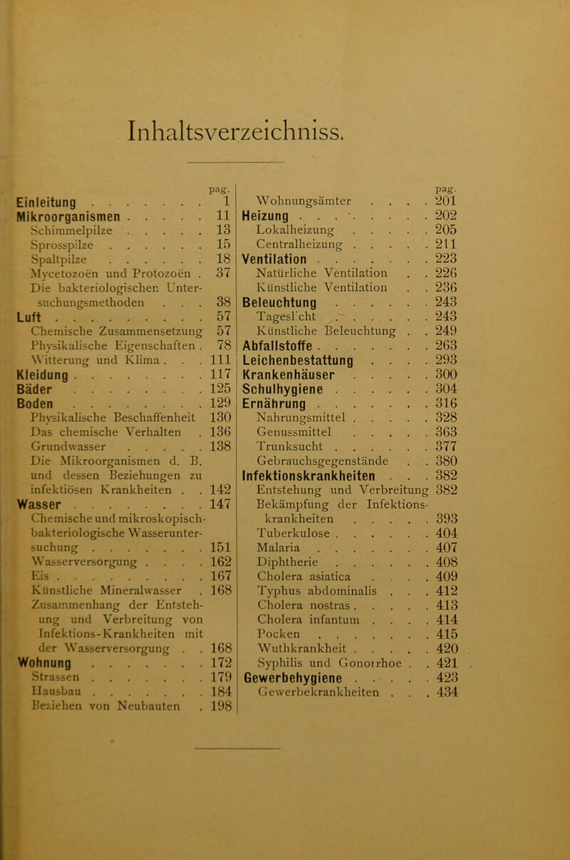 Inhaltsverzeichniss. p^g- Einleitung 1 Mikroorganismen 11 Schimmelpilze 13 Sprosspilze 15 Spaltpilze 18 Mycetozoen und Protozoen . 37 Die bakteriologischen Unter- suchungsmethoden ... 38 Luft 57 Chemische Zusammensetzung 57 Physikalische Eigenschaften . 78 Witterung und Klima. . .111 Kleidung 117 Bäder 125 Boden 129 Physikalische Beschaffenheit 130 Das chemische Verhalten . 136 Grundwasser 138 Die Mikroorganismen d. B. und dessen Beziehungen zu infektiösen Krankheiten . . 142 Wasser 147 Chemische und mikroskopisch- bakteriologische Wasserunter- suchung 151 Wasserversorgung .... 162 Eis 167 Künstliche Mineralwasser . 168 Zusammenhang der Entsteh- ung und Verbreitung von Infektions-Krankheiten mit der Wasserversorgung . .168 Wohnung 172 Strassen 179 Hausbau 184 Beziehen von Neubauten . 198 Pag. Wohnungsämter .... 201 Heizung . . . • 202 Lokalheizung 205 Centralheizung 211 Ventilation 223 Natürliche Ventilation . . 226 Künstliche Ventilation . . 236 Beleuchtung 243 Tagest'cht . . . . . . 243 Künstliche Beleuchtung . . 249 Abfallstoffe 263 Leichenbestattung .... 293 Krankenhäuser 300 Schulhygiene 304 Ernährung 316 Nahrungsmittel 328 Genussmittel 363 Trunksucht 377 Gebrauchsgegenstände . . 380 Infektionskrankheiten . . . 382 Entstehung und Verbreitung 382 Bekämpfung der Infektions- krankheiten 393 Tuberkulose 404 Malaria 407 Diphtherie 408 Cholera asiatica .... 409 Typhus abdominalis . . . 412 Cholera nostras 413 Cholera infantum .... 414 Pocken 415 Wuthkrankheit 420 Syphilis und Gonorrhoe . . 421 Gewerbehygiene 423 Gewerbekrankheiten . . . 434