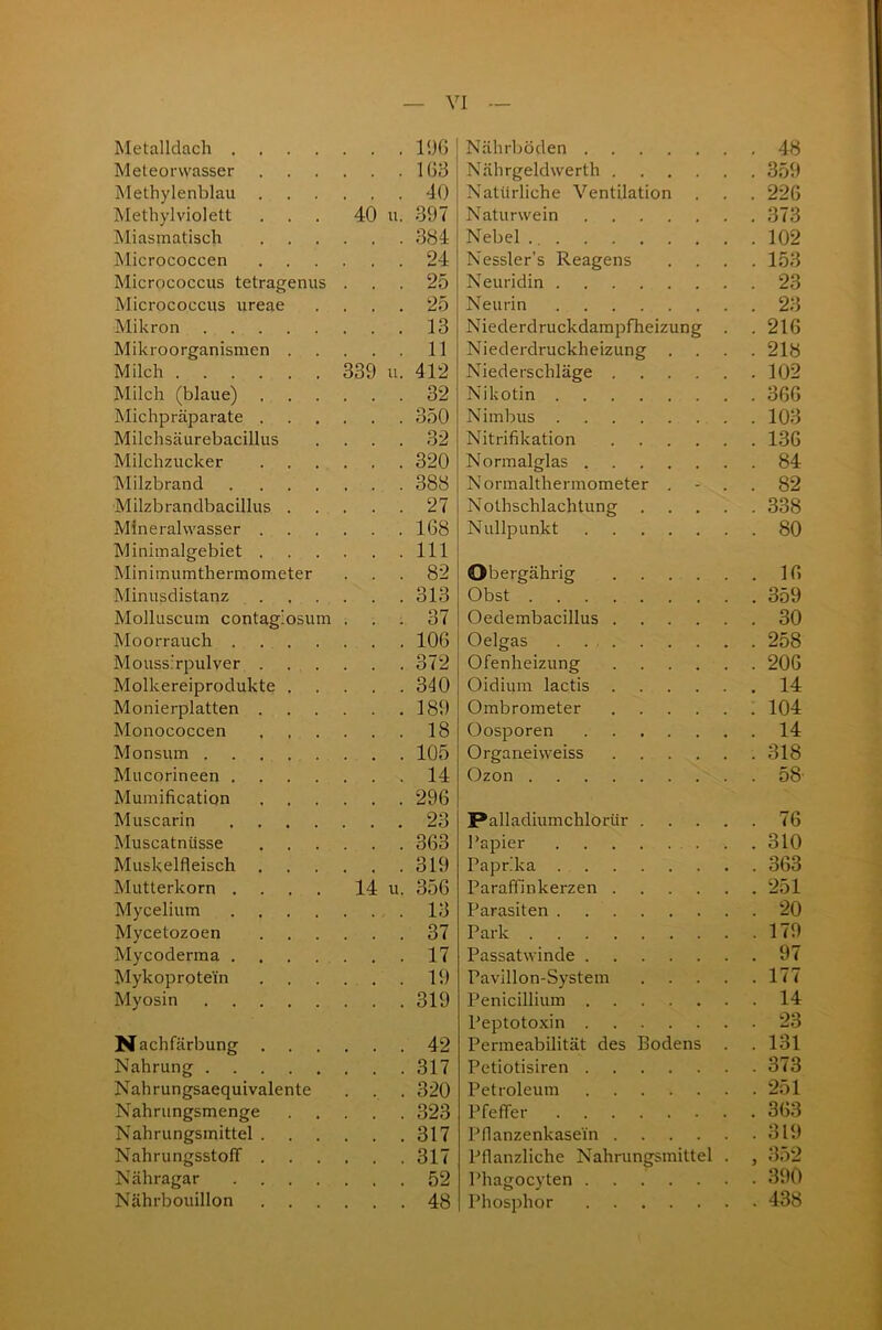 Metalldach .... 196 Nährböden . 48 Meteorvvasser 163 Nährgeldwerth Methylenblau . . 40 Natürliche Ventilation . 226 Methylviolett 40 u. 397 Naturwein . 373 Miasmatisch 384 Nebel . 102 Micrococcen 24 Nessler’s Reagens . 153 Micrococcus tetragenus t 25 Neuridin . 23 Micrococcus ureae 25 Neurin . 23 Mikron 13 Niederdruckdampfheizung . . 216 Mikroorganismen . 11 Niederdruckheizung . . . 218 Milch 339 u. 412 Niederschläge . 102 Milch (blaue) 32 Nikotin . 366 Michpräparate . 350 Nimbus . 103 Milchsäurebacillus 32 Nitrifikation . 136 Milchzucker 320 Normalglas . 84 Milzbrand .... 388 Normalthermometer . . 82 Milzbrandbacillus . 27 Nothschlachtung .... . 338 Mineralwasser . 168 Nullpunkt . 80 Minimalgebiet . 111 Minimumthermometer 82 ©bergährig . 16 Minusdistanz 313 Obst . 359 Molluscum contagiosum 37 Oedembacillus . 30 Moorrauch .... 106 Oelgas . . 258 Moussirpulver . 372 Ofenheizung . 206 Molkereiprodukte . 340 Oidium lactis . 14 Monierplatten . 189 Ombrometer . 104 Monococcen , 18 Oosporen . 14 Monsum 105 Organeiweiss . 318 Mucorineen .... 14 Ozon . 58 Mumification 296 Muscarin .... 23 Palladiumchlorür .... . 76 Muscatnüsse # 363 Papier . . 310 Muskelfleisch . 319 Paprika . 363 Mutterkorn .... 14 u. 356 Paraffinkerzen . 251 Mycelium .... Parasiten . 20 Mycetozoen 37 Park . 179 Mycoderma .... 17 Passatwinde . 97 Mykoprote'in 19 Pavillon-System .... . 177 Myosin 319 Penicillium . 14 Peptotoxin . 23 Nachfärbung . . 42 Permeabilität des Bodens . 131 Nahrung 317 Petiotisiren . 373 Nahrungsaequivalente # 320 Petroleum . 251 Nahrungsmenge , 323 Pfeffer . 363 Nahrungsmittel . 317 Pflanzenkasein . 319 NahrungsstofT . 317 Pflanzliche Nahrungsmittel . , 352 Nähragar .... 52 Phagocyten . 390 Nährbouillon 48 Phosphor . 438