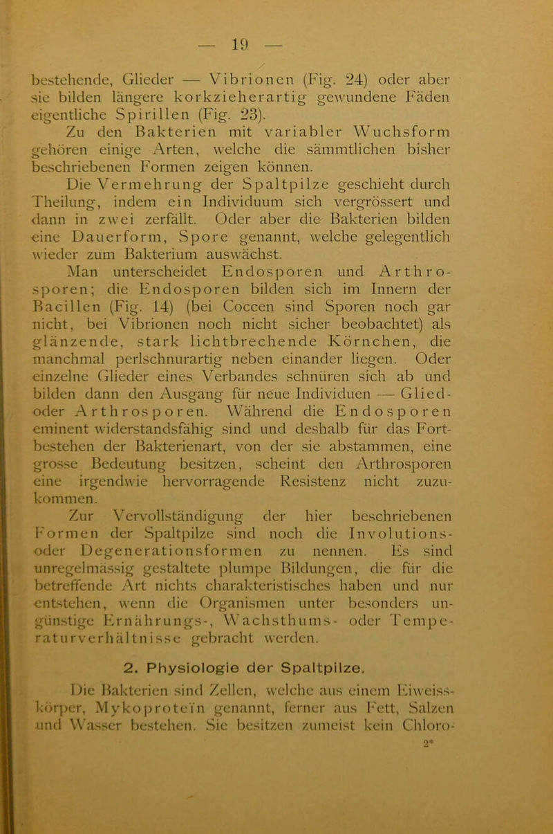 bestehende, Glieder — Vibrionen (Fig. 24) oder aber sie bilden längere korkzieherartig gewundene Fäden eigentliche Spirillen (Fig. 23). Zu den Bakterien mit variabler Wuchsform gehören einige Arten, welche die sämmtlichen bisher beschriebenen Formen zeigen können. Die Vermehrung der Spaltpilze geschieht durch Theilung, indem ein Individuum sich vergrössert und dann in zwei zerfällt. Oder aber die Bakterien bilden eine Dauer form, Spore genannt, welche gelegentlich wieder zum Bakterium auswächst. Man unterscheidet Endosparen und Arthro- sporen; die Endosporen bilden sich im Innern der Bacillen (Fig. 14) (bei Coccen sind Sporen noch gar nicht, bei Vibrionen noch nicht sicher beobachtet) als glänzende, stark lichtbrechende Körnchen, die manchmal perlschnurartig neben einander liegen. Oder einzelne Glieder eines Verbandes schnüren sich ab und bilden dann den Ausgang für neue Individuen — Glied- oder Arthrosporen. Während die Endosporen eminent widerstandsfähig sind und deshalb für das Fort- bestehen der Bakterienart, von der sie abstammen, eine grosse Bedeutung besitzen, scheint den Arthrosporen eine irgendwie hervorragende Resistenz nicht zuzu- kommen. Zur Vervollständigung der hier beschriebenen Formen der Spaltpilze sind noch die Involutions- oder Degencrationsformen zu nennen. Es sind unregelmässig gestaltete plumpe Bildungen, die für die betreffende Art nichts charakteristisches haben und nur entstehen, wenn die Organismen unter besonders un- günstige Ernährungs-, Wachsthums- oder Tempe- ratu rverhältnisse gebracht werden. 2. Physiologie der Spaltpilze. Die Bakterien sind Zellen, welche aus einem Eiweiss- körper, Mykoprotei'n genannt, ferner aus Fett, Salzen und Wasser bestehen. Sie besitzen zumeist kein Chloro- o*