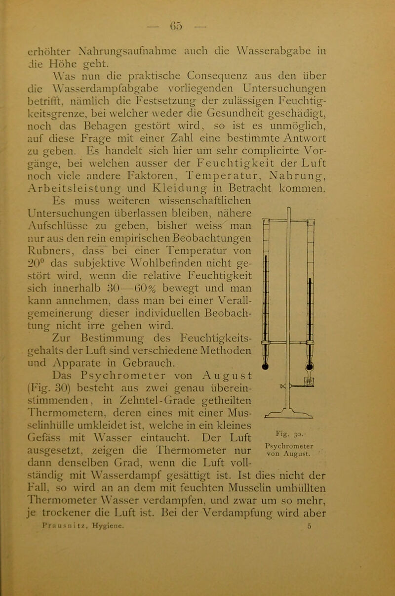 erhöhter Nahrungsaufnahme auch die Wasserabgabe in die Höhe geht. Was nun die praktische Consequenz aus den über die Wasserdampfabgabe vorliegenden Untersuchungen betrifft, nämlich die Festsetzung der zulässigen Feuchtig- keitsgrenze, bei welcher weder die Gesundheit geschädigt, noch das Behagen gestört wird, so ist es unmöglich, auf diese Frage mit einer Zahl eine bestimmte Antwort zu geben. Es handelt sich hier um sehr complicirte Vor- gänge, bei welchen ausser der Feuchtigkeit der Luft noch viele andere Faktoren, Temperatur, Nahrung, Arbeitsleistung und Kleidung in Betracht kommen. Feuchtigkeits- Es muss weiteren wissenschaftlichen Untersuchungen überlassen bleiben, nähere Aufschlüsse zu geben, bisher weiss man nur aus den rein empirischen Beobachtungen Rubners, dass bei einer Temperatur von 20° das subjektive Wohlbefinden nicht ge- stört wird, wenn die relative Feuchtigkeit sich innerhalb 30—(10% bewegt und man kann annehmen, dass man bei einer Verall- gemeinerung dieser individuellen Beobach- tung nicht irre gehen wird. Zur Bestimmung des gehalts der Luft sind verschiedene Methoden und Apparate in Gebrauch. Das Psychrometer von August (Fig. 30) besteht aus zwei genau überein- stimmenden, in Zehntel-Grade getheilten Thermometern, deren eines mit einer Mus- selinhülle umkleidet ist, welche in ein kleines Gefäss mit Wasser eintaucht. Der Luft ausgesetzt, zeigen die Thermometer nur dann denselben Grad, wenn die Luft voll- ständig mit Wasserdampf gesättigt ist. Ist dies nicht der Fall, so wird an an dem mit feuchten Musselin umhüllten Thermometer Wasser verdampfen, und zwar um so mehr, je trockener die Luft ist. Bei der Verdampfung wird aber Prausnitz, Hygiene. 5 Fig. 30. Psychrometer von August.