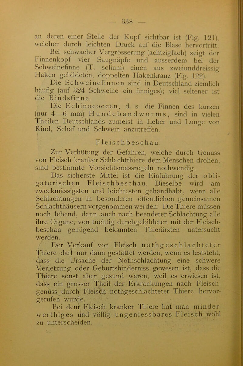 an deren einer Stelle der Kopf sichtbar ist (Fig. 121), welcher durch leichten Druck auf die Blase hervortritt. Bei schwacher Vergrösserung (achtzigfach) zeigt der hinnenkopf vier Saugnäpfe und ausserdem bei der Schweinefinne (1. solium) einen aus zweiunddreissig Haken gebildeten, doppelten Hakenkranz (Fig. 122). Die Schweinefinnen sind in Deutschland ziemlich häufig (auf 324 Schweine ein finniges); viel seltener ist die Rindsfinne. Die Echinococcen, d. s. die Finnen des kurzen (nur 4—6 mm) Hundebandwurms, sind in vielen Theilen Deutschlands zumeist in Leber und Lunge von Rind, Schaf und Schwein anzutreffen. Fleischbeschau. Zur Verhütung der Gefahren, welche durch Genuss von Fleisch kranker Schlachtthiere dem Menschen drohen, sind bestimmte Vorsichtsmassregeln nothwendig. Das sicherste Mittel ist die Einführung der obli- gatorischen Fleischbeschau. Dieselbe wird am zweckmässigsten und leichtesten gehandhabt, wenn alle Schlachtungen in besonderen öffentlichen gemeinsamen Schlachthäusern vorgenommen werden. Die Thiere müssen noch lebend, dann auch nach beendeter Schlachtung alle ihre Organe, von tüchtig durchgebildeten mit der Fleisch- beschau genügend bekannten Thierärzten untersucht werden. Der Verkauf von Fleisch nothgeschlachteter Jhiere darf nur dann gestattet werden, wenn es feststeht, ass die Ursache der Nothschlachtung eine schwere Verletzung oder Geburtshinderniss gewesen ist, dass die Thiere sonst aber gesund waren, weil es erwiesen ist, dass ein grosser Theil der Erkrankungen nach Fleisch- genuss durch Fleisch nothgeschlachteter Thiere hervor- gerufen wurde. Bei denr Fleisch kranker Thiere hat man minder- werthiges und völlig ungeniessbares Fleisch wohl zu unterscheiden.