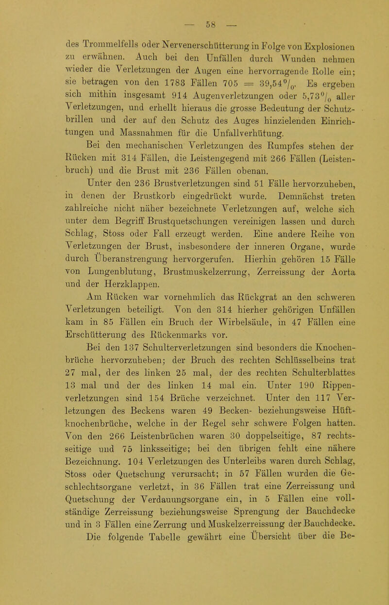 des Trommelfells oder Nervenerschütterung in Folge von Explosionen zu ex wähnen. Auch bei den Unfällen durch Wunden nehmen wieder die Verletzungen der Augen eine hervorragende Rolle ein; sie betragen von den 1783 Fällen 705 = 39,54°/0. Es ergeben sich mithin insgesamt 914 Augenverletzungen oder 5,73 °/0 aller Verletzungen, und erhellt hieraus die grosse Bedeutung der Schutz- brillen und der auf den Schutz des Auges hinzielenden Einrich- tungen und Massnahmen für die Unfallverhütung. Bei den mechanischen Verletzungen des Rumpfes stehen der Rücken mit 314 Fällen, die Leistengegend mit 266 Fällen (Leisten- bruch) und die Brust mit 236 Fällen obenan. Unter den 236 Brust Verletzungen sind 51 Fälle hervorzuheben, in denen der Brustkorb eingedrückt wurde. Demnächst treten zahlreiche nicht näher bezeichnete Verletzungen auf, welche sich unter dem Begriff Brustquetschungen vereinigen lassen und durch Schlag, Stoss oder Fall erzeugt werden. Eine andere Reihe von Verletzungen der Brust, insbesondere der inneren Oi’gane, wurde durch Übei-anstrengung hervorgerufen. Hierhin gehören 15 Fälle von Lungenblutung, Brustmuskelzerrung, Zerreissung der Aorta und der Herzklappen. Am Rücken war vornehmlich das Rückgrat an den schweren Verletzungen beteiligt. Von den 314 hierher gehörigen Unfällen kam in 85 Fällen ein Bruch der Wirbelsäule, in 47 Fällen eine Erschütterung des Rückenmarks vor. Bei den 137 Schulterverletzungen sind besonders die Knochen- brüche hervorzuheben; der Bruch des rechten Schlüsselbeins trat 27 mal, der des linken 25 mal, der des rechten Schulterblattes 13 mal und der des linken 14 mal ein. Unter 190 Rippen- verletzungen sind 154 Brüche verzeichnet. Unter den 117 Ver- letzungen des Beckens waren 49 Becken- beziehungsweise Hüft- knochenbrüche, welche in der Regel sehr schwere Folgen hatten. Von den 266 Leistenbi’üchen waren 30 doppelseitige, 87 rechts- seitige und 75 linksseitige; bei den übrigen fehlt eine nähere Bezeichnung. 104 Verletzungen des Unterleibs waren durch Schlag, Stoss oder Quetschung verursacht; in 57 Fällen wurden die Ge- schlechtsoi'gane verletzt, in 36 Fällen trat eine Zerreissung und Quetschung der Verdauungsorgane ein, in 5 Fällen eine voll- ständige Zerreissung beziehungsweise Sprengung der Bauchdecke und in 3 Fällen eine Zerrung und Muskelzerreissung der Bauchdecke. Die folgende Tabelle gewährt eine Übersicht über die Be-