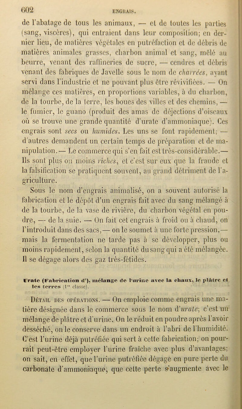 cm de l’abalage de tous les animaux, — cl de toutes les parties (sang, viscères), qui entraient dans leur composition; en der- nier lieu, de matières végétales en putréfaction et de débris de matières animales grasses, charbon animal et sang, mêlé au beurre, venant des raffineries de sucre, — cendres et débris venant des fabriques de Javelle sous le nom de charrées. ayant servi dans l’industrie et ne pouvant plus être révivifiées. — On mélange ces matières, en proportions variables, à du charbon, de la tourbe, de la terre, les boues des villes et des chemins, — le fumier, le guano (produit des amas de déjections d’oiseaux où se trouve une grande quantité d’urate d’ammoniaque). Ces engrais sont secs ou humides. Les uns se font rapidement; — d’autres demandent un certain temps de préparation et de ma- nipulation.— Le commerce qui s’en fait est très-considérable.— Ils sont plus ou moins riches, et c’est sur eux que la fraude et la falsification se pratiquent souvent, au grand détriment de l’a- griculture. Sous le nom d’engrais animalisé, on a souvent autorisé la fabrication et le dépôt d’un engrais fait avec du sang mélangé à de la tourbe, de la vase de rivière, du charbon végétal en pou- dre, — de la suie. — On fait cet engrais à froid ou à chaud, on l’introduit dans des sacs,— on le soumet à une forte pression,— mais la fermentation ne tarde pas à se développer, plus ou moins rapidement, selon la quantité dusangqui a été mélangée. Il se dégage alors des gaz très-fétides. Urnte (Fabrication cC), mélange <!e l’urine avec la chaux, le plâtre et les terres (lre classe). Détail des opérations. — On emploie comme engrais une ma- tière désignée dans le commerce sous le nom d’urate; c’est un mélange de plâtre et d’urine. On le réduit en poudre après l’avoir desséché, on le conserve dans un endroit à l’abri de l’humidité. C’est l’urine déjà putréfiée qui sert à celte fabrication; on pour- rait peut-être employer l’urine fraîche avec plus d’avantages; on sait, en effet, que l’urine putréfiée dégage en pure perte du carbonate d’ammoniaque, que celte perte ^augmente avec le