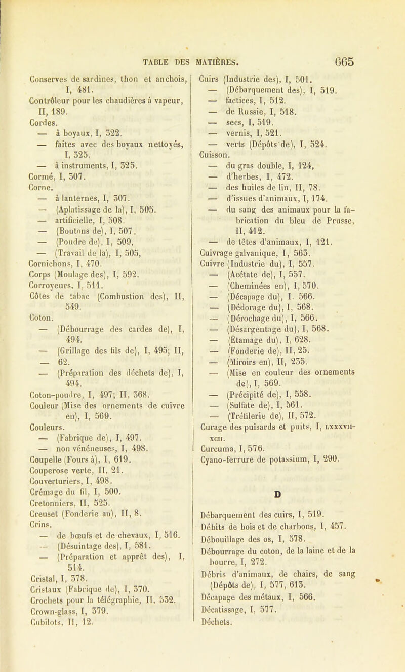 Conserves de sardines, thon et anchois, I, 481. Contrôleur pour les chaudières à vapeur, II, 189. Cordes. — à boyaux, I, 522, — faites avec des boyaux nettoyés, I, 525. — à instruments, I, 525. Cornié, I, 507. Corne. — à lanternes, I, 507. — (Aplatissage de la), I, 505. — artificielle, I, 508. — (Boutons de), 1, 507. — (Poudre de), I, 509, — (Travail de la), I, 505, Cornichons, I, 470. Corps (Moulage des), I, 592. Corroyeurs, I, 511. Côtes de tabac (Combustion des), II, 549. Coton. — (Débourrage des cardes de), I, 494. — (Grillage des bis de), I, 495; II, — 62. — (Préparation des déchets de), I, 494. Colon-poudre, I, 497; II, 568. Couleur (Mise des ornements de cuivre en), I, 569. Couleurs. — (Fabrique de), I, 497. — non vénéneuses, I, 498. Coupelle (Fours à), I, 619. Couperose verte, II, 21. Couverturiers, I, 498. Crémage du fd, I, 500. Cretonniers, II, 525. Creuset (Fonderie an), II, 8. Crins. — de bœufs et de chevaux, I, 516. — (Désuintage des), I, 581. — (Préparation et apprêt des), I, 514. Cristal, I, 578. Cristaux (Fabrique de), I, 570. Crochets pour la télégraphie, II, 552. Crown-glass, I, 579. Cubilots, Il, 12. Cuirs (Industrie des), I, 501. — (Débarquement des), I, 519. — factices, I, 512. — de Russie, I, 518. — secs, I, 519. — vernis, I, 521. — verts (Dépôts de), I, 524. Cuisson. — du gras double, I, 124, — d’herbes, I, 472. — des huiles de lin, II, 78. — d’issues d’animaux, 1,174. — du sang des animaux pour la fa- brication du bleu de Prusse, II, 412. — de têtes d’animaux, I, 121. Cuivrage galvanique, I, 565. Cuivre (Industrie du), I, 557. — (Acétate de), I, 557. — (Cheminées en), 1,570. — (Décapage du), I 566. — (Dédorage du), I, 568. — (Dérochage du), I, 566. — (Désargentnge du), I, 568. — (Étamage du), I, 628. — (Fonderie de), II, 25. — (Miroirs en), II, 255. — (Mise en couleur des ornements de), I, 569. — (Précipité de), I, 558. — (Sulfate de), I, 561. — (Trclilerie de), II, 572. Curage des puisards et puits, I, lxxxvii- xcii. Curcuma, 1, 576. Cyano-ferrure de potassium, I, 290. D Débarquement des cuirs, I, 519. Débits de bois et de charbons, I, 457. Débouillage des os, I, 578. Débourrage du coton, de la laine et de la bourre, I, 272. Débris d’animaux, de chairs, de sang (Dépôts de), I, 577, 615. Décapage des métaux, I, 566. Décatissage, I, 577. Déchets.