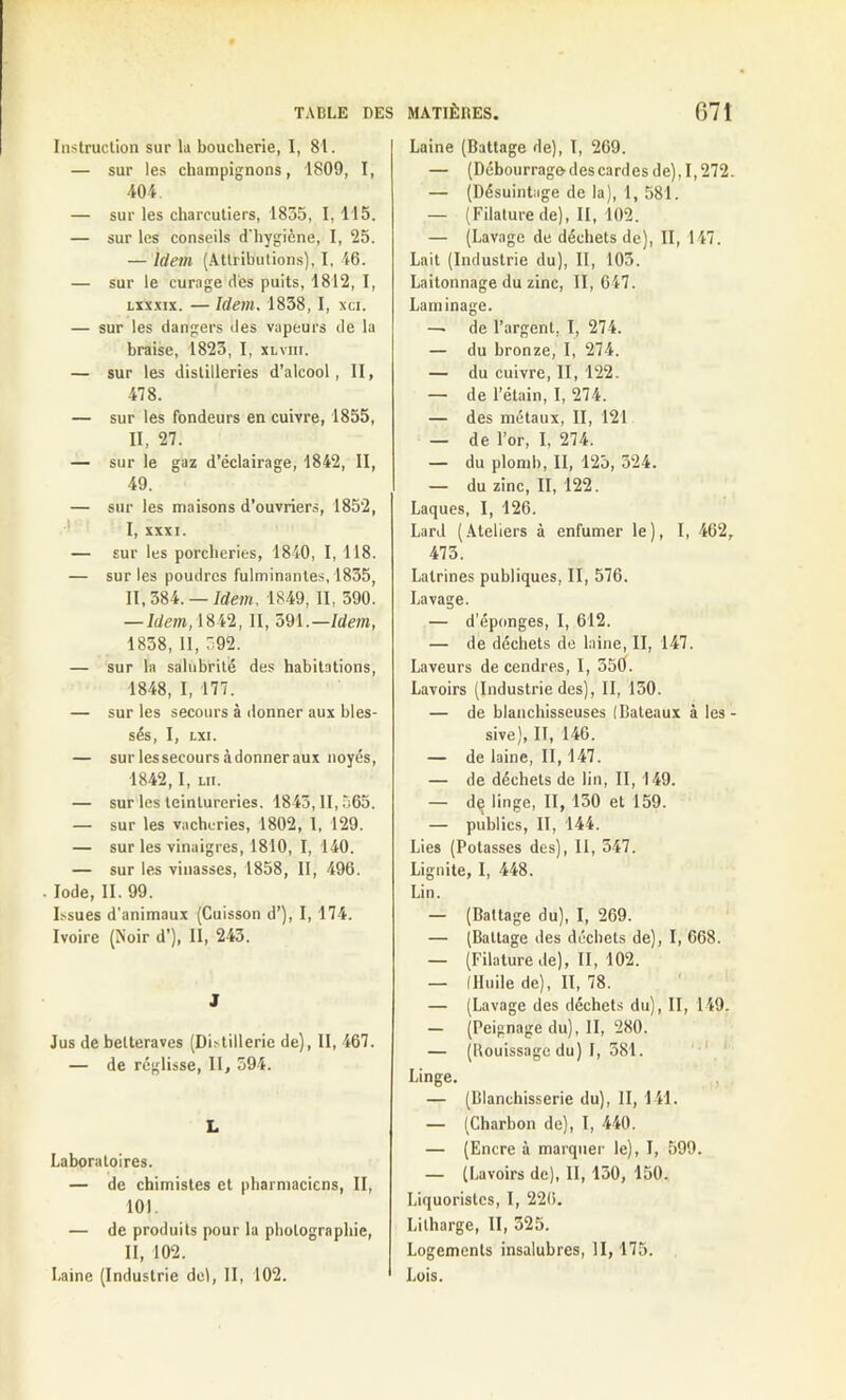 Instruction sur la boucherie, I, 81. — sur les champignons, 1809, I, 404. — sur les charcutiers, 1835, I, 115. — sur les conseils d'hygiène, I, 25. — Idem (Attributions), I. 46. — sur le curage des puits, 1812, I, lxxxix. — Idem. 1838,1, xci. — sur les dangers des Vapeurs de la braise, 1823, I, xlviii. — sur les distilleries d’alcool, II, 478. — sur les fondeurs en cuivre, 1855, II, 27. — sur le gaz d’éclairage, 1842, II, 49. — sur les maisons d’ouvriers, 1852, I, XXXI. — sur les porcheries, 1840, I, 118. — sur les poudres fulminantes, 1835, II, 384. — Idem, 1849, II, 590. — Idem, 1842, II, 391.—Idem, 1838, 11, 592. — sur la salubrité des habitations, 1848, I, 177. — sur les secours à donner aux bles- sés, I, lxi. — sur les secours adonner aux noyés, 1842,1, lu. — sur les teintureries. 1845,11,565. — sur les vacheries, 1802, 1, 129. — sur les vinaigres, 1810, I, 140. — sur les vinasses, 1858, II, 496. Iode, II. 99. Issues d'animaux (Cuisson d’), I, 174. Ivoire (Noir d’), II, 243. J Jus de betteraves (Distillerie de), II, 467. — de réglisse, II, 594. L Laboratoires. — de chimistes et pharmaciens, II, 101. — de produits pour la photographie, II, 102. Laine (Industrie del, II, 102. Laine (Battage de), I, 269. — (Débourrage des cardes de), 1,272. — (Désuintage de la), 1, 581. — (Filature de), II, 102. — (Lavage de déchets de), II, 147. Lait (Industrie du), II, 105. Laitonnage du zinc, 11,647. Laminage. — de l’argent, I, 274. — du bronze, I, 274. — du cuivre, II, 122. — de l’étain, I, 274. — des métaux, II, 121 — de l’or, I, 274. — du plomb, II, 125, 524. — du zinc, II, 122. Laques, I, 126. Lard (Ateliers à enfumer le), I, 462, 473. Latrines publiques, II, 576. Lavage. — d’éponges, I, 612. — de déchets de laine, II, 147. Laveurs de cendres, I, 359. Lavoirs (Industrie des), II, 150. — de blanchisseuses (Bateaux à les- sive), II, 146. — de laine, II, 147. — de déchets de lin, II, 149. — dç linge, II, 130 et 159. — publics, II, 144. Lies (Potasses des), II, 547. Lignite, I, 448. Lin. — (Battage du), I, 269. — (Battage des déchets de), I, 668. — (Filature de), II, 102. — (Huile de), II, 78. — (Lavage des déchets du), II, 149. — (Peignage du), II, 280. — (Rouissage du) I, 581. Linge. — (Blanchisserie du), II, 141. — (Charbon de), I, 440. — (Encre à marquer le), I, 599. — (Lavoirs de), II, 130, 150. Liquorislcs, I, 226. Litharge, II, 325. Logements insalubres, II, 175. Lois.