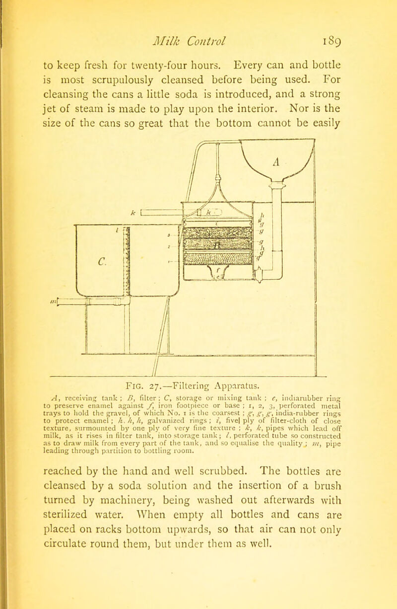 to keep fresh for twenty-four hours. Every can and bottle is most scrupulously cleansed before being used. For cleansing the cans a little soda is introduced, and a strong jet of steam is made to play upon the interior. Nor is the size of the cans so great that the bottom cannot be easily A, receiving tank; B, filter; C, storage or mixing tank ; c, indiarubber ring to preserve enamel against f, iron footpiccc or base ; i, 2, 3, perforated metal trays to hold the gravel, of which No. t is the coarsest ; g, g, g, india-rubber rings to protect enamel ; h. h, h, galvanized rings ; i, five| ply of filter-cloth of close texture, surmounted by one ply of very fine texture ; kt /c, pipes which lead off milk, as it rises in filter tank, into storage tank; /, perforated tube so constructed as to draw milk from every part of the tank, and so equalise the qualityj ;//, pipe leading through partition to bottling room. reached by the hand and well scrubbed. The bottles are cleansed by a soda solution and the insertion of a brush turned by machinery, being washed out afterwards with sterilized water. When empty all bottles and cans are placed on racks bottom upwards, so that air can not only circulate round them, but under them as well.