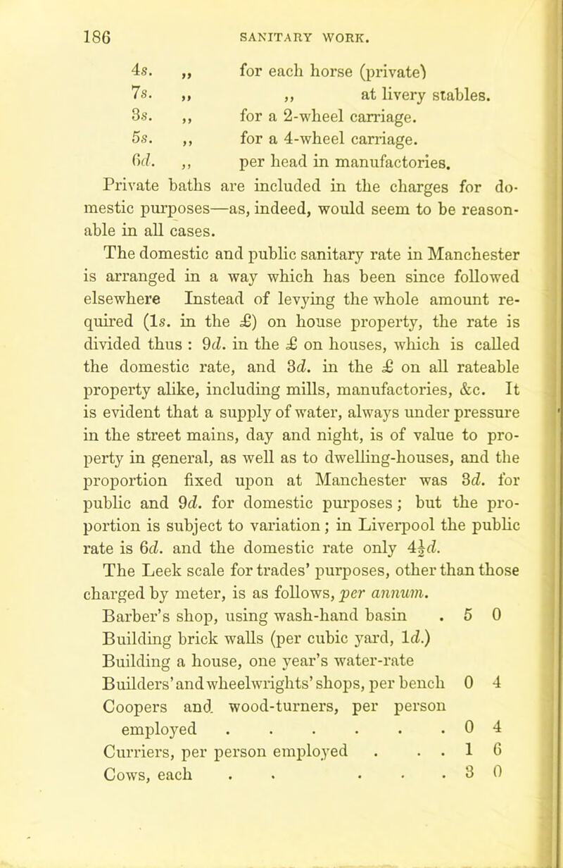 4s. 7s. 3s. 5s. Gd, per head in manufactories. for each horse (private} for a 2-wheel carnage, for a 4-wheel carriage. at livery stables. Private baths are included in the charges for do- mestic purposes—as, indeed, would seem to be reason- able in all cases. The domestic and public sanitary rate in Manchester is arranged in a way which has been since followed elsewhere Instead of levying the whole amount re- quired (Is. in the T) on house property, the rate is divided thus : 9d. in the £ on houses, which is called the domestic rate, and 3d. in the on all rateable property alike, including mills, manufactories, &c. It is evident that a supply of water, always under pressure in the street mains, day and night, is of value to pro- perty in general, as well as to dwelling-houses, and the proportion fixed upon at Manchester was 3d. for public and 9d. for domestic purposes; but the pro- portion is subject to variation; in Liverpool the public rate is Gd. and the domestic rate only 4\d. The Leek scale for trades’ purposes, other than those charged by meter, is as follows, per annum. Barber’s shop, using wash-hand basin . 5 0 Building brick walls (per cubic yard, Id.) Building a house, one year’s water-rate Builders’andwheelwrights’ shops, per bench 0 4 Coopers and wood-turners, per person employed . . . . . .04 Curriers, per person employed . ..16 Cows, each . ... 3 0