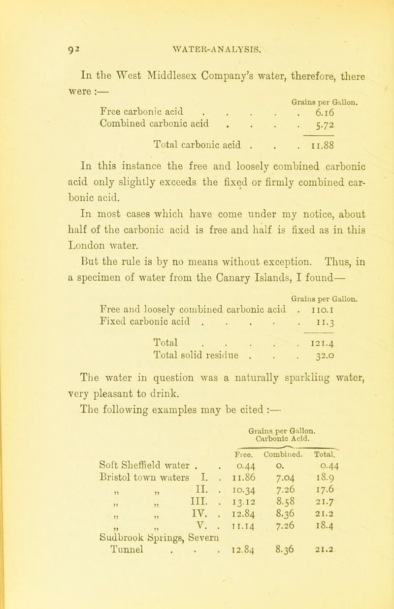 In the West Middlesex Company’s water, therefore, there were :— Grains per Gallon. Free carbonic acid . . . . .6.16 Combined carbonic acid .... 5.72 Total carbonic acid . . . 11.88 In this instance the free and loosely combined carbonic acid only slightly exceeds the fixed or firmly combined car- bonic acid. In most cases which have come under my notice, about half of the carbonic acid is free and half is fixed as in this London water. But the rule is by no means without exception. Thus, in a specimen of water from the Canary Islands, I found— Grains per Gallon. Free and loosely combined carbonic acid . 110.1 Fixed carbonic acid . . . . .11.3 Total 121.4 Total solid residue . . . 32.0 The water in question was a naturally sparkling water, very pleasant to drink. The following examples may be cited :— Grains per Gallon. Carbonic Acid. Free. Combined. Total. Soft Sheffield water . . O.44 O. O.44 Bristol town waters I. . 11.86 7.04 18.9 II. . 10.34 7.26 17.6 n III. . 13.12 8.58 21-7 >> >> IV. . 12.84 8.36 21.2 5) V. . 11.14 7.26 18.4 Sudbrook Springs, Severn Tunnel • 12. S4 8.36 21.2