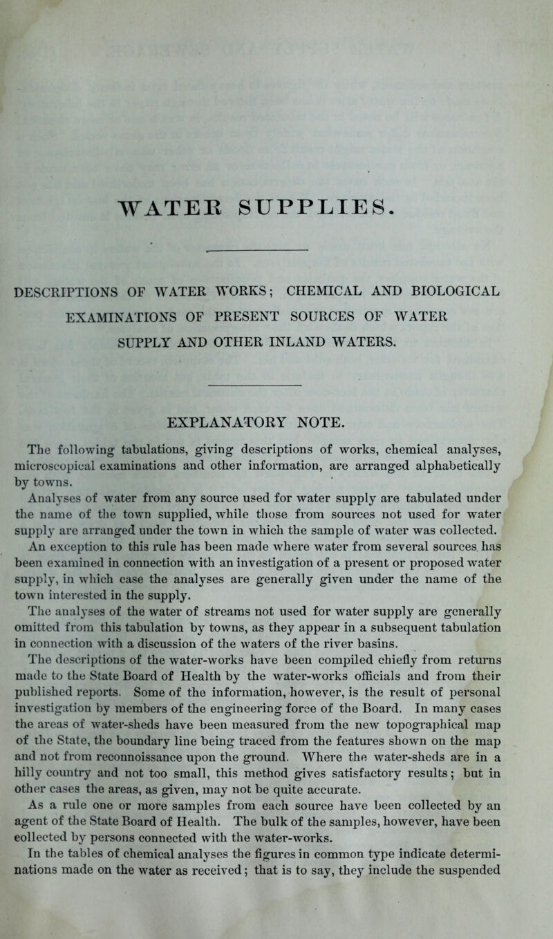 WATER SUPPLIES DESCRIPTIONS OF WATER WORKS; CHEMICAL AND BIOLOGICAL EXAMINATIONS OF PRESENT SOURCES OF WATER SUPPLY AND OTHER INLAND WATERS. EXPLANATORY NOTE. The following tabulations, giving descriptions of works, chemical analyses, microscopical examinations and other information, are arranged alphabetically by towns. Analyses of water from any source used for water supply are tabulated under the name of the town supplied, while tliose from sources not used for water supply are arranged under the town in which the sample of water was collected. An exception to this rule has been made where water from several sources has been examined in connection with an investigation of a present or proposed water supply, in which case the analyses are generally given under the name of the town interested in the supply. The anal}’ses of the water of streams not used for water supply are generally omitted from this tabulation by towns, as they appear in a subsequent tabulation in connection with a discussion of the waters of the river basins. The descriptions of the water-works have been compiled chiefly from returns made to the State Board of Health by the water-works officials and from their published reports. Some of the information, however, is the result of personal investigation by members of the engineering force of the Board. In many cases the areas of water-sheds have been measured from the new topographical map of the State, the boundary line being traced from the features shown on the map and not from reconnoissance upon the ground. Where the water-sheds are in a hilly country and not too small, this method gives satisfactory results; but in other cases the areas, as given, may not be quite accurate. As a rule one or more samples from each source have been collected by an agent of the State Board of Health. The bulk of the samples, however, have been collected by persons connected with the water-works. In the tables of chemical analyses the figures in common type indicate determi- nations made on the water as received; that is to say, they include the suspended