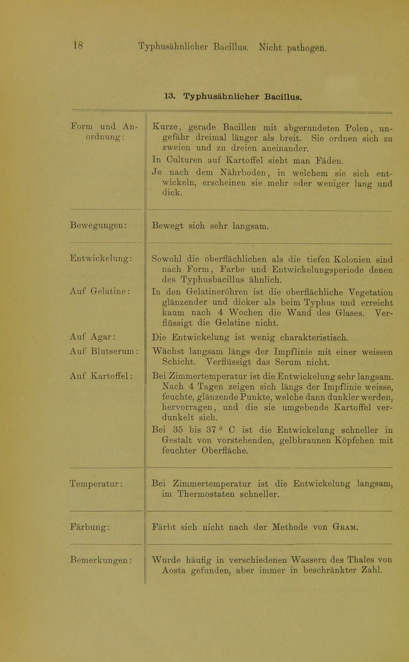 13. Typhusähnlicher Bacillus. Form und An- ordnung : Kurze, gerade Bacillen mit abgerundeten Polen, un- gefähr dreimal länger als breit. Sie ordnen sich zu zweien und zu dreien aneinander. In Culturen auf Kartoffel sieht man Fäden. Je nach dem Nährboden, in welchem sie sich ent- wickeln, erscheinen sie mehr oder weniger lang und dick. Bewegungen: Bewegt sich sehr langsam. Entwickelung: Sowohl die oberflächlichen als die tiefen Kolonien sind nach Form, Farbe und Entwickelungsperiode denen des Typhusbacillus ähnlich. Auf Gelatine: In den Gelatineröhren ist die oberflächliche Vegetation glänzender und dicker als beim Tj^phus und erreicht kaum nach 4 Wochen die Wand des Glases. Ver- flüssigt die Gelatine nicht. Auf Agar: Auf Blutserum: Die Entwickelung ist wenig charakteristisch. Wächst langsam längs der Impflinie mit einer weissen Schicht. Verflüssigt das Serum nicht. Auf Kartoffel: Bei Zimmertemperatur ist die Entwickelung sehr langsam. Nach 4 Tagen zeigen sich längs der Impflinie weisse, feuchte, glänzende Punkte, welche dann dunkler werden, hervorragen, und die sie umgebende Kartoffel ver- dunkelt sich. Bei 35 bis 37 0 C ist die Entwickelung schneller in Gestalt von vorstehenden, gelbbraunen Köpfchen mit feuchter Oberfläche. Temperatur: Bei Zimmertemperatur ist die Entwickelung langsam, im Thermostaten schneller. Färbung: Färbt sich nicht nach der Methode von Gram. Bemerkungen: Wurde häufig in verschiedenen Wassern des Thaies von Aosta gefunden, aber immer in beschränkter Zahl.