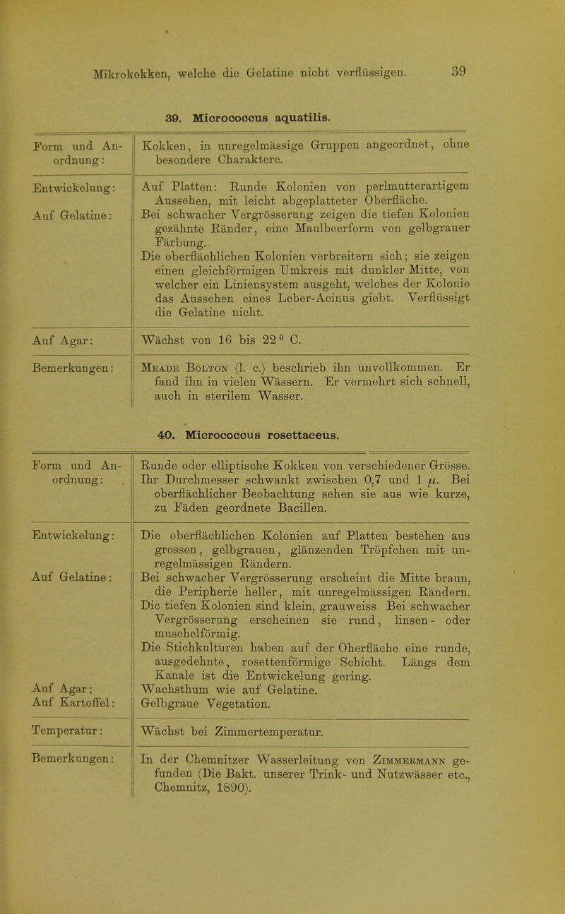 39. Mieroeoccus aquatilis. Form und An- ordnung : Kokken, in unregelmässige Gruppen angeordnet, ohne besondere Charaktere. Entwickelung: Auf Platten: Runde Kolonien von perlmutterartigem Aussehen, mit leicht abgeplatteter Oberfläche. Auf Gelatine: Bei schwacher Vergrösserung zeigen die tiefen Kolonien gezähnte Ränder, eine Maulbeerform von gelbgrauer Färbung. Die oberflächlichen Kolonien verbreitern sich; sie zeigen einen gleichförmigen Umkreis mit dunkler Mitte, von welcher ein Liniensystem ausgeht, welches der Kolonie das Aussehen eines Leber-Acinus giebt. Verflüssigt die Gelatine nicht. Auf Agar: Wächst von 16 bis 22° C. Bemerkungen: Meade Bolton (1. c.) beschrieb ihn unvollkommen. Er fand ihn in vielen Wässern. Er vermehrt sich schnell, auch in sterilem Wasser. 40. Microcoecus rosettaceus. Form und An- ordnung : Runde oder elliptische Kokken von verschiedener Grösse. Ihr Durchmesser schwankt zwischen 0,7 und 1 [x. Bei oberflächlicher Beobachtung sehen sie aus wie kurze, zu Fäden geordnete Bacillen. Entwickelung: Die oberflächlichen Kolonien auf Platten bestehen aus grossen, gelbgrauen, glänzenden Tröpfchen mit un- regelmässigen Rändern. Auf Gelatine: Bei schwacher Vergrösserung erscheint die Mitte braun, die Peripherie heller, mit unregelmässigen Rändern. Die tiefen Kolonien sind klein, grauweiss Bei schwacher Vergrösserung erscheinen sie rund, linsen- oder muschelförmig. Die Stichkulturen haben auf der Oberfläche eine runde, Auf Agar: Auf Kartoffel: ausgedehnte, rosettenförmige Schicht. Längs dem Kanäle ist die Entwickelung gering. Wachsthum wie auf Gelatine. Gelbgraue Vegetation. Temperatur: Wächst bei Zimmertemperatur. Bemerkungen: In der Chemnitzer Wasserleitung von Zimmermann ge- funden (Die Bakt. unserer Trink- und Nutzwässer etc., Chemnitz, 1890).