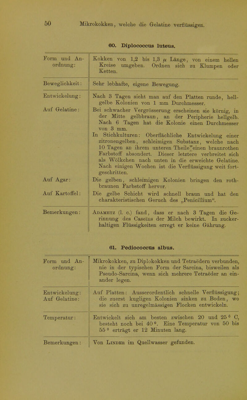 60. Diploeoccus luteus. Form und An- ordnung: Kokken von 1,2 bis 1,3 fx Länge, von einem hellen Kreise umgeben. Ordnen sich zu Klumpen oder Ketten. Beweglichkeit: Sehr lebhafte, eigene Bewegung. Entwickelung: Nach 3 Tagen sieht man auf den Platten runde, hell- gelbe Kolonien von 1 mm Durchmesser. Auf Gelatine: Bei schwacher Vergrösserung erscheinen sie körnig, in der Mitte gelbbraun, an der Peripherie hellgelb. Nach 6 Tagen hat die Kolonie einen Durchmesser von 3 mm. In Stichkulturen: Oberflächliche Entwickelung einer zitronengelben, schleimigen Substanz, welche nach 10 Tagen an ihrem unteren Theile 'einen braunrothen Farbstoff absondert. Dieser letztere verbreitet sich als Wölkchen nach unten in die erweichte Gelatine. Nach einigen Wochen ist die Verflüssigung weit fort- geschritten. Auf Agar: Die gelben, schleimigen Kolonien bringen den roth- braunen Farbstoff hervor. Auf Kartoffel: Die gelbe Schicht wird schnell braun und hat den charakteristischen Geruch des „Penicillium“. Bemerkungen: Adametz (1. c.) fand, dass er nach 3 Tagen die Ge- rinnung des Caseins der Milch bewirkt. In zucker- haltigen Flüssigkeiten erregt er keine Gährung. 61. Pediococcus albus. Form und An- ordnung : Mikrokokken, zu Diplokokken und Tetraedern verbunden, nie in der typischen Form der Sarcina, bisweilen als Pseudo-Sarcina, wenn sich mehrere Tetraeder an ein- ander legen. Entwickelung: Auf Gelatine: Auf Platten: Ausserordentlich schnelle Verflüssigung; die zuerst kugligen Kolonien sinken zu Boden, wo sie sich zu unregelmässigen Flocken entwickeln. Temperatur: Entwickelt sich am besten zwischen 20 und 25 0 C, besteht noch bei 40 °. Eine Temperatur von 50 bis 55 0 erträgt er 12 Minuten lang. Bemerkungen: Von Lindek im Quellwasser gefunden.