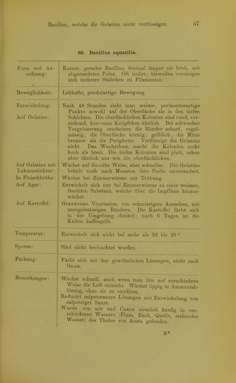 89. Bacillus aquatilis. Form und An- ordnung : Kurzer, gerader Bacillus, dreimal länger als breit, mit abgerundeten Polen. Oft isolirt; bisweilen vereinigen sich mehrere Stäbchen zu Filamenten. • Beweglichkeit: Lebhafte, pendelartige Bewegung. Entwickelung: Nach 48 Stunden sieht man weisse, perlmutterartige Punkte sowohl auf der Oberfläche als in den tiefen Auf Gelatine: Schichten. Die oberflächlichen Kolonien sind rund, vor- stehend, konvexen Knöpfchen ähnlich. Bei schwacher Vergrösserung erscheinen die Bänder scharf, regel- mässig , die Oberfläche körnig, gelblich, die Mitte brauner als die Peripherie. Verflüssigt die Gelatine nicht. Das Wachsthum macht die Kolonien mehr hoch als breit. Die tiefen Kolonien sind platt, sehen aber ähnlich aus wie die oberflächlichen. Auf Gelatine mit Lakmustinktur: In Fleischbrühe: Auf Agar: Wächst auf dieselbe Weise, aber schneller. Die Gelatine behält noch nach Monaten ihre Farbe unverändert. Wächst bei Zimmerwärme mit Trübung. Entwickelt sich nur bei Zimmerwärme zu einer weissen, feuchten Substanz, welche über die Impflinie hinaus- wächst. Auf Kartoffel: Grauweisse Vegetation, von schmierigem Aussehen, mit unregelmässigen Bändern. Die Kartoffel färbt sich in der Umgebung dunkel; nach 6 Tagen ist die Kultur kaffeegelb. Temperatur: Entwickelt sich nicht bei mehr als 23 bis 25 °. Sporen: Sind nicht beobachtet worden. Färbung: Färbt sich mit den gewöhnlichen Lösungen, nicht nach Gram. Bemerkungen: Wächst schnell, auch wenn man ihm auf verschiedene Weise die Luft entzieht. Wächst üppig in Ammoniak- lösung, ohne sie zu oxydiren. Beducirt salpetersaure Lösungen mit Entwickelung von salpetriger Säure. Wurde von mir und Carle ziemlich häufig in ver- schiedenen Wassern (Fluss, Bach, Quelle, stehendes Wasser) des Thaies von Aosta gefunden.