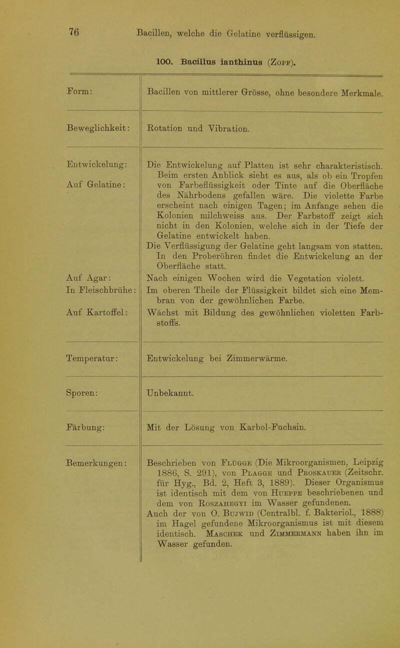 100. Bacillus ianthinus (Zopp). Form: Bacillen von mittlerer Grösse, ohne besondere Merkmale. Beweglichkeit: Rotation und Vibration. Entwickelung: Die Entwickelung auf Platten ist sehr charakteristisch. Auf Gelatine: Beim ersten Anblick sieht es aus, als ob ein Tropfen von Farbeflüssigkeit oder Tinte auf die Oberfläche des Nährbodens gefallen wäre. Die violette Farbe erscheint nach einigen Tagen; im Anfänge sehen die Kolonien milchweiss aus. Der Farbstoff zeigt sich nicht in den Kolonien, welche sich in der Tiefe der Gelatine entwickelt haben. Die Verflüssigung der Gelatine geht langsam von statten. In den Proberöhren findet die Entwickelung an der Oberfläche statt. Auf Agar: In Fleischbrühe: Nach einigen Wochen wird die Vegetation violett. Im oberen Theile der Flüssigkeit bildet sich eine Mem- bran von der gewöhnlichen Farbe. Auf Kartoffel: Wächst mit Bildung des gewöhnlichen violetten Farb- stoffs. Temperatur: Entwickelung bei Zimmerwärme. Sporen: Unbekannt. Färbung: Mit der Lösung von Karbol-Fuchsin. Bemerkungen: Beschrieben von Flügge (Die Mikroorganismen, Leipzig 1886, S. 291), von Plagge und Pboskauek (Zeitschr. für Hyg., Bd. 2, Heft 3, 1889). Dieser Organismus ist identisch mit dem von Hueppe beschriebenen und dem von Roszahegyi im Wasser gefundenen. Auch der von 0. Bujwld (Centralbl. f. Bakteriol., 1888) im Hagel gefundene Mikroorganismus ist mit diesem identisch. Maschek und Zimmkbmann haben ihn im Wasser gefunden.