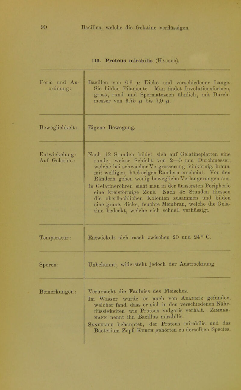 119. Proteus mirabilis (Hauser). Form und An- ordnung : Bacillen von 0,6 /u Dicke und verschiedener Länge. Sie bilden Filamente. Man findet Involutionsformen, gross, rund und Spermatozoen ähnlich, mit Durch- messer von 3,75 /.i bis 7,0 f.i. Beweglichkeit: Eigene Bewegung. Entwickelung: Auf Gelatine: Nach 12 Stunden bildet sich auf Gelatineplatten eine runde, weisse Schicht von 2—3 mm Durchmesser, welche bei schwacher Vergrösserung feinkörnig, braun, mit welligen, höckerigen Rändern erscheint. Von den Rändern gehen wenig bewegliche Verlängerungen aus. In Gelatineröhren sieht man in der äussersten Peripherie eine kreisförmige Zone. Nach 48 Stunden fliessen die oberflächlichen Kolonien zusammen und bilden eine graue, dicke, feuchte Membran, welche die Gela- tine bedeckt, welche sich schnell verflüssigt. Temperatur: Entwickelt sich rasch zwischen 20 und 24 0 C. Sporen: Unbekannt; widersteht jedoch der Austrocknung. Bemerkungen: Verursacht die Fäulniss des Fleisches. Im Wasser wurde er auch von Adametz gefunden, welcher fand, dass er sich in den verschiedenen Nähr- flüssigkeiten wie Proteus vulgaris verhält. Zimmer- mann nennt ihn Bacillus mirabilis. Sanfelice behauptet, der Proteus mirabilis und das Bacterium Zopfi Kurth gehörten zu derselben bpecies.