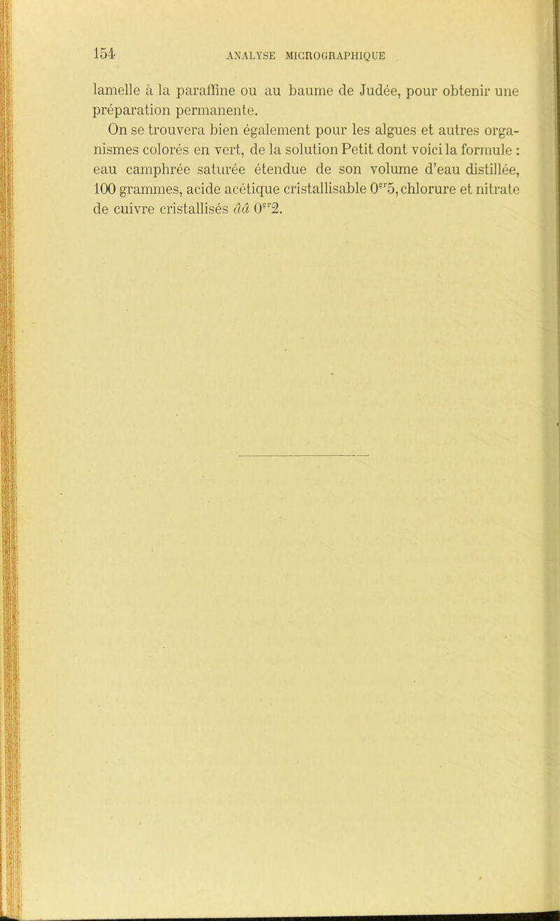 lamelle à la paraffine ou au baume de Judée, pour obtenir une préparation permanente. On se trouvera bien également pour les algues et autres orga- nismes colorés en vert, de la solution Petit dont voici la formule : eau camphrée saturée étendue de son volume d’eau distillée, 100 grammes, acide acétique cristallisable O^ô, chlorure et nitrate de cuivre cristallisés ââ 0?r2.