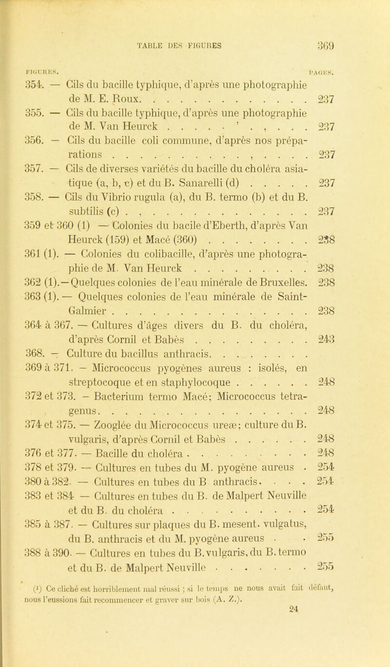 FIGURES. PAGES. 354. — Cils du bacille typhique, d’après une photographie de M. E. Roux 237 355. — Cils du bacille typhique, d’après une photographie de M. Van Heurck 237 356. — Cils du bacille coli commune, d’après nos prépa- rations , . . . . 237 357. — Cils de diverses variétés du bacille du choléra asia- tique (a, b, c) et du B. Sanarelli (d) 237 358. — Cils du Vibrio rugula (a), du B. termo (b) et du B. subtilis (c) . , 237 359 et 360 (1) — Colonies du bacile d’Eberth, d’après Van Heurck (159) et Macé (360) 238 361 (1). — Colonies du colibacille, d'après une photogra- phie de M. Van Heurck 238 362 (1). —Quelques colonies de l’eau minérale de Bruxelles. 238 363 (1). — Quelques colonies de l’eau minérale de Saint- Galmier 238 364 à 367. — Cultures d’âges divers du B. du choléra, d’après Cornil et Babès 243 368. — Culture du bacillus anthracis 369 à 371. — Micrococcus pyogènes aureus : isolés, en streptocoque et en staphylocoque 248 372 et 373. — Bacterium termo Macé; Micrococcus tetra- genus 248 374 et 375. — Zooglée du Micrococcus ureæ; culture du B. vulgaris, d’après Cornil et Babès 248 376 et 377. — Bacille du choléra 248 378 et 379. — Cultures en tubes du M. pyogène aureus . 254 380 5 382. — Cultures en tubes du B anthracis. • • . 254 383 et 384 — Cultures en tubes du B. de Malpert Neuville et du B. du choléra 354 385 à 387. — Cultures sur plaques du B. mesent. vulgatus, du B. anthracis et du M. pyogène aureus . • 255 388 à 390- — Cultures en tubes du B.vulgaris, du B. termo et du B. de Malpert Neuville 255 p) Ce cliché est horriblement mal réussi ; si le temps ne nous avait lait délaut, nous l’eussions fait recommencer et graver sur bois (A. Z.). 24