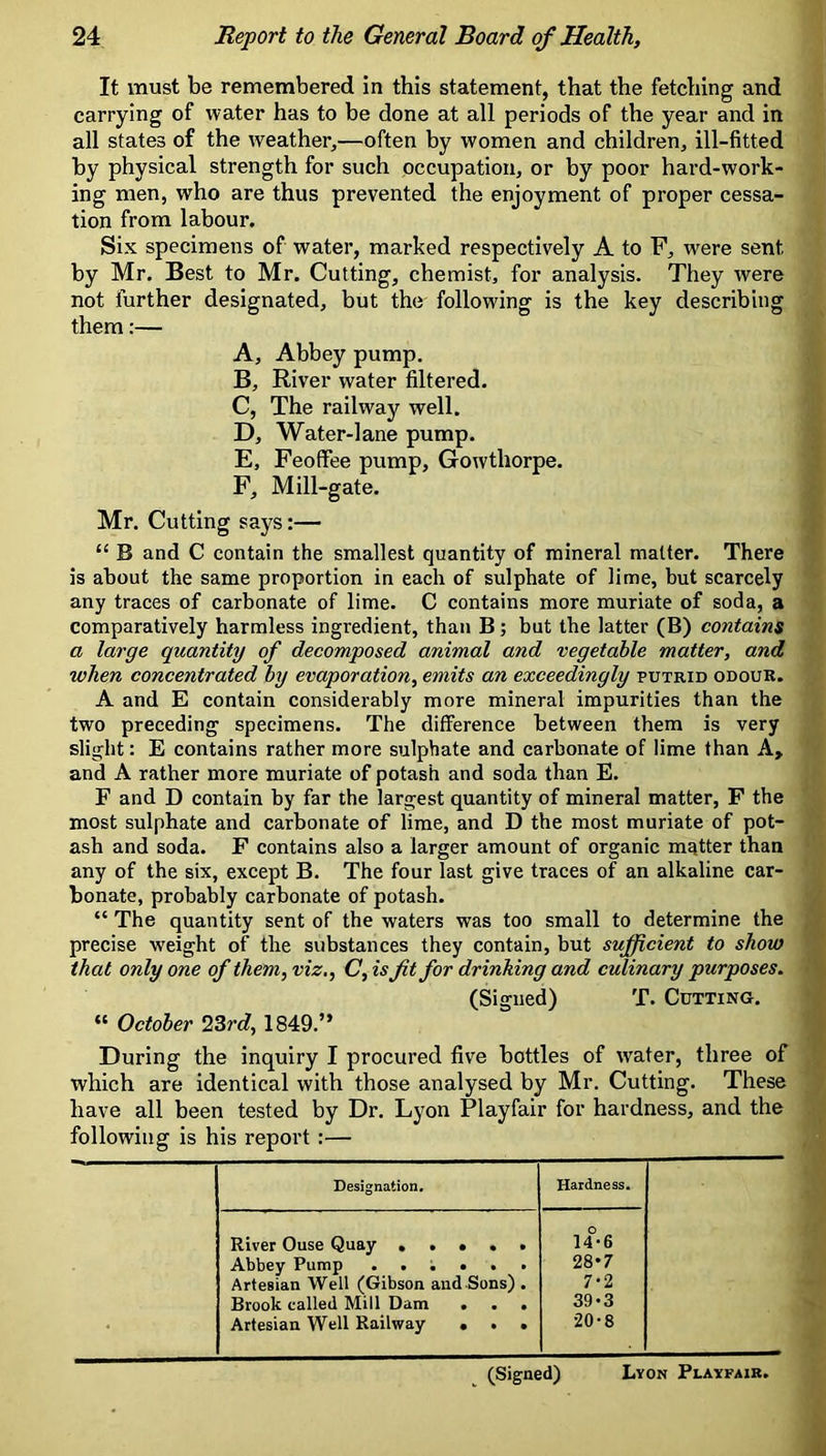 It must be remembered in this statement, that the fetching and carrying of water has to be done at all periods of the year and in all states of the weather,—often by women and children, ill-fitted by physical strength for such occupation, or by poor hard-work- ing men, who are thus prevented the enjoyment of proper cessa- tion from labour. Six specimens of water, marked respectively A to F, were sent by Mr. Best to Mr. Cutting, chemist, for analysis. They were not further designated, but the following is the key describing them:— A, Abbey pump. B, River water filtered. C, The railway well. D, Water-lane pump. E, Feoffee pump, Gowthorpe. F, Mill-gate. Mr. Cutting says:— “ B and C contain the smallest quantity of mineral matter. There is about the same proportion in each of sulphate of lime, but scarcely any traces of carbonate of lime. C contains more muriate of soda, a comparatively harmless ingredient, than B; but the latter (B) contains a large quantity of decomposed animal and vegetable matter, and when concentrated by evaporation, emits an exceedingly putrid odour. A and E contain considerably more mineral impurities than the two preceding specimens. The difference between them is very slight: E contains rather more sulphate and carbonate of lime than A, and A rather more muriate of potash and soda than E. F and D contain by far the largest quantity of mineral matter, F the most sulphate and carbonate of lime, and D the most muriate of pot- ash and soda. F contains also a larger amount of organic matter than any of the six, except B. The four last give traces of an alkaline car- bonate, probably carbonate of potash. “ The quantity sent of the waters was too small to determine the precise weight of the substances they contain, but sufficient to show that only one of them, viz., C, isfit for drinhing and culinary purposes. (Signed) T. Cutting. “ October 2Zrd, 1849.” During the inquiry I procured five bottles of water, three of which are identical with those analysed by Mr. Cutting. These have all been tested by Dr. Lyon Playfair for hardness, and the following is his report:— Designation. Hardness. River Ouse Quay ..... o 14-6 Abbey Pump 28*7 Artesian Well (Gibson and Sons) . 7*2 Brook called Mill Dam ... 39'3 Artesian Well Railway ... 20-8 (Signed) Lyon Playfair.