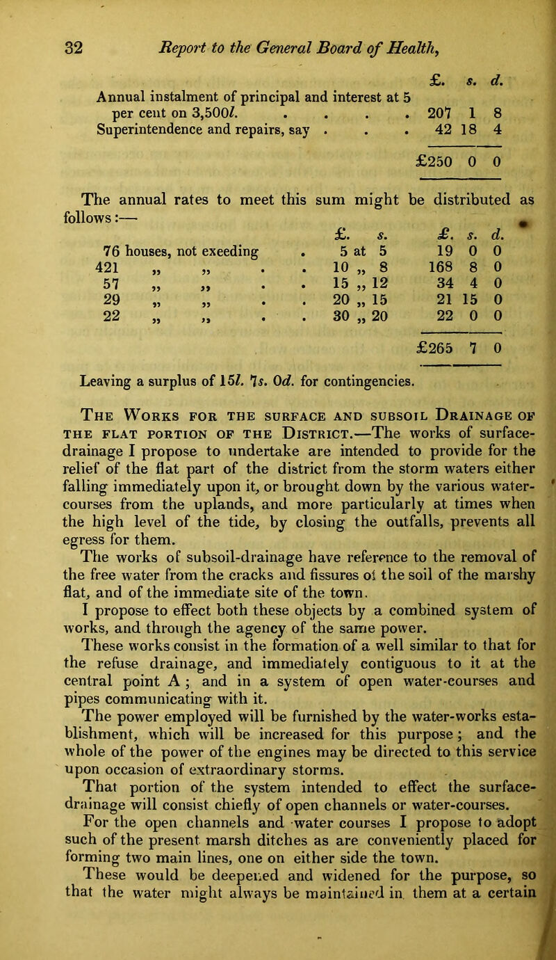 £. s. d. Annual instalment of principal and interest at 5 per cent on 3,500^. .... 207 1 8 Superintendence and repairs, say . . . 42184 £250 0 0 The annual rates to meet this sum might be distributed as £. s. £. s. d. 76 houses, not ex ceding • 5 9-t 5 19 0 0 421 10 „ 8 168 8 0 57 ,, . 15 „ 12 34 4 0 29 „ . 20 „ 15 21 15 0 22 30 „ 20 22 0 0 £265 7 0 Leaving a surplus of 15/. ^s. Od. for contingencies. The Works for the surface and subsoil Drainage of THE FLAT PORTION OF THE DISTRICT.—The woi’ks of surface- drainage I propose to undertake are intended to provide for the relief of the flat part of the district from the storm waters either falling immediately upon it, or brought down by the various water- * courses from the uplands, and more particularly at times when the high level of the tide, by closing the outfalls, prevents all egress for them. The works of subsoil-drainage have reference to the removal of the free water from the cracks and fissures oi the soil of the marshy flat, and of the immediate site of the town. I propose to effect both these objects by a combined system of works, and through the agency of the same power. These works consist in the formation of a well similar to that for the refuse drainage, and immediately contiguous to it at the central point A ; and in a system of open water-courses and pipes communicating with it. The power employed will be furnished by the water-works esta- blishment, which will be increased for this purpose; and the whole of the power of the engines may be directed to this service upon occasion of extraordinary storms. That portion of the system intended to effect the surface- drainage will consist chiefly of open channels or water-courses. For the open channels and water courses I propose to adopt such of the present marsh ditches as are conveniently placed for forming two main lines, one on either side the town. These would be deepened and widened for the purpose, so « that the water might always be maintained in them at a certain I