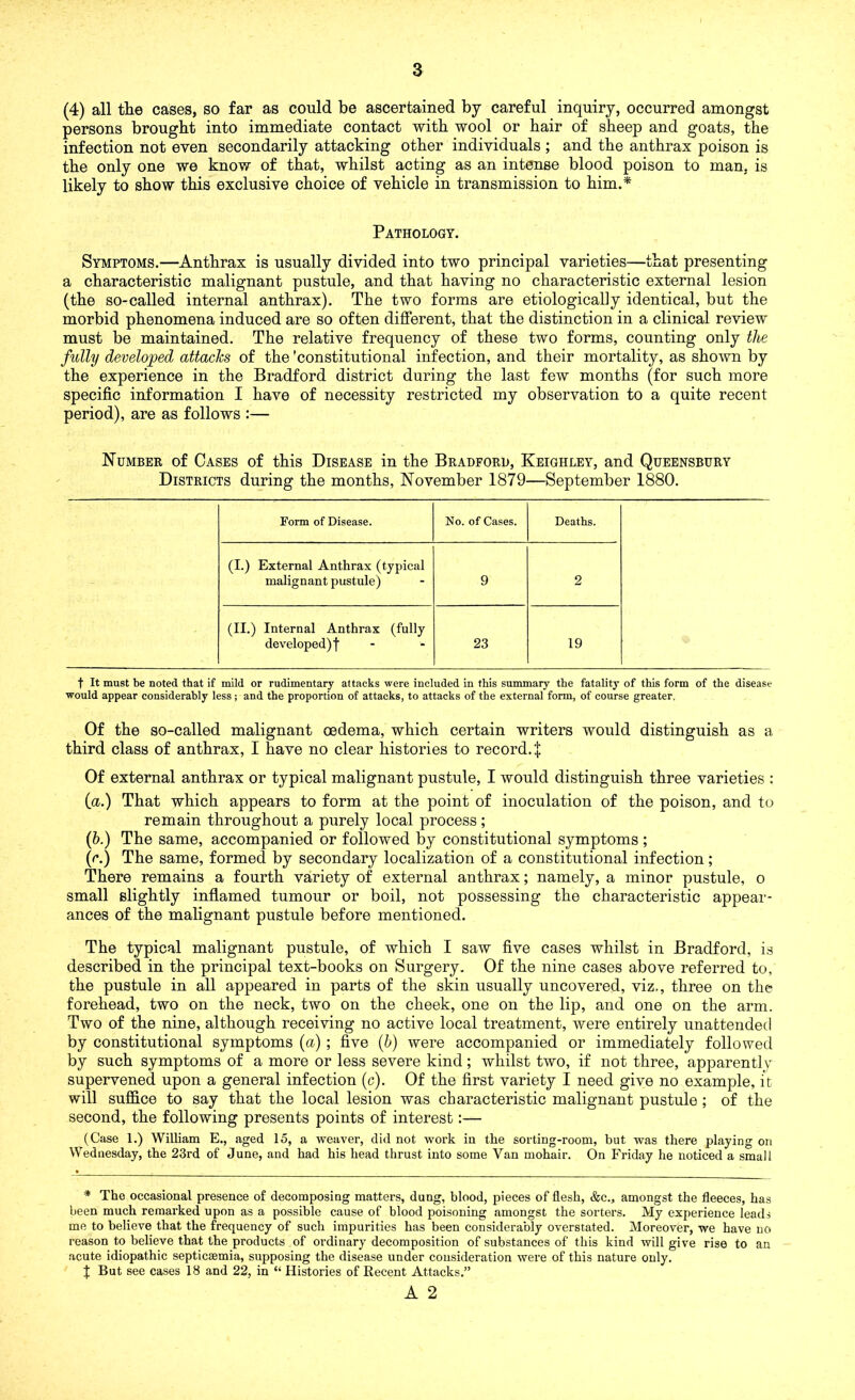 (4) all the cases, so far as could be ascertained by careful inquiry, occurred amongst persons brought into immediate contact with wool or hair of sheep and goats, the infection not even secondarily attacking other individuals ; and the anthrax poison is the only one we know of that, whilst acting as an intense blood poison to man, is likely to show this exclusive choice of vehicle in transmission to him.* Pathology. Symptoms.—Anthrax is usually divided into two principal varieties—that presenting a characteristic malignant pustule, and that having no characteristic external lesion (the so-called internal anthrax). The two forms are etiologically identical, but the morbid phenomena induced are so often different, that the distinction in a clinical review must be maintained. The relative frequency of these two forms, counting only the fully developed attacks of the 'constitutional infection, and their mortality, as shown by the experience in the Bradford district during the last few months (for such more specific information I have of necessity restricted my observation to a quite recent period), are as follows :— Number of Cases of this Disease in the Bradford, Keighley, and Queensbury Districts during the months, November 1879—September 1880. Form of Disease. No. of Cases. Deaths. (I.) External Anthrax (typical malignant pustule) 9 2 (II.) Internal Anthrax (fully developed)! 23 19 t It must be noted that if mild or rudimentary attacks were included in this summary the fatality of this form of the disease would appear considerably less; and the proportion of attacks, to attacks of the external form, of course greater. Of the so-called malignant oedema, which certain writers would distinguish as a third class of anthrax, I have no clear histories to record.! Of external anthrax or typical malignant pustule, I would distinguish three varieties : (u.) That which appears to form at the point of inoculation of the poison, and to remain throughout a purely local process; (b.) The same, accompanied or followed by constitutional symptoms ; (r.) The same, formed by secondary localization of a constitutional infection; There remains a fourth variety of external anthrax; namely, a minor pustule, o small slightly inflamed tumour or boil, not possessing the characteristic appear- ances of the malignant pustule before mentioned. The typical malignant pustule, of which I saw five cases whilst in Bradford, is described in the principal text-books on Surgery. Of the nine cases above referred to, the pustule in all appeared in parts of the skin usually uncovered, viz,, three on the forehead, two on the neck, two on the cheek, one on the lip, and one on the arm. Two of the nine, although receiving no active local treatment, were entirely unattended by constitutional symptoms (a) ; five (b) were accompanied or immediately followed by such symptoms of a more or less severe kind ; whilst two, if not three, apparentl v supervened upon a general infection (c). Of the first variety I need give no example, it will suffice to say that the local lesion was characteristic malignant pustule ; of the second, the following presents points of interest:— (Case 1.) William E., aged 15, a weaver, did not work in the sorting-room, but was there playing on Wednesday, the 23rd of June, and had his head thrust into some Van mohair. On Friday he noticed a small * The occasional presence of decomposing matters, dung, blood, pieces of flesh, &c., amongst the fleeces, has been much remarked upon as a possible cause of blood poisoning amongst the sorters. My experience leads me to believe that the frequency of such impurities has been considerably overstated. Moreover, we have no reason to believe that the products of ordinary decomposition of substances of this kind will give rise to an acute idiopathic septicaemia, supposing the disease under consideration were of this nature only. J But see cases 18 and 22, in “ Histories of Recent Attacks.”