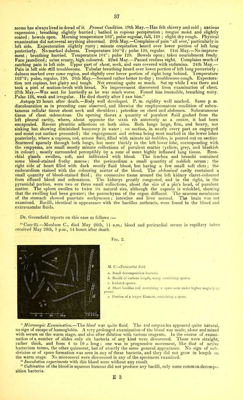 seems has always lived in dread of it. Present Condition. 19th May.—Has felt shivery and cold ; anxious expression ; breathing slightly hurried ; bathed in copious perspiration ; tongue moist and slightly coated; bowels open. Morning temperature 103°, pulse regular, full, 128 ; slight dry cough. Physical examination did not reveal anything abnormal. 20th May.—Complains of pain ‘ all over,’ particularly in left side. Expectoration slightly rusty ; minute crepitation heard over lower portion of left lung posteriorly. No marked dulness. Temperature 104o,2; pulse 130, regular. 21st May.—No improve- ment; breathing hurried. Temperature 104°; pulse 128. Bowels open; takes nourishment freely. Face jaundiced; urine scanty, high coloured. 22nd May.—Passed restless night. Complains much of catching pain in left side. Upper part of chest, neck, and ears covered with sudamina. 24th May.— Pain in left side still troublesome. Tubular breathing heard over lower portion of left lung posteriorly ; dulness marked over same region, and slightly over lower portion of right lung behind. Temperature 103o-2; pulse, regular, 130. 26th May.—Seemed rather better to-day ; troublesome cough. Expectora- tion not copious, but glairy and tough. Not sweating quite so much. Sat up while I was there and took a pint of mutton-broth with bread. No improvement discovered from examination of chest. 27th May.—Was sent for hurriedly as he was much worse. Found him insensible, breathing noisy. Pulse 136, weak and irregular. He died shortly after I saw him.” Autopsy 23 hours after death.—Body well developed. P. m. rigidity well marked. Same p. m. discolouration as in preceding case observed, and likewise the emphysematous condition of subcu- taneous cellular tissue about neck and shoulders; petechia; on chest and abdomen. Subcutaneous tissue of chest oedemutous. On opening thorax a quantity of purulent fluid gushed from the left pleural cavity, where, about opposite the sixth rib anteriorly as a centre, it had been encapsuled. Recent pleuritic adhesions on both sides. Both lungs large, firm, and heavy, not, sinking but showing diminished buoyancy in water ; on section, in nearly every part an engorged and moist cut surface presented ; the engorgement and oedema being most marked in the lower lobes posteriorly, where a copious, red, serous fluid, filled with minute air-bubbles, is poured out on section Scattered sparsely through both lungs, but more thickly in the left lower lobe, corresponding with the empyema, are small mostly minute collections of purulent matter (yellow, grey, and blackish in colour) ; mostly surrounded perceptibly by a zone of more highly inflamed lung tissue. Bron- chial glands swollen, soft, and infiltrated with blood. The trachea and bronchi contained some blood-stained frothy mucus; the pericardium a small quantity of reddish serum ; the right side of heart filled with dark mostly fluid blood, but having a few small soft clots ; the endocardium stained with the colouring matter of the blood. The abdominal cavity contained a small quantity of blood-stained fluid ; the connective tissue around the left kidney claret-coloured from effused blood and osdematous. The kidneys greatly congested, and in the right, in the pyramidal portion, were two or three small collections, about the size of a pin’s head, of purulent matter. The spleen swollen to twice its natural size, although the capsule is wrinkled, showing that the swelling had been greater; the parenchyma of the organ diffluent. The mucous membrane of the stomach showed punctate ecchymoses ; intestine and liver normal. The brain was not examined. Bacilli, identical in appearance with the bacillus anthracis, were found in the blood and extravascular fluids. Dr. Greenfield reports on this case as follows :— “ Case 22.—Moulson C., died May 26th, 11 a.m.; blood and pericardial serum in capillary tubes received May 28th, 5 p.m., 54 hours after death. Fig. 2. M. C.—Pericardial fluid. a. Small decomposition bacteria. b. Bacilli of various length, many containing spores. c. Isolated spores. d. Short bacillus rod containing a spore seen under higher magnifying- power. e. Portion of a longer filament, containing a spore. “ Microscopic Examination.—The blood was quite fluid. The red corpuscles appeared quite natural, no sign of escape of ha;moglobin. A very prolonged examination of the blood was made, alone and mixed with serum on the warm stage, and also after dilution with various reagents. In the course of exami- nation of a number of slides only six bacteria of any kind were discovered. These were straight, rather thick, and from 6 to 10 y. long ; one was in progressive movement, like that of active bacterium termo, the other quiescent, but of exactly the same general appearance. No sign of sub- division or of spore formation w as seen in any of these bacteria, and they did not grow in length on the warm stage. No micrococci were discovered in any of the specimens examined. “ Inoculation experiments with this blood were without any result. “ Cultivation of the blood in aqueous humour did not produce any bacilli, only some common decompo- sition bacteria.