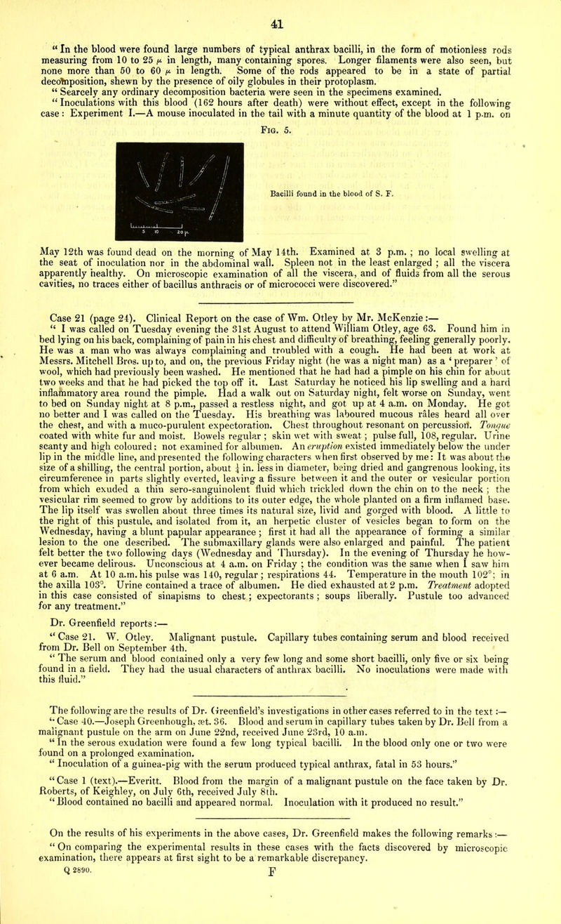 “ In the blood were found large numbers of typical anthrax bacilli, in the form of motionless rods measuring from 10 to 25 ^ in length, many containing spores. Longer filaments were also seen, but none more than 50 to 60 p in length. Some of the rods appeared to be in a state of partial decomposition, shewn by the presence of oily globules in their protoplasm. “ Scarcely any ordinary decomposition bacteria were seen in the specimens examined. “ Inoculations with this blood (162 hours after death) were without effect, except in the following case : Experiment I.—A mouse inoculated in the tail with a minute quantity of the blood at 1 p.m. on Fig. 5. Bacilli found in the blood of S. F. May 12th was found dead on the morning of May 14th. Examined at 3 p.m. ; no local swelling at the seat of inoculation nor in the abdominal wall. Spleen not in the least enlarged ; all the viscera apparently healthy. On microscopic examination of all the viscera, and of fluids from all the serous cavities, no traces either of bacillus anthracis or of micrococci were discovered.” Case 21 (page 24). Clinical Report on the case of Wm. Otley by Mr. McKenzie:— “ I was called on Tuesday evening the 31st August to attend William Otley, age 63. Found him in bed lying on his back, complaining of pain in his chest and difficulty of breathing, feeling generally poorly. He was a man who was always complaining and troubled with a cough. He had been at work at Messrs. Mitchell Bros, up to, and on, the previous Friday night (he was a night man) as a ‘ preparer ’ of wool, which had previously been washed. He mentioned that he had had a pimple on his chin for about two weeks and that he had picked the top off it. Last Saturday he noticed his lip swelling and a hard inflammatory area round the pimple. Had a walk out on Saturday night, felt worse on Sunday, went to bed on Sunday night at 8 p.m., passed a restless night, and got up at 4 a.m. on Monday. He got no better and I was called on the Tuesday. His breathing was laboured mucous rales heard all over the chest, and with a muco-purulent expectoration. Chest throughout resonant on percussion. Tongue coated with white fur and moist. Bowels regular ; skin wet with sweat; pulse full, 108, regular. Urine scanty and high coloured; not examined for albumen. An eruption existed immediately below the under lip in the middle line, and presented the following characters when first observed by me: It was about the size of a shilling, the central portion, about f in. less in diameter, being dried and gangrenous looking, its circumference in parts slightly everted, leaving a fissure between it and the outer or vesicular portion from which exuded a thin sero-sanguinolent fluid which trickled down the chin on to the neck ; the vesicular rim seemed to grow by additions to its outer edge, the whole planted on a firm inflamed base. The lip itself was swollen about three times its natural size, livid and gorged with blood. A little to the right of this pustule, and isolated from it, an herpetic cluster of vesicles began to form on the Wednesday, having a blunt papular appearance ; first it had all the appearance of forming a similar lesion to the one described. The submaxillary glands were also enlarged and painful. The patient felt better the two following days (Wednesday and Thursday). In the evening of Thursday he how- ever became delirous. Unconscious at 4 a.m. on Friday ; the condition was the same when I saw him at 6 a.m. At 10 aun.his pulse was 140, regular ; respirations 44. Temperature in the mouth 102°; in the axilla 103°. Urine contained a trace of albumen. He died exhausted at 2 p.m. Treatment adopted in this case consisted of sinapisms to chest; expectorants ; soups liberally. Pustule too advanced for any treatment.” Dr. Greenfield reports:— “Case 21. W. Otley. Malignant pustule. Capillary tubes containing serum and blood received from Dr. Bell on September 4th. “ The serum and blood contained only a very few long and some short bacilli, only five or six being found in a field. They had the usual characters of anthrax bacilli. No inoculations were made with this fluid.” The following are the results of Dr. Greenfield’s investigations in other cases referred to in the text:— “ Case 40.—Joseph Greenhough, set. 36. Blood and serum in capillary tubes taken by Dr. Bell from a malignant pustule on the arm on June 22nd, received June 23rd, 10 a.m. “ In the serous exudation were found a few long typical bacilli. In the blood only one or two were found on a prolonged examination. “ Inoculation of a guinea-pig with the serum produced typical anthrax, fatal in 53 hours.” “ Case 1 (text).—Everitt. Blood from the margin of a malignant pustule on the face taken by Dr. Roberts, of Keighley, on July 6th, received July 8th. “ Blood contained no bacilli and appeared normal. Inoculation with it produced no result.” On the results of his experiments in the above cases, Dr. Greenfield makes the following remarks:— “ On comparing the experimental results in these cases with the facts discovered by microscopic examination, there appears at first sight to be a remarkable discrepancy. Q 2890.