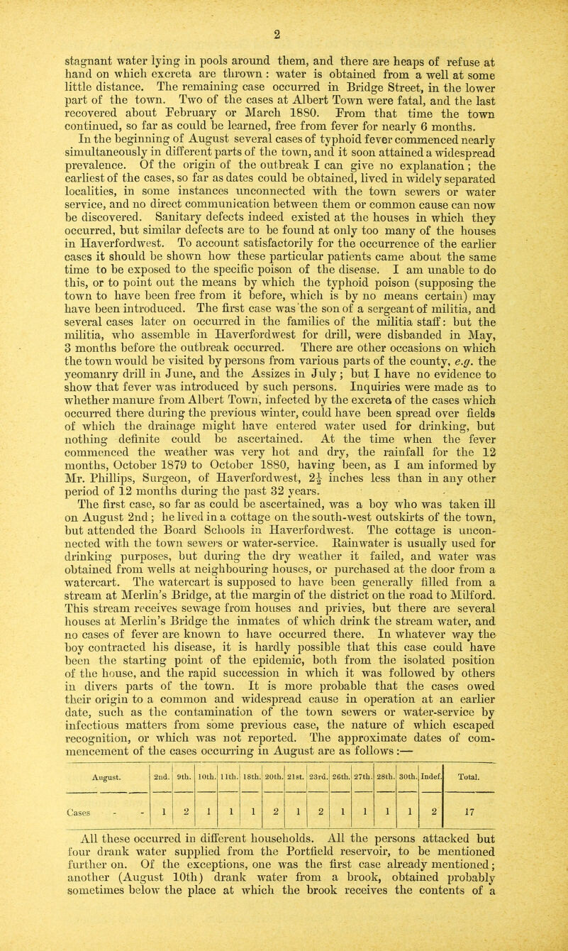 stagnant water lying in pools around them, and there are heaps of refuse at hand on which excreta are thrown : water is obtained from a well at some little distance. The remaining case occurred in Bridge Street, in the lower part of the town. Two of the cases at Albert Town were fatal, and the last recovered about February or March 1880. From that time the town continued, so far as could be learned, free from fever for nearly 6 months. In the beginning of August several cases of typhoid fever commenced nearly simultaneously in different parts of the town, and it soon attained a widespread prevalence. Of the origin of the outbreak I can give no explanation; the earliest of the cases, so far as dates could he obtained, lived in widely separated localities, in some instances unconnected with the town sewers or water service, and no direct communication between them or common cause can now be discovered. Sanitary defects indeed existed at the houses in which they occurred, but similar defects are to be found at only too many of the houses in Haverfordwest. To account satisfactorily for the occurrence of the earlier cases it should be shown how these particular patients came about the same time to be exposed to the specific poison of the disease. I am unable to do this, or to point out the means by which the typhoid poison (supposing the town to have been free from it before, which is by no means certain) may have been introduced. The first case was the son of a sergeant of militia, and several cases later on occurred in the families of the militia staff: but the militia, who assemble in Haverfordwest for drill, were disbanded in May, 3 months before the outbreak occurred. There are other occasions on which the town would be visited by persons from various parts of the county, e.g. the yeomanry drill in June, and the Assizes in July ; but I have no evidence to show that fever was introduced by such persons. Inquiries were made as to whether manure from Albert Town, infected by the excreta of the cases which occurred there during the previous winter, could have been spread over fields of which the drainage might have entered water used for drinking, but nothing definite could be ascertained. At the time when the fever commenced the weather was very hot and dry, the rainfall for the 12 months, October 1879 to October 1880, having been, as I am informed by Mr. Phillips, Surgeon, of Haverfordwest, 2\ inches less than in any other period of 12 months during the past 32 years. The first case, so far as could be ascertained, was a boy who was taken ill on August 2nd; he lived in a cottage on the south-west outskirts of the town, but attended the Board Schools in Haverfordwest. The cottage is uncon- nected with the town sewers or water-service. Bainwater is usually used for drinking purposes, but during the dry weather it failed, and water was obtained from wells at neighbouring houses, or purchased at the door from a watercart. The watercart is supposed to have been generally filled from a stream at Merlin’s Bridge, at the margin of the district on the road to Milford. This stream receives sewage from houses and privies, but there are several houses at Merlin’s Bridge the inmates of which drink the stream water, and no cases of fever are known to have occurred there. In whatever way the boy contracted his disease, it is hardly possible that this case could have been the starting point of the epidemic, both from the isolated position of the house, and the rapid succession in which it was followed by others in divers parts of the town. It is more probable that the cases owed their origin to a common and widespread cause in operation at an earlier date, such as the contamination of the town sewers or water-service by infectious matters from some previous case, the nature of which escaped recognition, or which was not reported. The approximate dates of com- mencement of the cases occurring in August are as follows :— August. 2nd. 9th. 10th. 11th. 18th. 20th. 21st. 23rd. 26 th. 27th. 28th. 30th. Indef. Total. Cases 1 2 1 1 1 2 1 2 1 1 1 1 2 17 All these occurred iu different households. All the persons attacked but four drank water supplied from the Portfield reservoir, to be mentioned further on. Of the exceptions, one was the first case already mentioned; another (August 10th) drank water from a brook, obtained probably sometimes below the place at which the brook receives the contents of a