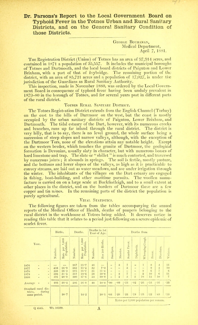 Dr. Parsons’s Report to the Local Government Board on Typhoid Fever in the Totnes Urban and Rural Sanitary Districts, and on the General Sanitary Condition of those Districts. George Buchanan, Medical Department, April 75 1881. The Registration District (Union) of Totnes has an area of 97,914 acres, and contained in 1871 a population of 35,557. It includes the municipal boroughs of Totnes and Dartmouth, and the local board districts of Paignton and Lower Brixham, with a part of that of lvybridge. The remaining portion of the district, with an area of 85,721 acres and a population of 17,027, is under the jurisdiction of the Guardians as Rural Sanitary Authority. This inspection, made in November 1880, was ordered by the Local Govern- ment Board in consequence of typhoid fever having been unduly prevalent in 1879-80 in the borough of Totnes, and for several years past in different parts of the rural district. Totnes Rural Sanitary District. The Totnes Registration District extends from the English Channel (Torbay) on the east to the hills of Dartmoor on the west, but the coast is mostly occupied by the urban sanitary districts of Paignton, Lower Brixham, and Dartmouth. The tidal estuary of the Dart, however, with its numerous creeks and branches, runs up far inland through the rural district. The district is very hilly, that is to say, there is no level ground, the whole surface being a succession of steep slopes and narrow valleys, although, with the exception of the Dartmoor Tors, none of the elevations attain any notable height. Except on the western border, which touches the granite of Dartmoor, the geological formation is Devonian, usually slaty in character, but with numerous bosses of hard limestone and trap. The slate or “ shillet ” is much contorted, and traversed by numerous joints ; it abounds in springs. The soil is fertile, mostly pasture, and the bottoms and lower slopes of the valleys, as high as it is practicable to convey streams, are laid out as water meadows, and are under irrigation through the winter. The inhabitants of the villages on the Dart estuary arc engaged in fishing, boat-building, and other maritime pursuits. The woollen manu- facture is carried on on a large scale at Buckfastleigh, and to a small extent at other places in the district, and on the borders of Dartmoor there arc a few copper and tin mines. In the remaining parts of the district the population is purely agricultural. Vital Statistics. Tiie following figures are taken from the tables accompanying the annual reports of the Medical Officer of Health, deaths of paupers belonging to the rural district in the workhouse at Totnes being added. It deserves notice in reading this table that it relates to a period just following on a severe epidemic of scarlet fever. Births. Deaths. Deaths in 1st j Year of. Acre, i Deaths from Year. £ Rate per 1,000 Population. CD rO £ Rate per 1,000 Population. CD |Z. jg a o CD P-) * © U1 <Sj CD CD O in Diphtheria. rfcjD O O CJD O C 1 5 CD CD .2 1876 __ 267 15-7 46 _ _ 3 7 _ l 8 4 11 1877 458 26-9 262 15‘4 32 7-0 - - 3 - - 9 4 10 1878 448 2G-3 285 16 • 7 51 11-4 - - - - 9 6 7 6 1879 53 C 3L5 317 18-G 58 10-8 - 3 7 - 2 10 6 11 1880 491 28-9 300 17 • G 53 10-8 - 2 3 2 10 13 10 7 Average - 483 28-4 286 1G ■ 8 48 lO'O '•00 ■09 ■23 ■02 • 20 •54 •36 > •53 Standard rural dis- tricts, during same period. 28-7 14-2 10-1 •03 ■28 •23 •19 • 35 *22 •48 ■39 v / ) Rates per 1,000 population per annum. Q 4545. Wt. 16339. A