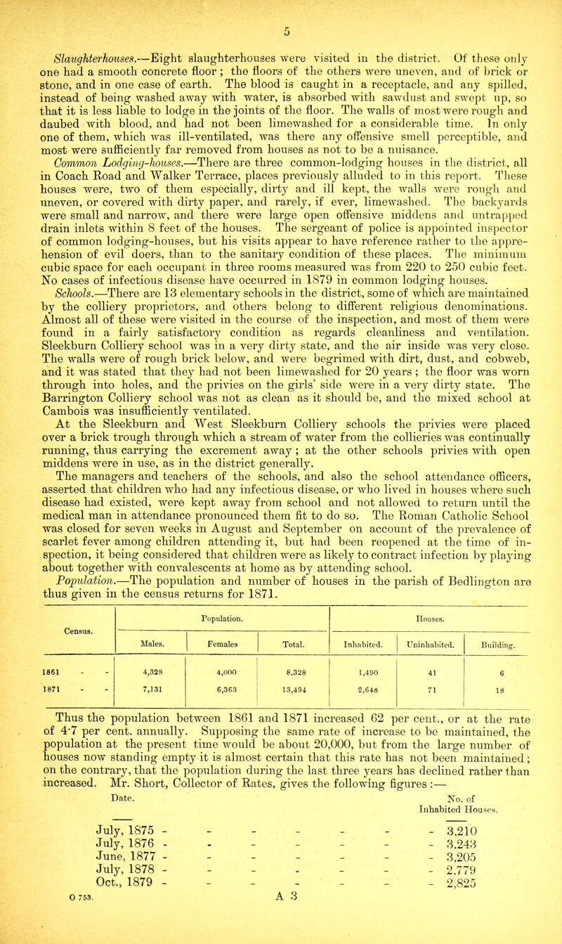 Slaughterhouses.—Eight slaughterhouses were visited in the district. Of these only one had a smooth concrete floor ; the floors of the others were uneven, and of brick or stone, and in one case of earth. The blood is caught in a receptacle, and any spilled, instead of being washed away with water, is absorbed with sawdust and swept up, so that it is less liable to lodge in the joints of the floor. The walls of most were rough and daubed with blood, and had not been limewaslied for a considerable time. In only one of them, which was ill-ventilated, was there any offensive smell perceptible, and most were sufficiently far removed from houses as not to be a nuisance. Common Lodging-houses.—There are three common-lodging houses in the district, all in Coach Road and Walker Terrace, places previously alluded to in this report. These houses were, two of them especially, dirty and ill kept, the walls were rough and uneven, or covered with dirty paper, and rarely, if ever, limewashed. The backyards were small and narrow, and there were large open offensive middens and untrapped drain inlets within 8 feet of the houses. The sergeant of police is appointed inspector of common lodging-houses, but his visits appear to have reference rather to the appre- hension of evil doers, than to the sanitary condition of these places. The minimum cubic space for each occupant in three rooms measured was from 220 to 250 cubic feet. No cases of infectious disease have occurred in 1879 in common lodging houses. Schools.—There are 13 elementary schools in the district, some of which are maintained by the colliery proprietors, and others belong to different religious denominations. Almost all of these were visited in the course of the inspection, and most of them were found in a fairly satisfactory condition as regards cleanliness and ventilation. Sleekburn Colliery school was in a very dirty state, and the air inside was very close. The walls were of rough brick below, and were begrimed with dirt, dust, and cobweb, and it was stated that they had not been limewashed for 20 years ; the floor was worn through into holes, and the privies on the girls’ side were in a very dirty state. The Barrington Colliery school was not as clean as it should be, and the mixed school at Cambois was insufficiently ventilated. At the Sleekburn and West Sleekburn Colliery schools the privies were placed over a brick trough through which a stream of water from the collieries was continually running, thus carrying the excrement away ; at the other schools privies with open middens were in use, as in the district generally. The managers and teachers of the schools, and also the school attendance officers, asserted that children who had any infectious disease, or who lived in houses where such disease had existed, were kept away from school and not allowed to return until the medical man in attendance pronounced them fit to do so. The Roman Catholic School was closed for seven weeks in August and September on account of the prevalence of scarlet fever among children attending it, but had been reopened at the time of in- spection, it being considered that children were as likely to contract infection by playing about together with convalescents at home as by attending school. Population.—The population and number of houses in the parish of Bedlington are thus given in the census returns for 1871. Census. Population. Houses. Males. Females Total. Inhabited. Uninhabited. Building. 1861 4,328 4,000 8,328 1,490 41 6 1871 7,131 6,363 13,494 2,648 71 18 Thus the population between 1861 and 1871 increased 62 per cent., or at the rate of 4‘7 per cent, annually. Supposing the same rate of increase to be maintained, the population at the present time would be about 20,000, but from the large number of houses now standing empty it is almost certain that this rate has not been maintained; on the contrary, that the population during the last three years has declined rather than increased. Mr. Short, Collector of Rates, gives the following figures :— Date. No. of Inhabited Houses. July, 1875 - July, 1876 - June, 1877 - July, 1878 - Oct., 1879 - - 3,210 - 3,243 - 3,205 - 2,779 - 2,825