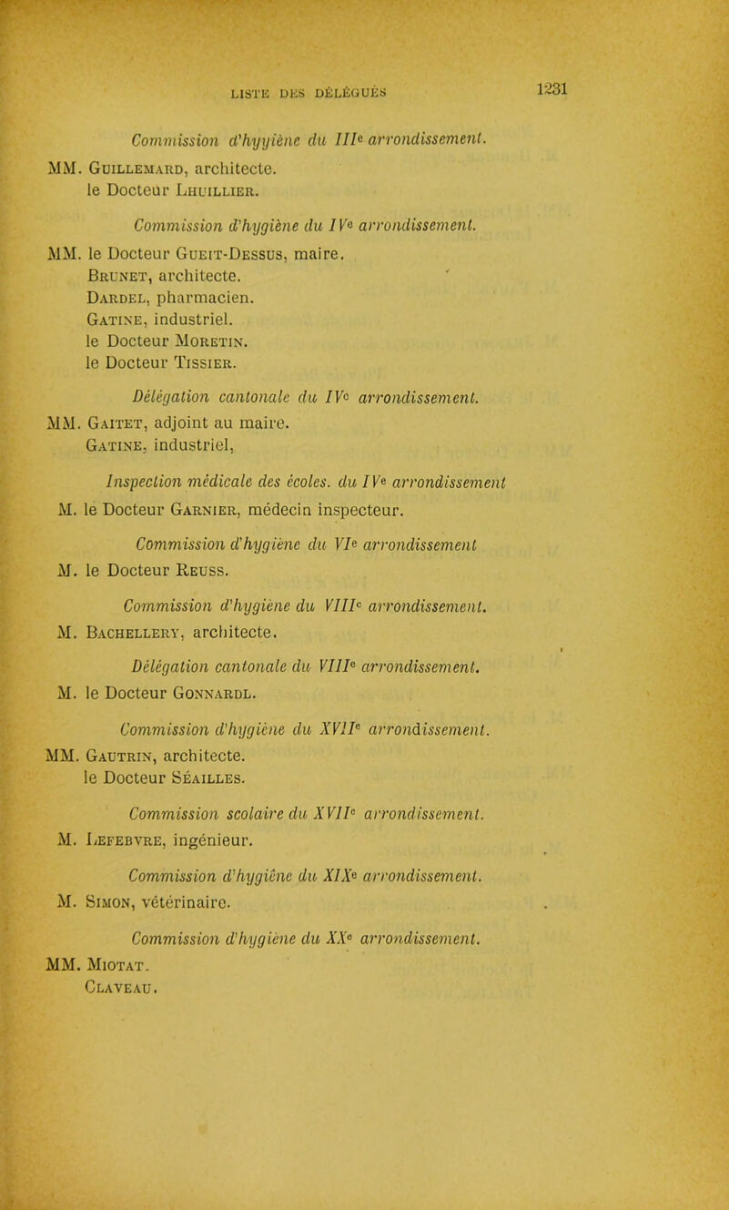 . Commission d'hygiène du IIIe arrondissement. MM. Guillemard, architecte, le Docteur Lhuillier. Commission d'hygiène du IVe arrondissement. MM. le Docteur Gueit-Dessus, maire. Brunet, architecte. Dardel, pharmacien. Gatine, industriel, le Docteur Moretin. le Docteur Tissier. Délégation cantonale du IVe arrondissement. MM. Gaitet, adjoint au maire. Gatine. industriel, Inspection médicale des écoles, du IVe arrondissement M. le Docteur Garnier, médecin inspecteur. Commission d'hygiène du VIe arrondissement M. le Docteur Reuss. Commission d'hygiène du VIIIe arrondissement. M. Bachellery, architecte. Délégation cantonale du VIIIe arrondissement. M. le Docteur Gonnardl. Commission d'hygiène du XVIIe arrondissement. MM. Gautrin, architecte, le Docteur Séailles. Commission scolaire du XVIIe arrondissement. M. Lefebvre, ingénieur. Commission d'hygiène du XIXe arrondissement. M. Simon, vétérinaire. Commission d'hygiène du XXe arrondissement. MM. Miotat. Claveau.