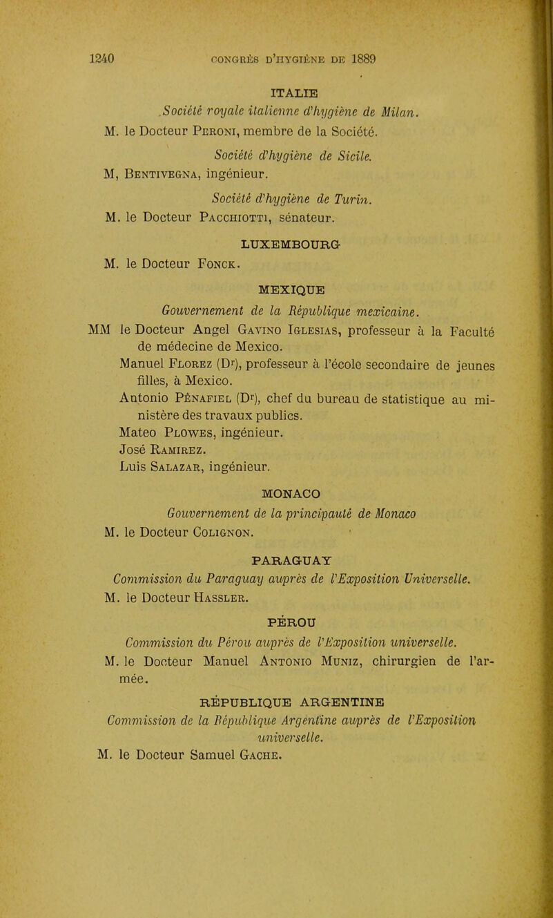 ITALIE Société royale italienne d'Iiygicne de Milan. M. le Docteur Peroni, membre de la Société. Société d'hygiène de Sicile. M, Bentivegna, ingénieur. Société d'hygiène de Turin. M. le Docteur Paccihotti, sénateur. LUXEMBOURG M. le Docteur Fonck. MEXIQUE Gouvernement de la République mexicaine. MM le Docteur Angel Gavino Iglesias, professeur à la Faculté de médecine de Mexico. Manuel Florez (Dr), professeur à l’école secondaire de jeunes filles, à Mexico. Antonio Pènafiel (Dr), chef du bureau de statistique au mi- nistère des travaux publics. Mateo Plowes, ingénieur. José Ramirez. Luis Salazar, ingénieur. MONACO Gouvernement de la principauté de Monaco M. le Docteur Colignon. PARAGUAY Commission du Paraguay auprès de l'Exposition Universelle. M. le Docteur Hassler. PÉROU Commission du Pérou auprès de l'Exposition universelle. M. le Docteur Manuel Antonio Muniz, chirurgien de l’ar- mée. RÉPUBLIQUE ARGENTINE Commission de la République Argentine auprès de l'Exposition universelle. M. le Docteur Samuel Gâche.