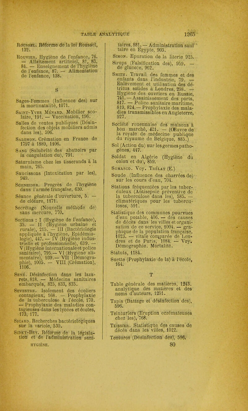 Roussel. Réforme de la loi Roussel, 132. Rouvier. Hygiène de l’enfance, 76. — Allaitement artificiel, 81, 83, 84. — Enseignement de l’hygiène de l’enfance, 87. — Alimentation de l’enfance, 138. S Sages-Femmes (Influence des) sur la mortinatalité, 4071. Saint-Yves Ménard. Mobilier sco- laire, 191. — Vaccination, 196. Salles de ventes publiques (Désin- fection des objets moniliers admis dans les), 596. Salomon. Crémation en France do 1797 à 1889, 1106. Sang (Salubrité des abattoirs par la coagulation du), 791. Saturnisme chez les tisserands à la main, 765. Saucissons (Intoxication par les), 949. Schneider. Progrès de l’hygiène dans l'armée française, 630. Séance générale d’ouverture, 5. — de clôture, 1171. Secrétage (Nouvelle méthode de) sans mercure, 770. Sections : I (Hygiène de l’enfance), 35. — II (Hygiène urbaine et rurale), 215. — III (Bactériologie appliquée à l’hygiène, Epidémio- logie), 447. — IV (Hygiène indus- trielle et professionnelle), 639. — V (Hygiène internationale et police sanitaire), 795.—VI (Hygiène ali- mentaire), 939.— VII (Démogra- phie), 1005. — VIII (Crémation), 1106. Séné. Désinfection dans les laza- rets, 818. — Médecins sanitaires embarqués, 825, 833, 835. Sevestre. Isolement des écoliers contagieux, 168. — Prophylaxie de la tuberculose à l'école, 170. — Prophylaxie des maladies con- tagieuses dans les lycées et écoles, 173, 177. Sicard. Recherches bactériologiques sur la variole, 530. Sidky-Bey. Réforme çle la législa- tion et de l’administration sani- 1IYGIÈNE. taires, 881. — Administration sani ' taire en Egypte, 903. Simon. Epuration do la literie 925. Sirops (Falsification dos), 959. — de glucoce, 962. Smith. Travail des femmes et des enfants dans l’industrie, 79. — Enlèvement et utilisation des dé- tritus solides à Londres, 298. — Hygiène des ouvriers en Russie, 741. —Assainissement des ports, 817. — Police sanitaire maritime, 819, 824,— Prophylaxie des mala- dies transmissibles en Angleterre, 927. Société rouennaise des maisons à bon marché, 421. — (Œuvre de la royale de médecine publique du royaume de Belgique, 885.) Sol (Action du) sur les germes patho- gènes, 447. Soldat en Algérie (Hygiène du colon et du), 859. Somasco. Voy. Trélat (E.) Soude (Influence des charrées de) sur les cours d’eau, 704. Stations fréquentées par les tuber- culeux (Antisepsie préventive de la tuberculose dans les), 585. — climatériques pour les tubercu- loses, 591. Statistique des communes pourvues d’eau potable, 406. — des causes de décès dans les villes et organi- sation de ce service, 1004. — gra- phique de la population française. 1023. — vitale comparée de Lon- dres et de Paris, 1084. — Voy. Démographie. Mortalité. Statuts, 1184. Suette (Prophylaxie de la) à l’école, 164. T Table générale des matières, 1243. analytique des matières et des noms d'auteurs, 1251. Tapis (Battage et désinfection des), 596. Teinturiers (Eruption eczémateuses chez les), 768. Teissier. Statistique des causes de décès dans les villes, 1022. Tentures (Désinfection des), 596. 80