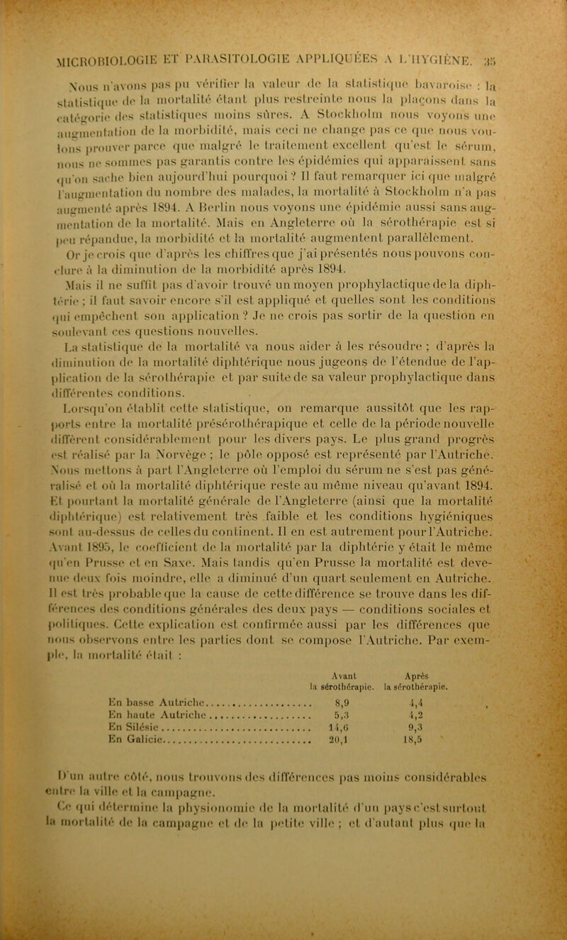 Nous n'avons pas pu vérifier la valeur de la statistique bavaroise : la statistique de la mortalité étant plus restreinte nous la plaçons dans la catégorie des statistiques moins sûres. A Stockholm nous voyons une augmentation de la morbidité, mais ceci ne change pas ce que nous vou- lons prouver parce que malgré le traitement excellent qu’est le sérum, nous ne sommes pas garantis contre les épidémies qui apparaissent sans «pi on sache bien aujourd’hui pourquoi? 11 faut remarquer ici que malgré l’augmentation du nombre des malades, la mortalité à Stockholm n'a pas augmenté après 1894. A Berlin nous voyons une épidémie aussi sans aug- mentation de la mortalité. Mais en Angleterre où la sérothérapie est si peu répandue, la morbidité et la mortalité augmentent parallèlement. Or je crois que d’après les chiffres que j’ai présentés nous pouvons con- clure à la diminution de la morbidité après 1894. Mais il ne suffit pas d’avoir trouvé un moyen prophylactique delà diph- térie; il faut savoir encore s'il est appliqué et quelles sont les conditions qui empêchent son application? Je ne crois pas sortir de la question en soulevant ces questions nouvelles. La statistique de la mortalité va nous aider à les résoudre; d’après la diminution de la mortalité diphtérique nous jugeons de l’étendue de l’ap- plication de la sérothérapie et par suite de sa valeur prophylactique dans différentes conditions. Lorsqu’on établit cette statistique, on remarque aussitôt que les rap- ports entre la mortalité présérothérapique et celle de la période nouvelle diffèrent considérablement pour les divers pays. Le plus grand progrès est réalisé par la Norvège ; le pôle opposé est représenté par l’Autriche. Nous mettons à part l’Angleterre où l’emploi du sérum ne s’est pas géné- ralisé et où la mortalité diphtérique reste au même niveau qu’avant 1894. Et pourtant la mortalité générale de l’Angleterre (ainsi que la mortalité diphtérique) est relativement très faible et les conditions hygiéniques sont au-dessus de celles du continent. Il en est autrement pour l’Autriche. Avant 1893, le coefficient de la mortalité par la diphtérie y était le même qu’en Prusse et en Saxe. Mais tandis qu’en Prusse la mortalité est deve- nue <leux fois moindre, elle a diminué d’un quart seulement en Autriche. Il est très probable que la cause de cette différence se trouve dans les dif- férences des conditions générales des deux pays — conditions sociales et politiques. Cette explication est confirmée aussi par les différences que nous observons entre les parties dont se compose l’Autriche. Par exem- ple, la mortalité était : Avant Après la sérothérapie, la sérothérapie. En basse Autriche 8,9 4,4 En haute Autriche 5,3 4,2 Fin Silésie 14,6 9,3 En Galicic 20,1 18,5 l)un autre côté, nous trouvons des différences pas moins considérables entre la ville et la campagne. Ce qui détermine la physionomie de la mortalité d’un pays c’est surtout la mortalité de la campagne et de la petite ville ; et d’autant plus que la