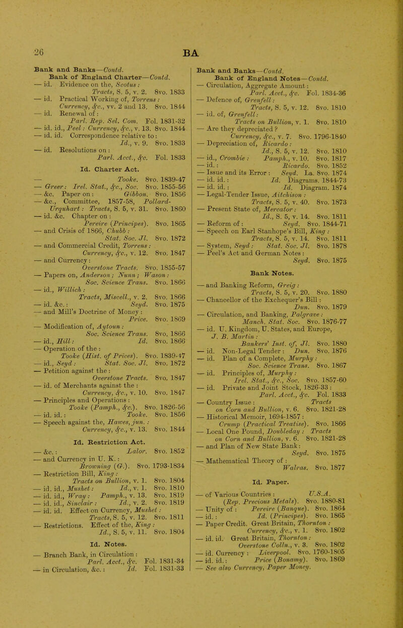 Bank and Banks—Contd. Bank of England Charter— Conld. — id. Evidence on the, Scotus: Tracts, S. 5, v. 2. 8vo. 1833 — id. Practical Working of, Torrens : Currency, Sfc., vv. 2 and 13. 8vo. 1844 — id. Renewal of: Pari. Rep. Sel. Com. Fol. 1831-32 — id. id., Peel: Currency, Sfc., v. 13. 8vo. 1844 — id. id. Correspondence relative to: Id., v. 9. 8vo. 1833 — id. Resolutions on : Pari. Acct., Sfc. Fol. 1833 Id. Charter Act. — Toolce. 8vo. 1839-47 —• Greer: Irel. Stat., Sfc., Soc. 8vo. 1855-56 — &c. Paper on: Gibbon. 8vo. 1856 — &c., Committee, 1857-58, Pollard- Urquhart: Tracts, S. 5, v. 31. 8vo. 1860 — id. &c. Chapter on : Pereire {Principes). 8vo. 1865 — and Crisis of 1866, Chubb : Stat. Soc. Jl. 8vo. 1872 — and Commercial Credit, Torrens : Currency, Sfc., v. 12. 8vo. 1847 — and Currency: Overstone Tracts. 8vo. 1855-57 — Papers on, Anderson; Nunn ; Wason : Soc. Science Trans. 8vo. 1866 — id., Willich: Tracts, Miscell., v. 2. 8vo. 1866 — id. &c.: Seyd. 8vo. 1875 — and Mill’s Doctrine of Money : Price. 8vo. 1869 — Modification of, Aytoun : Soc. Science Trans. 8vo, 1866 — id., Hill: Id. 8vo. 1866 — Operation of the : Toolce {Hist, of Prices). 8vo. 1839-17 — id., Seyd : Stat. Soc. Jl. 8vo. 1872 — Petition against the : Overstone Tracts. 8vo. 1847 — id. of Merchants against the : Currency, Sfc., v. 10. 8vo. 1847 — Principles and Operations : Toolce {Pamph., Sfc.). 8vo. 1826-56 — id. id. : Toolce. 8vo. 1856 — Speech against the, Hawes, jun. : Currency, Sfc., v. 13. 8vo. 1844 Id. Restriction Act. — &c.: Lalor. 8vo. 1852 — and Currency in U. K.: Browning ((?.). 8vo. 1793-1834 — Restriction Bill, King : Tracts on Bullion, v. 1. 8vo. 1804 — id. id., Mushet: Id.,\. 1. 8vo. 1810 — id. id., Wray: Pamph., v. 13. 8vo. 1819 — id. id., Sinclair : Id., v. 2. 8vo. 1819 — id. id. Effect on Currency, Mushet: Tracts, S. 5, v. 12. 8vo. 1811 — Restrictions. Effect of the, King : Id., S. 5, v. 11. 8vo. 1804 Id. Notes. — Branch Bank, in Circulation : Pari. Acct., Sfc. Fol. 1831-34 — in Circulation, &c.: Id. Fol. 1831-33 Bank and Banks—Conld. Bank of England Notes—Contd. — Circulation, Aggregate Amount: Pari. Acct., Sfc. Fol. 1834-36 — Defence of, Grenfell: Tracts, S. 5, v. 12. 8vo. 1810 — id. of, Grenfell: Tracts on Bullion, v. 1. 8vo. 1810 — Are they depreciated ? Currency, Sfc., v. 7. 8vo. 1796-1840 — Depreciation of, Ricardo : Id., S. 5, v. 12. 8vo. 1810 — id., Crombie : Pamph., v. 10. 8vo. 1817 — id.: Ricardo. 8vo. 1852 — Issue and its Error : Seyd. La. 8vo. 1874 — id. id.: Id. Diagrams. 1844-73 — id. id.: Id. Diagram. 1874 — Legal-Tender Issue, Aitchison : Tracts, S. 5, v. 40. 8vo. 1873 — Present State of, Mercator: Id., S. 5, v. 14. 8vo. 1811 — Reform of : Seyd. 8vo. 1844-71 — Speech on Earl Stanhope’s Bill, King : Tracts, S. 5, v. 14. 8vo. 1811 — System, Seyd: Stat. Soc. Jl. 8vo. 1878 — Peel’s Act and German Notes : Seyd. 8vo. 1875 Bank Notes. — and Banking Reform, Greig : Tracts, S. 5, v. 20. 8vo. 1880 — Chancellor of the Exchequer’s Bill: Dun. 8vo. 1879 — Circulation, and Banking, Palgrave : Manch. Stat. Soc. 8vo. 1876-77 — id. U. Eingdom, U. States, and Europe, J. B. Martin: Bankers’ Inst, of, Jl. 8vo. 1880 — id. Non-Legal Tender : Dun. 8vo. 1876 —- id. Plan of a Complete, Murphy: Soc. Science Trans. 8vo. 1867 — id. Principles of, Murphy : Irel. Stat., Sfc., Soc. 8vo. 1857-60 — id. Private and Joint Stock, 1826-33 : Pari. Acct., Sfc. Fol. 1833 — Country Issue : Tracts on Corn and Bullion, v. 6. 8vo. 1821-28 — Historical Memoir, 1694-1857 : Crump {Practical Treatise). 8vo. 1866 — Local One Pound, Doubleday : Tracts on Corn and Bullion, v. 6. 8vo. 1821-28 — and Plan of New State Bank: Seyd. 8vo. 1875 — Mathematical Theory of : Walras. 8vo. 1877 Id. Paper. — of Various Countries : U.S.A. {Rep. Precious Metals). 8vo. 1880-81 — Unity of : Pereire {Banque). 8vo. 1864 — id.: Id. {Principes). 8vo. 1865 — Paper Credit. Great Britain, Thornton : Currency, Sfc., v. 1. 8vo. 1802 — id. id. Great Britain, Thornton : Overstone Colin., v. 3. 8vo. 1802 — id. Currency : Liverpool. 8vo. 1760-1S05 — id. id.: Price {Bonamy). 8vo. 1869 — See also Currency, Paper Money.