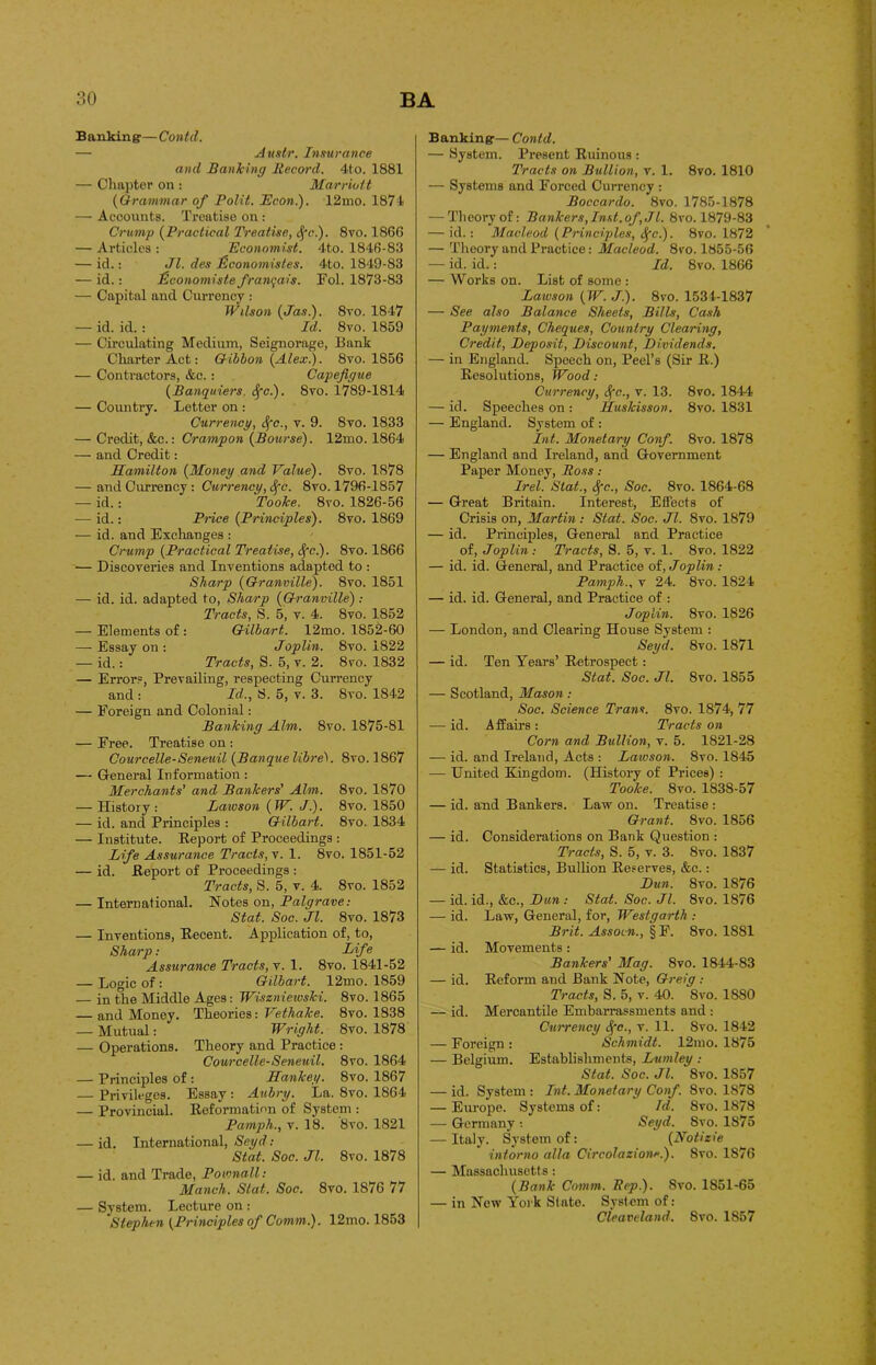 Banking—Contd. — Austr. Insurance and Banking Record. 4to. 1881 — Chapter on : Marriott (Grammar of Polit. JEcon). 12mo. 1874 — Accounts. Treatise on : Crump (Practical Treatise, cfv.). 8vo. 1866 — Articles : Economist. 4to. 1846-83 — id.: Jl. des Hconomistes. 4to. 1849-83 — id.: Ifconomiste franqais. Fol. 1873-83 — Capital and Currency : Wilson (Jas.). 8ro. 1847 — id. id. : Id. 8vo. 1859 — Circulating Medium, Seignorage, Bank Charter Act: Gibbon (Alex.). 8vo. 1856 — Contractors, &c.: Capefigue (Banquiers. Sfc.). 8vo. 1789-1814 — Country. Letter on : Currency, <fc., v. 9. 8vo. 1833 — Credit, &c.: Crampon (Bourse). 12mo. 1864 — and Credit: Hamilton (Money and Value). 8vo. 1878 — and Currency : Currency, Sfc. 8ro. 1796-1857 — id.: Tooke. 8vo. 1826-56 — id.: Price (Principles). 8vo. 1869 — id. and Exchanges : Crump (Practical Treatise, cfc.). 8vo. 1866 — Discoveries and Inventions adapted to : Sharp (Granville). 8vo. 1851 — id. id. adapted to, Sharp (Granville) : Tracts, S. 5, v. 4. 8vo. 1852 — Elements of : Gilbart. 12mo. 1852-60 — Essay on : Joplin. 8vo. 1822 — id.: Tracts, S. 5, v. 2. 8vo. 1832 — Errors, Prevailing, respecting Currency and : Id., S. 5, v. 3. 8vo. 1842 — Foreign and Colonial: Banking Aim. 8vo. 1875-81 — Free. Treatise on : Courcelle-Seneuil (Banque Ubre1. 8vo. 1867 — General Information: Merchants' and Bankers' Aim. 8vo. 1870 — History: Lawson (W. J.). 8vo. 1850 — id. and Principles : Gilbart. 8vo. 1834 — Institute. Report of Proceedings : Life Assurance Tracts, v. 1. 8vo. 1851-52 — id. Report of Proceedings : Tracts, S. 5, v. 4. 8vo. 1852 — International. Notes on, Palgrave: Stat. Soc. Jl. 8vo. 1873 — Inventions, Recent. Application of, to, Sharp: Life Assurance Tracts, v. 1. 8vo. 1841-52 — Logic of: Gilbart. 12mo. 1859 — in the Middle Ages: Wiszniewski. 8vo. 1865 — and Money. Theories: Vethalce. 8vo. 1838 — Mutual: Wright. 8vo. 1878 — Operations. Theory and Practice: Courcelle-Seneuil. 8vo. 1864 — Principles of : Hankey. 8vo. 1867 Privileges. Essay : Aubry. La. 8vo. 1864 — Provincial. Reformation of System : Pamph., v. 18. 8vo. 1821 — id. International, Seyd: Stat. Soc. Jl. 8vo. 1878 — id. and Trade, Pownall: Manch. Slat. Soc. 8vo. 1876 77 — System. Lecture on : Stephen (Principles of Comm.). 12mo. 1853 Banking— Contd. — System. Present Ruinous : Tracts on Bullion, v. 1. 8vo. 1810 — Systems and Forced Currency : Boccardo. 8vo. 1785-1878 — Theory of: Bankers, Inst, of, Jl. 8vo. 1879-83 — id.: Macleod (Principles, Sfc.). 8vo. 1872 — Theory and Practice: Macleod. 8vo. 1855-56 — id. id.: Id. 8vo. 1866 — Works on. List of some : Lawson (W. J.). 8vo. 1534-1837 — See also Balance Sheets, Bills, Cash Payments, Cheques, Country Clearing, Credit, Deposit, Discount, Dividends. — in England. Speech on, Peel’s (Sir R.) Resolutions, Wood: Currency, Sfc., v. 13. 8vo. 1844 — id. Speeches on : Huskisson. 8vo. 1831 — England. System of : Int. Monetary Conf. 8vo. 1878 — England and Ireland, and Government Paper Money, Ross : Irel. Stat., Sfc., Soc. 8vo. 1864-68 — Great Britain. Interest, Effects of Crisis on, Martin : Stat. Soc. Jl. 8vo. 1879 — id. Principles, General and Practice of, Joplin: Tracts, S. 5, v. 1. 8vo. 1822 — id. id. General, and Practice of, Joplin: Pamph., v 24. 8vo. 1824 — id. id. General, and Practice of : Joplin. 8vo. 1826 — London, and Clearing House System : Seyd. 8vo. 1871 — id. Ten Years’ Retrospect: Stat. Soc. Jl. 8vo. 1855 — Scotland, Mason: Soc. Science Trans. 8vo. 1874, 77 — id. Affairs : Tracts on Corn and Bullion, v. 5. 1821-28 — id. and Ireland, Acts : Laivson. 8vo. 1845 — United Kingdom. (History of Prices) : Tooke. 8vo. 1838-57 — id. and Bankers. Law on. Treatise : Grant. 8vo. 1856 — id. Considerations on Bank Question : Tracts, S. 5, v. 3. 8vo. 1837 — id. Statistics, Bullion Reserves, &c.: Dun. 8vo. 1876 — id. id., &c., Dun : Stat. Soc. Jl. 8vo. 1876 — id. Law, General, for, Westgarth : Brit. Assocn., §F. 8vo. 1881 — id. Movements: Bankers’ Mag. 8vo. 1844-83 — id. Reform and Bank Note, Greig : Tracts, S. 5, v. 40. 8vo. 1880 — id. Mercantile Embarrassments and: Currency Sfc., v. 11. 8vo. 1842 — Foreign : Schmidt. 12mo. 1875 — Belgium. Establishments, Lumley : Stat. Soc. Jl. 8vo. 1857 — id. System : Int. Monetary Conf. 8vo. 1878 — Europe. Systems of: Id. 8vo. 1878 — Germany •. Seyd. Svo. 1875 — Italy. System of: (Notizie intorno alia Circolazione.). Svo. 1876 — Massachusetts : (Bank Comm. Rep.). Svo. 1851-65 — in New York State. System of: Cleaveland. Svo. 1857