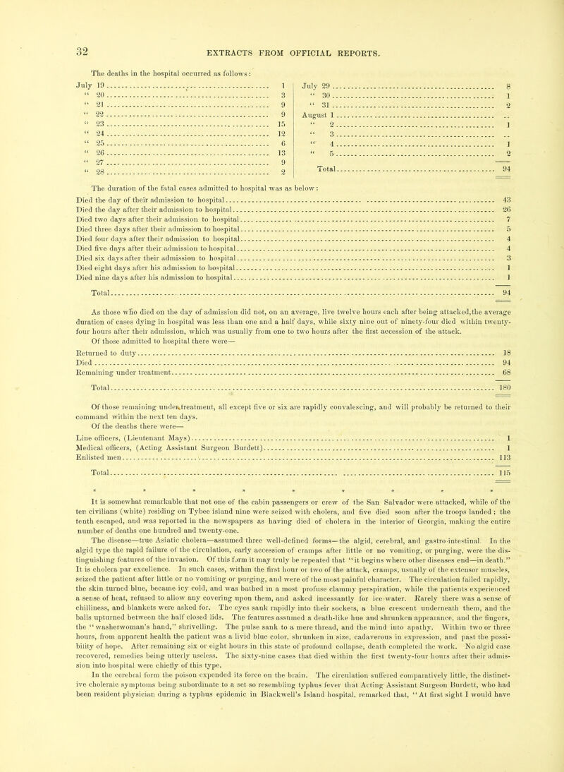 The deaths in the hospital occurred as follows; July 29 ., “ 30.. “ 31.. August 1 “ 2 “ 3 “■ 4 “ 5. Total The duration of the fatal cases admitted to hospital was as below: Died the day of their admission to hospital Died the day after their admission to hospital Died two days after their admission to hospital Died three days after their admission to hospital Died four days after their admission to hospital Died five days after their admission to hospital Died six days after their admission to hospital Died eight days after his admission to hospital Died nine days after his admission to hospital Total July 19 1 “ 20 ’. 3 “ 21 9 “ 22 9 “ 23 15 “ 24 12 “ 25 6 “ 26 13 “ 27 9 “ 28 2 8 1 2 1 1 2 94 43 26 7 5 4 4 3 1 1 94 As those who died on the day of admission did not, on an average, live twelve hours each after being attacked,the average duration of cases dying in hospital was less than one and a half days, while sixty nine out of ninety-four died within twenty- four hours after their admission, which was usually from one to two hours after the first accession of the attack. Of those admitted to hospital there were— Returned to duty Died ... Remaining under treatment Total 18 94 68 180 Of those remaining under<treatmeut, all except five or six are rapidly convalescing, and w’ill probably be returned to their command within the next ten days. Of the deaths there were— Line officers, (Lieutenant Mays) 1 Medical officers, (Acting Assistant Surgeon Burdett) 1 Enlisted men 113 Total 115 It is somewhat remarkable that not one of the cabin passengers or crew' of the San Salvador were attacked, while of the ten civilians (white) residing on Tybee island nine w’ere seized with cholera, and five died soon after the troops landed ; the tenth escaped, and w'as reported in the newspapers as having died of cholera in the interior of Georgia, making the entire number of deaths one hundred and twenty-one. The disease—true Asiatic cholera—assumed three well-defined forms—the algid, cerebral, and gastro-intestinal. In the algid type the rapid failure ot the circulation, early accession of cramps after little or no vomiting, or purging, w'ere the dis- tinguishing features of the invasion. Ot this form it may truly be repeated that “it begins where other diseases end—in death.” It is cholera par excellence. In such cases, within the first hour or two of the attack, cramps, usually of the extensor muscles, seized the patient after little or no vomiting or purging, and were of the most painful character. The circulation failed rapidly, the skin turned blire, became icy cold, and was bathed in a most profuse clammy perspiration, wJiile the patients experienced a sense of heat, refused to allow any covering upon them, and asked incessantly for ice-w'ater. Rarely there was a sense of chilliness, and blankets were asked tor. The eyes sank rapidly into their sockets, a blue crescent underneath them, and the balls upturned between the half closed lids. The features assumed a death-like hue and shrunken appearance, and the fingers, the “washerwoman’s hand,” shrivelling. The pulse sank to a mere thread, and the mind into apathy. Within two or three hours, from apparent health the patient was a livid blue color, shrunken in size, cadaverous in expres.sion, and past the possi- bility of hope. After remaining six or eight hours in this state of profound collapse, death completed the w'ork. No algid case recovered, remedies being utterly useless. The sixty-nine cases that died within the first twenty-four hours after their admis- sion into hospital were chiefly of this type. In the cerebral form the poison expended its force on the brain. The circulation suffered comparatively little, the distinct- ive choleraic symptoms being subordinate to a set so resembling typhus fever that Acting Assistant Surgeon Burdett, who had been resident physician during a typhus epidemic in Blackwell’s Island hospital, remarked that, “At first sight I would have