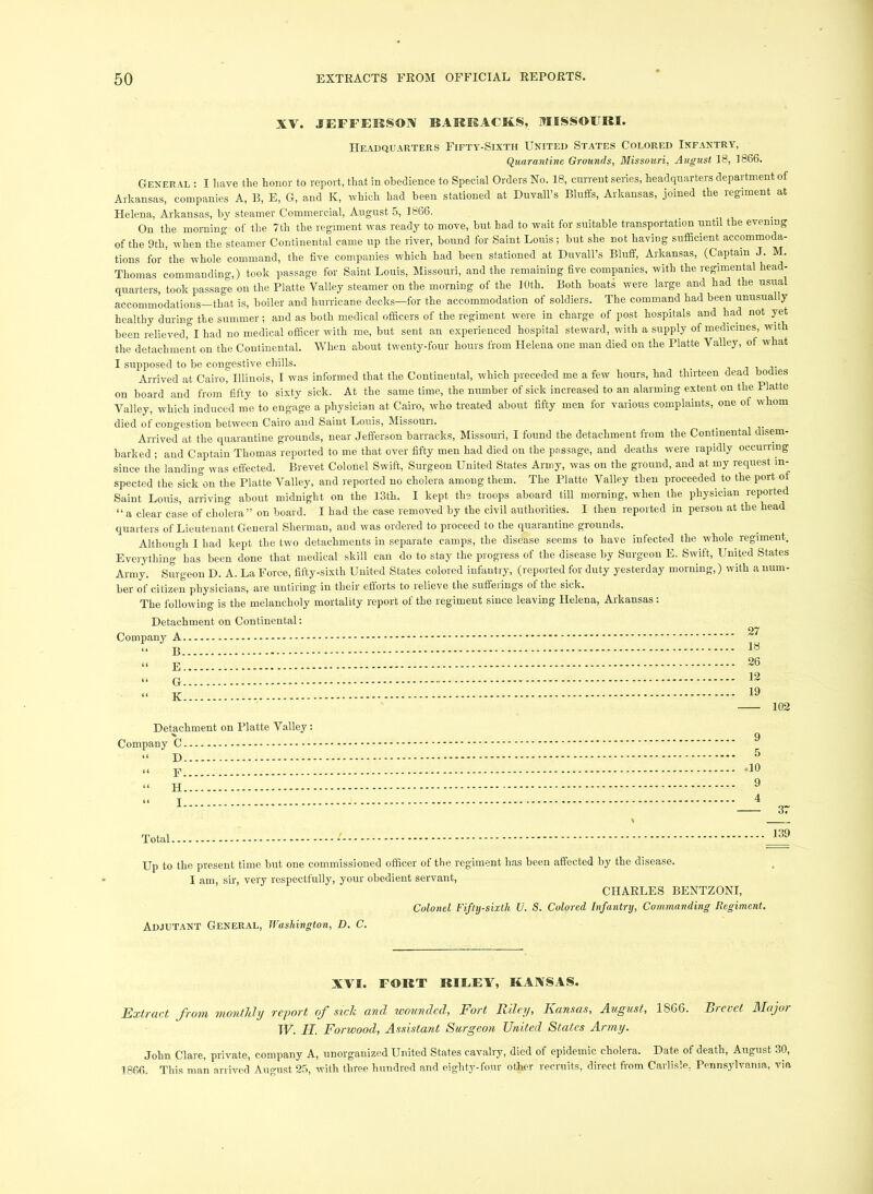 XV. JEFFEKSOX BAKMACRS, MISSOEKI. Headquarters Fifty-Sixth United States Colored Infantry, (Quarantine Grounds, Missouri, August 18, 1866. General ; I have the honor to report, that in obedience to Special Orders No. 18, cuiTeut series, headquarters department of Arkansas, companies A, 13, E, G, and K, which had been stationed at Duvall’s Bluffs, Arkansas, joined the regiment at Helena, Arkansas, by steamer Commercial, August 5, 1866. ^ On the morning of the 7th the regiment was ready to move, but had to wait for suitable transportation until the evening of the 9th, w'hen the steamer Continental came up the river, bound for Saint Louis ; but she not having sufficient accommoda- tions for the whole command, the five companies which had been stationed at Duvall’s Bluff, Arkansas, (Captain J. M. Thomas commanding,) took passage for Saint Louis, Missouri, and the remaining five companies, with the regimental head- quarters, took passage on the Platte Valley steamer on the morning of the 10th. Both boats were large and had the usual accommodations—that is, boiler and hurricane decks—for the accommodation of soldiers. The command had been unusually healthy during the summer; and as both medical officers of the regiment were in charge of post hospitals and had not yet been relieved, I had no medical officer with me, but sent an experienced hospital steward, with a supply of medicines, with the detachment on the Continental. When about twenty-four hours from Helena one man died on the Platte Valley, of what I supposed to be congestive chills. _ i j n .i- Arrived at Cairo, Illinois, I was informed that the Continental, which preceded me a few hours, had thirteen dead bodies on board and from fifty to sixty sick. At the same time, the number of sick increased to an alarming extent on the Platte Valley, which induced me to engage a physician at Cairo, who treated about fifty men for various complaints, one of whom died of congestion between Cairo and Saint Louis, Missouri. Arrived at the quarantine grounds, near Jefferson barracks, Missouri, I found the detachment from the Conrinental disem- barked ; and Captain Thomas reported to me that over fifty men had died on the passage, and deaths were rapidly occurring since the landing was effected. Brevet Colonel Swift, Surgeon United States Army, was on the ground, and at my request in- spected the sick°on the Platte Valley, and reported no cholera among them. The Platte Valley then proceeded to the port of Saint Louis, arriving about midnight on the 13th. I kept the troops aboard till morning, when the physician reported “a clear case of cholera” on board. I had the case removed by the civil authorities. I then reported in person at the head quarters of Lieutenant General Sherman, and rvas ordered to proceed to the quaiantine grounds. Although I had kept the two detachments in separate camps, the disease seems to have infected the wffiole^ regiment. Everything'’has been done that medical skill can do to stay the progress of the disease by Surgeon E. Swift, UnUed States Army. Surgeon D. A. La Force, fifty-sixth United States colored infantry, (reported for duty yesterday morning,) with a num- ber of citizen physicians, are untiring in their efforts to relieve the sufferings of the sick. The following is the melancholy mortality report of the regiment since leaving Helena, Arkansas: Detachment on Continental; 27 Company A “ “ 26 n 12 102 Detachment on Platte Valley: % Company C “ D “ “ H “ I 9 5 .10 9 4 37 Total Up to the present time but one commissioned officer of the regiment has been affected by the disease. I am, sir, very respectfully, your obedient servant, CHARLES BENTZONI, Colonel Fiftij-sixth U. S. Colored Infantry, Commanding Regiment. 139 Adjutant General, Washington, D. C. XVJ. FORT RIEEA% KAXSAS. Extract from monthly report of sick and wounded. Fort Riley, Kansas, August, 1866. Brevet Major W. II. Forwood, Assistant Surgeon United States Army. John Clare, private, company A, unorganized United States cavalry, died of epidemic cholera. Date of death, August 30, 1866. This man arrived August 2n, writh three hundred and eighty-four other recruits, direct from Carlisle, Pennsylvania, via