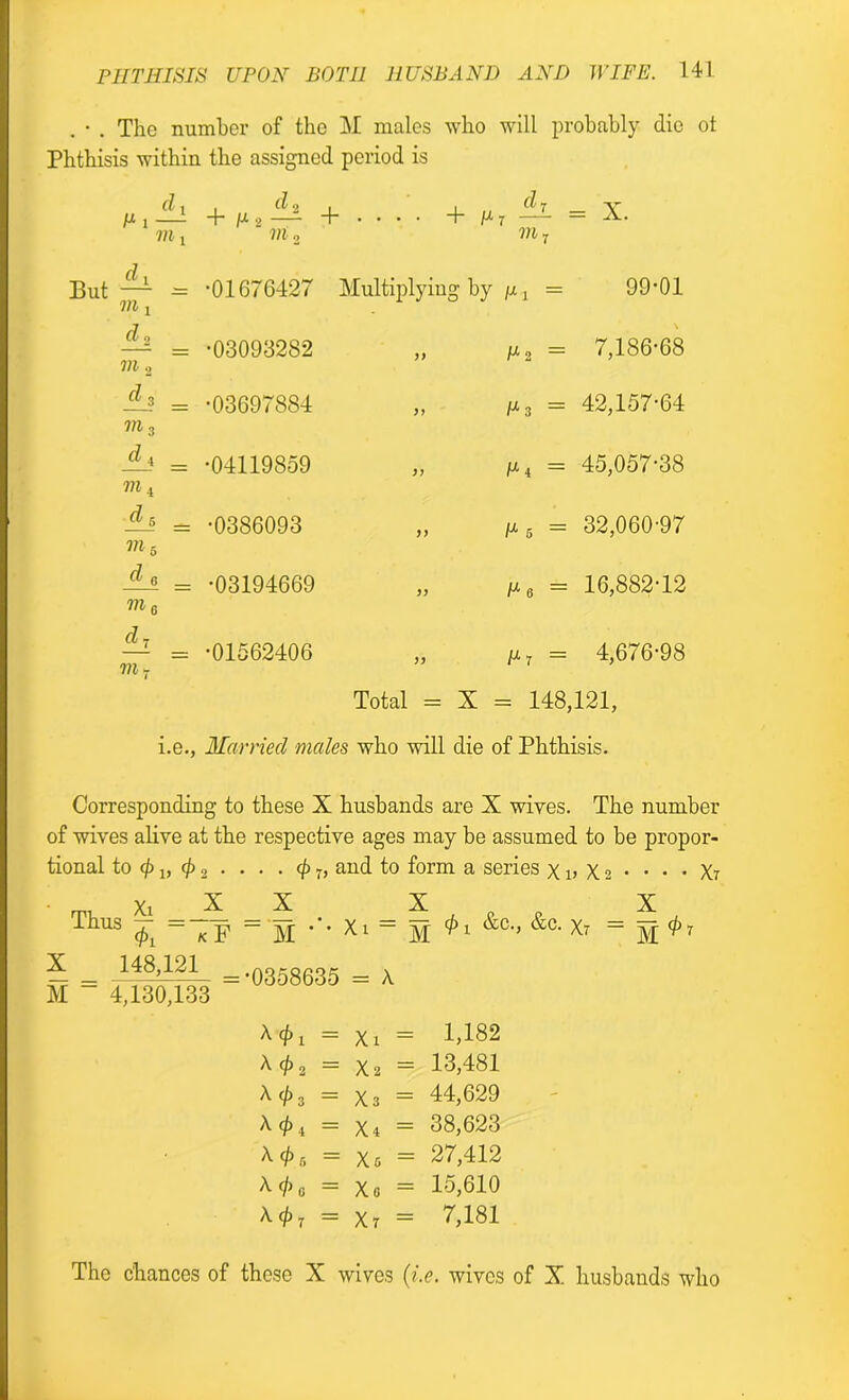 . • . The number of the M males who will probably die Phthisis within the assigned period is dl M 1 —- . d q + M 2 — + . . . • + M T h. = X. VI ! VI 2 m7 d t But — = 111 j •01676427 Multiplying by M x = 99*01 d2 •03093282 M2 = 7,186-68 111 2 d 3 •03697884 >1 M3 = 42,157-64 in 3 d* = •04119859 M4 = 45,057-38 m4 dj> = •0386093 )) ix 5 = 32,060-97 m5 d B _ •03194669 jy M6 = 16,882T2 m6 dj •01562406 yy MT = 4,676-98 VI 7 Total = X : = 148,121, i.e., Married males who will die of Phthisis. Corresponding to these X husbands are X wives. The number of wives alive at the respective ages may be assumed to be propor- tional to 0 j, 0 2 . . . . 0 r, and to form a series x v X 2 • • • • Xr rn, Xl X X Thus 04 “ K F “ M y Xi = &c-> &C. Xr X M X _ 148,121_ =.0358635 = K M “ 4,130,133 *<*>! = Xi = 1,182 A 0 2 = X2 13,481 A (/)3 = X 3 = 44,629 A 0 4 = X 4 = 38,623 *•06 = X 6 = 27,412 A 0 0 = Xo = 15,610 A 0 T = Xr = 7,181 The chances of these X wives (i.e. wives of X husbands who