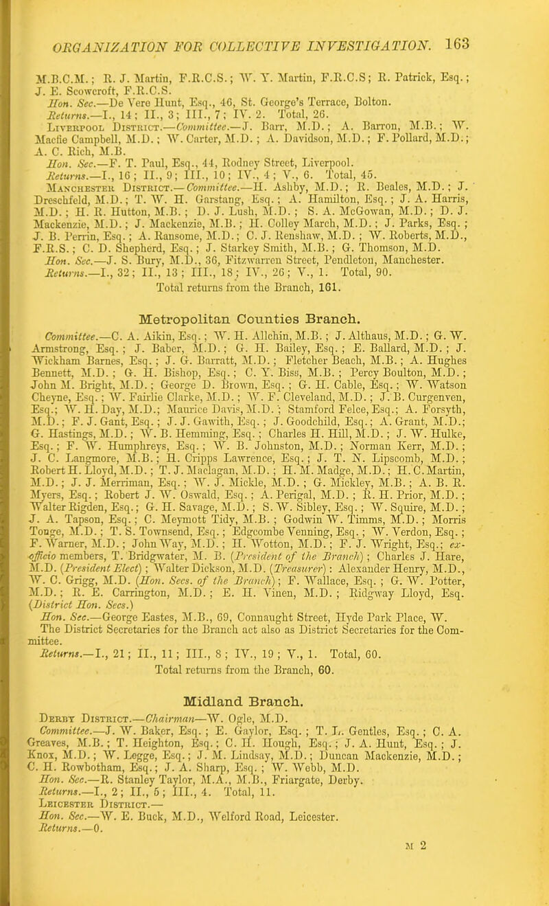 M.B.C.M.; R. J. Martin, F.R.C.S.; AAr. Y. Martin, F.R.C.S; R. Patrick, Esq.; J. E. Scowcroft, F.R.C.S. Hon. Sec.—De Yere Hunt, Esq., 46, St. George’s Terrace, Bolton. He turns.—I., 14; II., 3; III., 7; IV. 2. Total, 26. Liverpool District.—Committee.—J. Barr, M.D.; A. Barron, M.B.; AY. Macfie Campbell, M.D.; AY. Carter, M.D. ; A. Davidson, M.D.; F. Pollard, M.D.; A. C. Rich, M.B. Hon. Sec.—F. T. Paul, Esq., 44, Rodney Street, Liverpool. Returns.—I., 16; II., 9; III., 10; IV., 4; Ar., 6. Total, 45. Manchester District.— Committee.—II. Ashby, M.D.; R. Beales, M.D.; J. Drescbfeld, M.D.; T. AY. H. Garstang, Esq.; A. Hamilton, Esq.; J. A. Harris, M.D.; H. R. Hutton, M.B.; D. J. Lush, M.D. ; S. A. McGowan, M.D.; D. J. Mackenzie, M.D.; J. Mackenzie, M.B.; H. Colley March, M.D.; J. Parks, Esq. ; J. B. Perrin, Esq.; A. Ransome, M.D.; C. J. Renshaw, M.D. ; AY. Roberts, AI.D., F.R.S.; C. D. Shepherd, Esq.; J. Starkey Smith, M.B.; G. Thomson, M.D. Hon. Sec.—J. S. Bury, M.D., 36, Fitzwarren Street, Pendleton, Manchester. Returns.—I., 32; II., 13; III., 18 ; IV., 26; V., 1. Total, 90. Total returns from the Branch, 161. Metropolitan Counties Branch. Committee.—C. A. Aikin, Esq.; AAr. II. Allchin, M.B.; J. Althaus, M.D.; G. AY. Armstrong, Esq. ; J. Baber, M.D.; G. H. Bailey, Esq. ; E. Ballard, M.D.; J. AYickham Barnes, Esq. ; J. G. Barratt, M.D.; Fletcher Beach, M.B.; A. Hughes Bennett, M.D. ; G. H. Bishop, Esq.; C. Y. Biss, M.B. ; Percy Boulton, M.D.; John M. Bright, M.D.; George D. Brown, Esq. ; G. H. Cable, Esq.; AY. AYatson Cheyne, Esq.; AY. Fair-lie Clarke, M.D.; AY. F. Cleveland, M.D.; J. B. Curgenven, Esq.; AY. H. Day, M.D.; Maurice Davis, AI.D.'; Stamford Felce, Esq.; A. Forsyth, M.D.; F. J. Gant, Esq.; J. J. Gawith, Esq.; J. Goodchild, Esq.; A. Grant, M.D.; G. Hastings, M.D.; AY. B. Hemming, Esq.; Charles H. Hill, M.D.; J. AY. Hulke, Esq.; F. AY. Humphreys, Esq.; AY. B. Johnston, M.D.; Norman Iverr, M.D.; J. C. Langmore, M.B.; H. Cripps Lawrence, Esq.; J. T. N. Lipscomb, M.D.; Robert H. Lloyd, M.D.; T. J. Maclagan, M.D.; H. M. Madge, M.D.; H.C.Martin, M.D.; J. J. Merriman, Esq.; AAr. j. Mickle, M.D. ; G. Mickley, M.B.; A. B. R. Myers, Esq.; Robert J. AY. Oswald, Esq.; A. Perigal, M.D. ; R. H. Prior, M.D.; AYalter Rigden, Esq.; G. H. Savage, M.D.; S. AY. Sibley, Esq.; AY. Squire, M.D.; J. A. Tapson, Esq.; C. Meymott Tidy, M.B. ; Godwin AY. Timms, M.D.; Morris Tonge, AI.D.; T. S. Townsend, Esq.; Edgcombe Venning, Esq.; AY. Arerdon, Esq.; F. AYamer, AI.D.; JohnAYay, AI.D.; H. AYotton, AI.D.; F. J. AYright, Esq.; ex- officio members, T. Bridgwater, AI. B. [President of the Branch); Charles J. Hare, AI.D. [President Elect); AYalter Dickson, AI.D. (Treasurer): Alexander Henry, AI.D., AY. C. Grigg, AI.D. [Hon. Secs, of the Branch); F. AYallace, Esq. ; G. AY. Potter, AI.D.; R. E. Carrington, AI.D.; E. H. Arinen, AI.D.; Ridgway Lloyd, Esq. [District Hon. Secs.) Hon. Sec.—George Eastes, M.B., 69, Connaught Street, Hyde Park Place, AY. The District Secretaries for the Branch act also as District Secretaries for the Com- mittee. Returns.— I., 21; II., II; III., 8 ; IV., 19 ; V., 1. Total, 60. Total returns from the Branch, 60. Midland Branch. Derby District.—Chairman—AY. Ogle, AI.D. Committee.—J. AY. Baker, Esq. ; E. Gaylor, Esq. ; T. L. Gentles, Esq.; C. A. Greaves, AI.B.; T. Heighten, Esq.; C. II. Hough, Esq.; J. A. Hunt, Esq.; J. Knox, AI.D.; AY. Legge, Esq.; J. M. Linclsay, AI.D.; Duncan Alackenzie, M.D.; C. H. Rowbotham, Esq.; J. A. Sharp, Esq. ; AY. AYebb, AI.D. Hon. Sec.—R. Stanley Taylor, M.A., AI.B., Friargate, Derby. Returns.—I., 2; II., 5; III., 4. Total, 11. Leicester District.— Hon. Sec.—AY. E. Buck, M.D., AYelford Road, Leicester. Returns.—0.